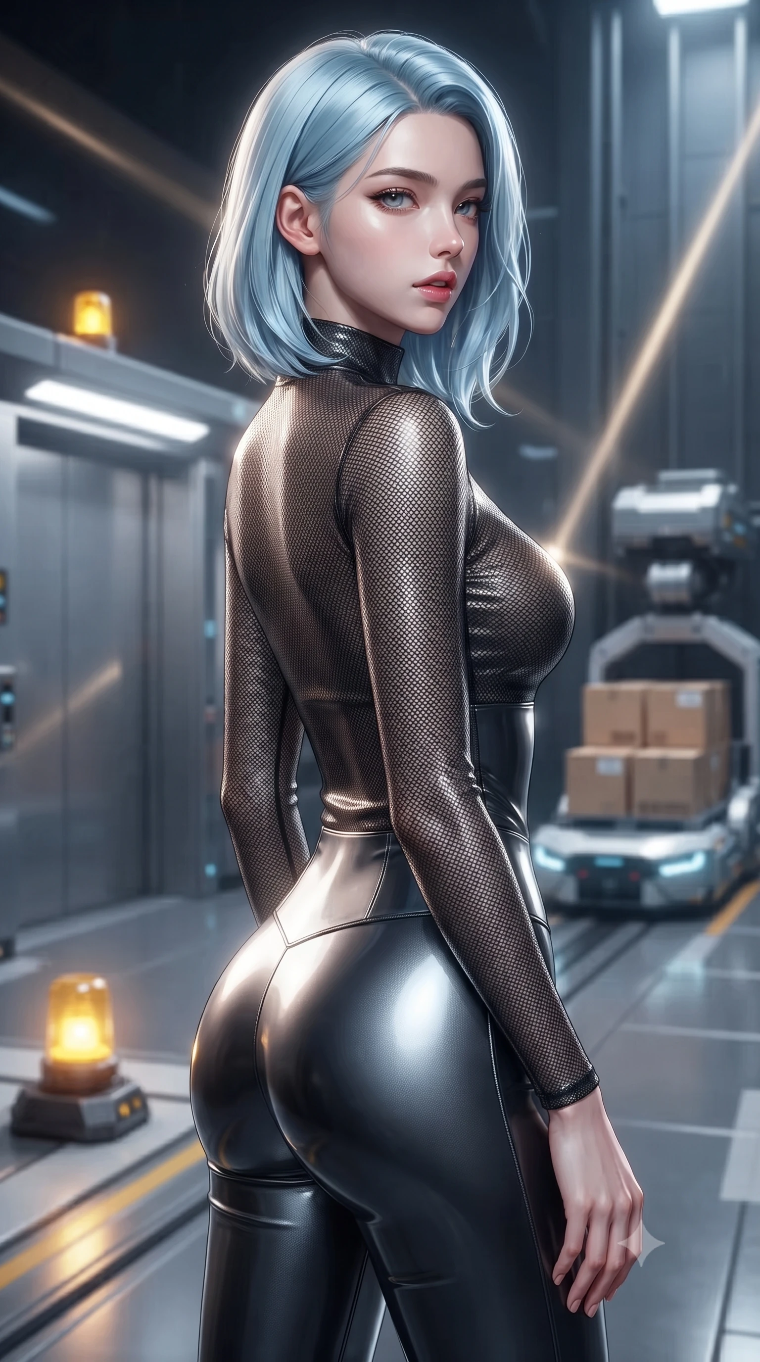 score_9, masterpiece, best quality, ultra-detailed, high-budget anime keyframe, editorial fashion photography, tasteful artistic composition, Korean woman. close-up cowboy shot from the waist and thighs up, the character dominates the composition, filling the frame with her large presence, background elements kept in soft focus. turning her face in profile to look over her shoulder, casting a smoldering side gaze with lips slightly parted, the background shows a soft-focus an elevator platform with yellow beacons transporting cargo boxes. She has an exceptionally elegant, slender, and willowy female figure with an ultra-slim waist, a gracefully sculpted slender torso, and a refined silhouette. sharp v-shaped jawline, high-bridge nose, intricate jewel-like eyes with depth, thick eyelashes, glossy lips with a natural sheen. wearing a slim-fit body-hugging carbon-mesh mock-neck top paired with tight-fitting carbon-fiber leggings. dynamic moving light beams from passing elevator shaft signal lamps. ultra-reflective glossy finish, specular highlights, metallic sheen, high-contrast stereoscopic depth, volumetric dynamic lighting, 2k, ultra detail, master piece, 9:16 ratio