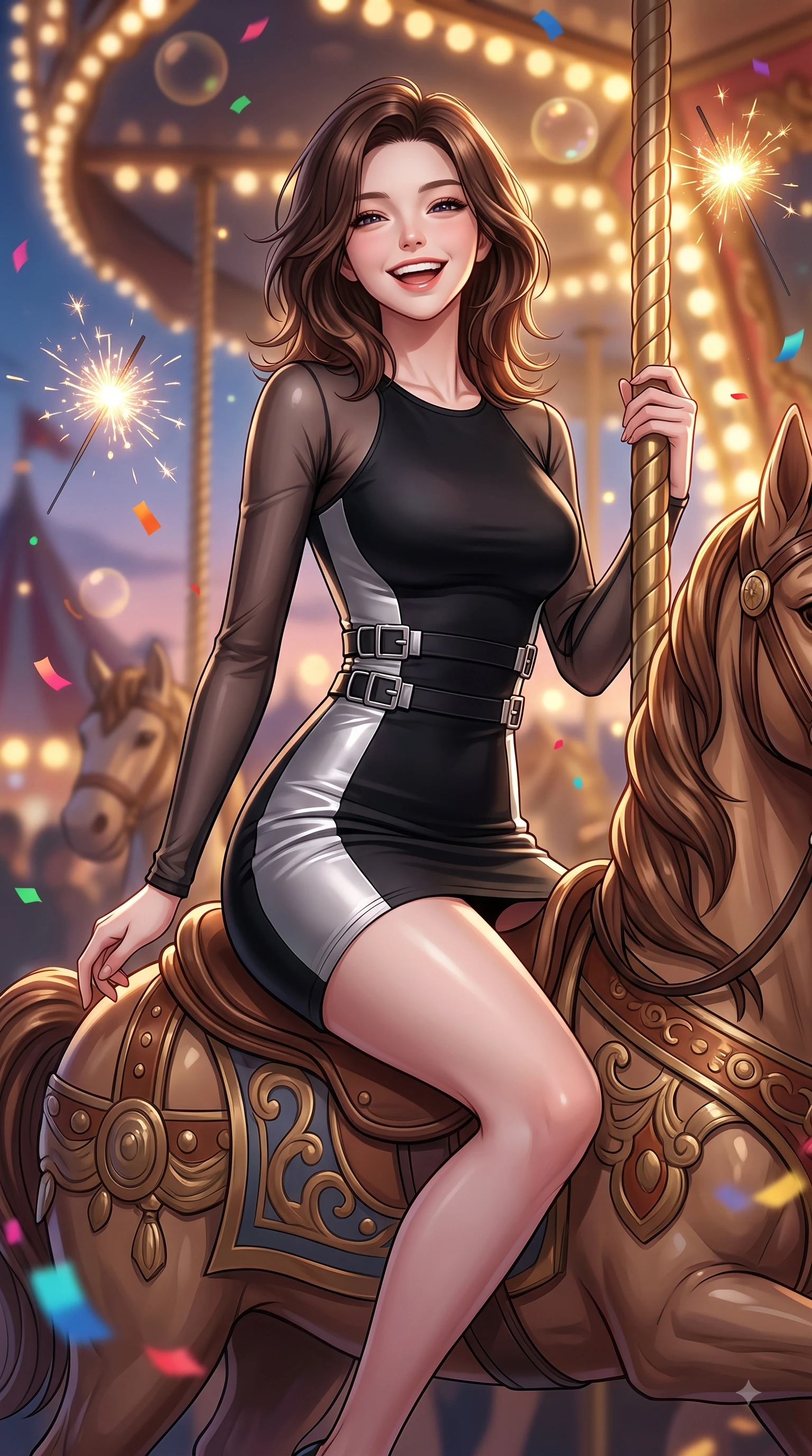 score_9, masterpiece, best quality, ultra-detailed, high-budget anime keyframe, editorial fashion photography, tasteful artistic composition, Korean woman. close-up cowboy shot from the waist and thighs up, the character dominates the composition, filling the frame with her large presence, background elements kept in soft focus. Tilting her chin up with a beaming smile of pure delight while balancing dynamically amidst the scene while riding a ornate wooden carousel horse with a pure, joyful laughing expression at dusk, floating sparklers and carnival confetti adding festive, happy energy to the air. She has an exceptionally elegant, slender, and willowy female figure with an ultra-slim waist, a gracefully sculpted slender torso, and a refined silhouette. sharp v-shaped jawline, high-bridge nose, intricate jewel-like eyes with depth, thick eyelashes, glossy lips with a natural sheen, flawlessly proportioned anatomical accuracy, natural body alignment, perfectly sculpted elegant limbs, clean dynamic posture without body distortion. wearing a sleek bodycon knit dress with strategic sheer organza sleeve panels in matte black and polished silver, woven from fine semi-opaque sheer organza, detailed with polished silver buckles along the waistline, the sleek second-skin texture accentuating her magnetic presence. illuminated by cheerful festive backlighting with soft golden bokeh bubbles. highly saturated vibrant anime colors, detailed shading with soft gradients, rich glossy textures, high-contrast stereoscopic depth, volumetric dynamic lighting, master piece, 9:16 ratio