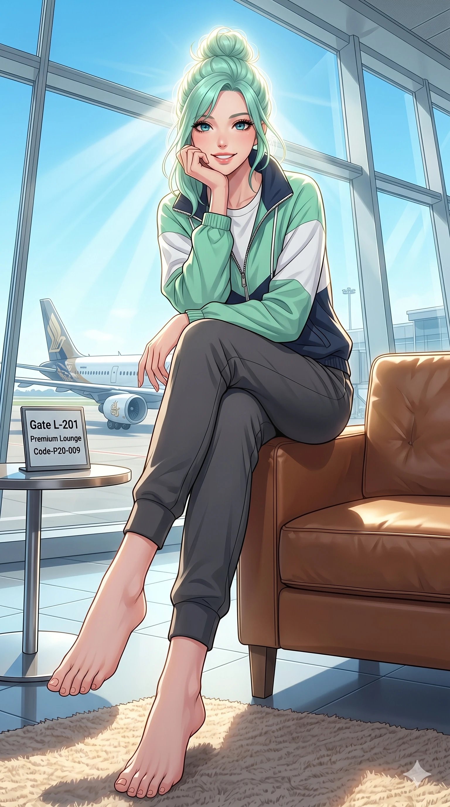 score_9, masterpiece, best quality, ultra-detailed, high-budget anime keyframe, vibrant anime aesthetic, Japanese woman. low angle full-body shot from head to toe showing her feet, filling the entire 9:16 vertical frame with her statuesque presence, stretching her vertical silhouette. She is posing with a lively, charming smile, resting her chin on her hand playfully inside a premium airport lounge with panoramic floor-to-ceiling glass showing a sunny runway (Code-P20-009). She has an absolutely perfect 8-heads proportion, an exceptionally tall and slender female figure with impossibly long slender legs and an ultra-slim waist. V-shaped jawline, high-bridge nose, intricate jewel-like eyes with depth, thick eyelashes, glossy lips with a natural sheen. wearing a designer windbreaker over a classic crewneck tee and tailored sweatpants. She is drenched in brilliant midday sunbeams, casting a radiant halo around her hair. 2k, ultra detail, master piece, 9:16 ratio