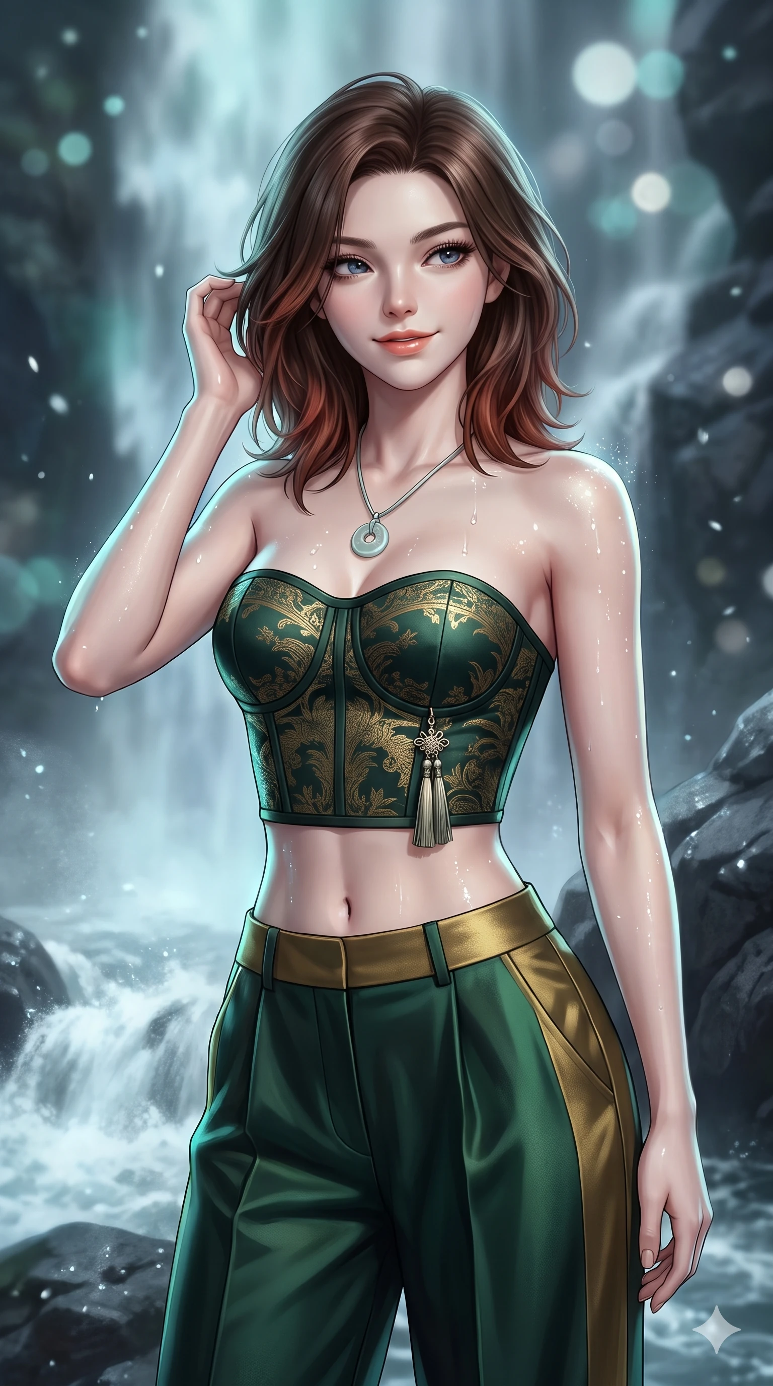 score_9, masterpiece, best quality, ultra-detailed, high-budget anime keyframe, semi-realistic 3D game render, editorial fashion photography, tasteful artistic composition, Korean woman. close-up cowboy shot from the waist and thighs up, the character dominates the composition, filling the frame with her large presence. gently brushing a lock of silk hair behind her ear while casting a playful, flirtatious side-gaze with long eyelashes while twisting her slender torso in an alluring contrapposto stance, waterfall spray droplets and moonbeams glistening across her flat midriff. The background shows a soft-focus churning white waterfall cascades, misty granite gorges, and distant mountain pine peaks blurred into aquamarine, silver, and slate bokeh. She has an exceptionally elegant, slender, and willowy female figure with an ultra-slim waist, flat toned midriff, narrow ribcage, and sculpted feminine hips creating an alluring, slim hourglass silhouette without bulk. sharp v-shaped jawline, high-bridge nose, sparkling eyes with hypnotic seductive depth, thick curled eyelashes, glossy parted lips with a natural dewy peach sheen, alluring bedroom-eyes with an enchanting coquettish smile, exuding magnetic siren charisma and sophisticated glamour, flawlessly proportioned anatomical accuracy, strict slender model proportions, natural body alignment, perfectly sculpted long slender limbs, ultra-slim waistline, clean dynamic posture without body distortion. wearing a modern strapless boned hanbok bustier with traditional norigae tassel accents paired with high-waisted wide-leg silk trousers in dark emerald forest and brushed antique gold, tailored from heavy double-faced silk faille with an exceptionally fluid drape, finished with a minimalist celadon porcelain pendant on a fine silk cord, the bespoke structured tailoring following the natural line of her 8.5-heads silhouette with refined elegance. illuminated by waterfall foam bounce and sharp cyan-aquamarine rim lights sculpting her razor-sharp jawline, narrow waist, and curvy hips. highly saturated vibrant anime colors, detailed shading with soft gradients, rich glossy textures, high-contrast stereoscopic depth, volumetric dynamic lighting, master piece, 9:16 ratio