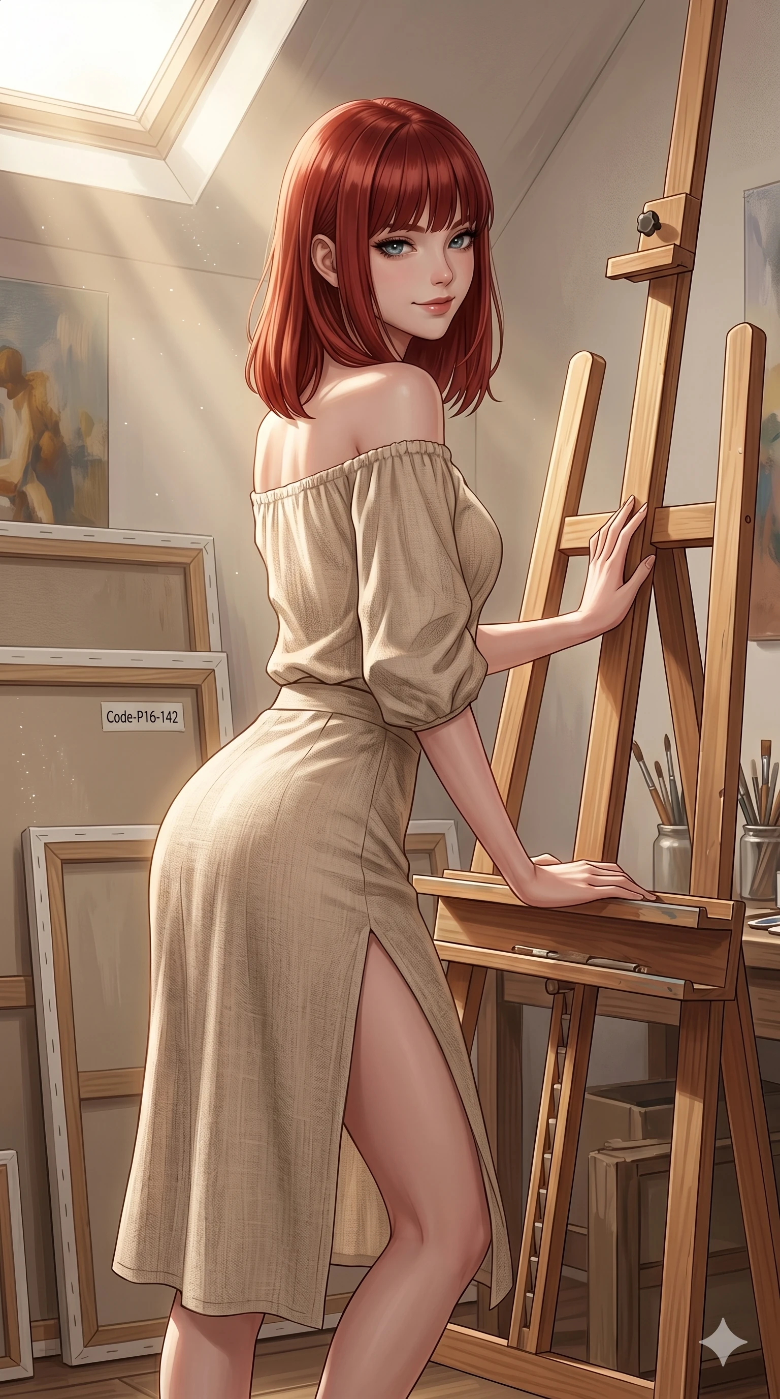 score_9, masterpiece, best quality, ultra-detailed, high-budget anime keyframe, editorial fashion photography, tasteful artistic composition, Caucasian woman, strictly human ears. cowboy shot from the thighs up, character and outfit filling the frame for maximum editorial presence. leaning against an easel, looking over her shoulder with a magnetic, teasing half-smile inside a quiet, sun-washed art studio with oil canvases (Code-P16-142). She has an absolutely perfect 8-heads proportion, an exceptionally tall and slender female figure with impossibly long slender legs and an ultra-slim waist. V-shaped jawline, high-bridge nose, intricate jewel-like eyes with depth, thick eyelashes, glossy lips with a natural sheen. wearing a beige off-shoulder top showing her elegant clavicle, paired with a split linen skirt. drenched in soft morning sunbeams flowing from a high window, creating a serene mood. 2k, ultra detail, master piece, 9:16 ratio