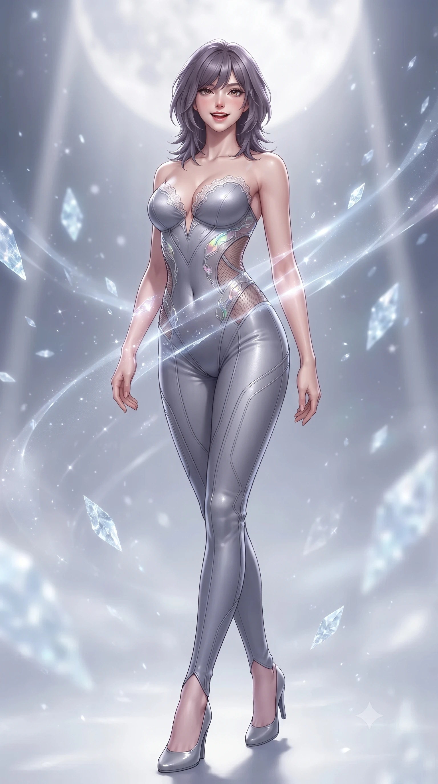 score_9, masterpiece, best quality, ultra-detailed, high-budget anime keyframe, editorial fashion photography, tasteful artistic composition, Japanese woman. low angle full-body shot from head to toe showing her feet, filling the entire 9:16 vertical frame with her statuesque presence, stretching her vertical silhouette. stepping slowly toward the camera with hypnotic grace, hips swaying in an alluring sensual rhythm that accentuates her curvy hourglass silhouette and long slender legs while twisting her slender torso in an alluring S-curve, shimmering ice crystal reflections and starlight painting sensual light ribbons across her flat midriff and hips. The background shows a soft-focus ice crystal mist softened in outer-moon observation sanctuary shallow focus. She has an exceptionally tall and slender model-like 8.5-heads proportion, an ultra-slim waist, a flat toned midriff, narrow delicate ribcage, and beautifully sculpted feminine hips creating a graceful, slim hourglass silhouette without any bulky heaviness, with impossibly long slender legs. sharp v-shaped jawline, high-bridge nose, intricate jewel-like sparkling eyes with depth, thick eyelashes, glossy parted lips with a natural peach sheen, bright cheerful beaming smile with an enchanting and coquettish sensual glint, exuding both youthful cute charm and seductive allure, flawlessly proportioned anatomical accuracy, strict slender model proportions, natural body alignment, perfectly sculpted long slender limbs, ultra-slim waistline, clean dynamic posture without body distortion. wearing an alluring plunging sweetheart tactical bodice with sheer mesh side-waist cutouts contouring her ribs in iridescent mother-of-pearl and liquid molten silver, crafted from bespoke double-faced cashmere with an exceptionally soft tactile finish, finished with scalloped eyelash lace trim framing her sweetheart neckline with intimate elegance, the glove-like clinging cut tightly following the natural contour of her hips and long slender legs with youthful 8.5-heads elegance. illuminated by crystal plume reflection bounce and sharp diamond-white rim lights defining her jawline, narrow waist, and curvy hips. ultra-reflective glossy finish, specular highlights, rich textural contrasts, high-contrast stereoscopic depth, volumetric dynamic lighting, 2k, ultra detail, master piece, 9:16 ratio