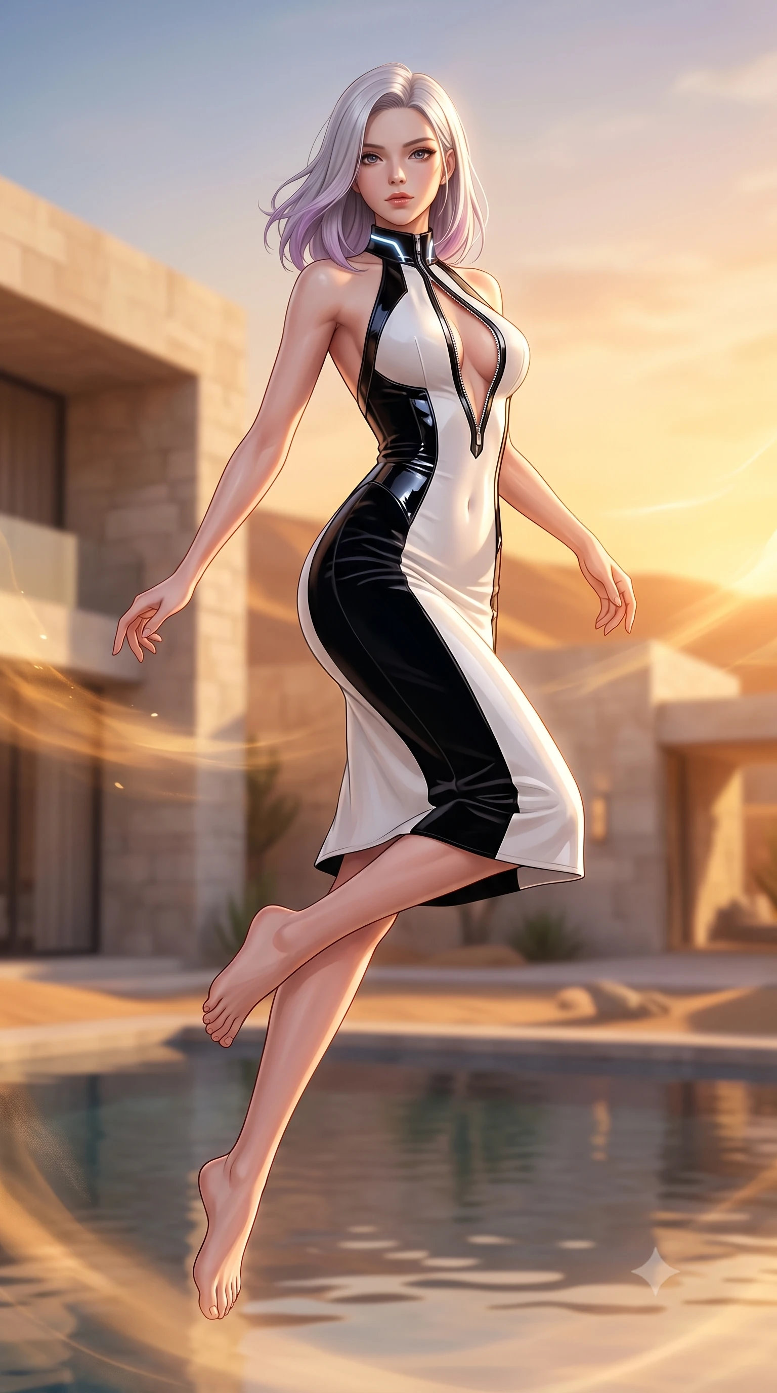 score_9, masterpiece, best quality, ultra-detailed, high-budget anime keyframe, semi-realistic 3D game render, editorial fashion photography, tasteful artistic composition, Caucasian woman. low angle full-body shot from head to toe showing her feet, filling the entire 9:16 vertical frame with her statuesque presence, stretching her vertical silhouette. leaping through mid-air with an athletic yet alluring arch of her spine, her impossibly long slender legs stretched in flawless poise while stretching her slender torso in an alluring back-arch as desert breezes swirl warm golden light around her. The composition keeps background elements in soft focus with creamy bokeh. modern limestone villa facades and reflecting pool waters softened in dreamy shallow focus. She has an absolutely perfect, statuesque 8.5-heads proportion, an exceptionally tall and slender model-like female figure with impossibly long slender legs, a toned flat midriff, and an ultra-slim waist. sharp v-shaped jawline, high-bridge nose, intricate jewel-like eyes with depth, thick eyelashes, glossy lips with a natural sheen, flawlessly proportioned anatomical accuracy, strict slender model proportions, natural body alignment, perfectly sculpted long slender limbs, ultra-slim waistline, clean dynamic posture without body distortion. wearing a velvet halter-neck midi dress fitting her statuesque contour flawlessly with a Tasteful chest slit and open spine in high-gloss monochrome white and sharp black contrast, formed from high-gloss patent material with specular light reflections, featuring a dangerously unzipped neckline framed by glowing cybernetic accents, the precision-cut daring openings accentuating her delicate midriff, graceful bare collarbones, and ultra-slim feminine waistline. bathed in blazing golden hour sunset radiance and warm amber horizon fill light. highly saturated vibrant anime colors, detailed shading with soft gradients, rich glossy textures, high-contrast stereoscopic depth, volumetric dynamic lighting, master piece, 9:16 ratio