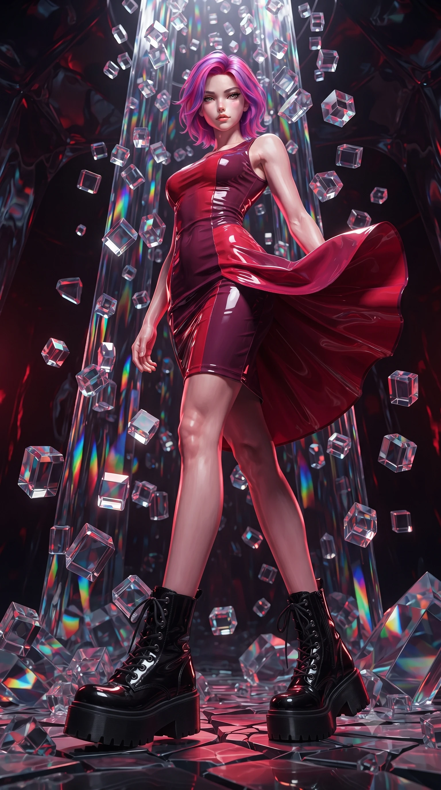 score_9, masterpiece, best quality, ultra-detailed, high-budget anime keyframe, editorial fashion photography, tasteful artistic composition, realistic cosplay photography, Caucasian woman, strictly human ears. low angle full-body shot from head to toe showing her feet, filling the entire 9:16 vertical frame with her statuesque presence, stretching her vertical silhouette. descending rapidly from above, her boots crushing the ground with impactful force within a waterfall made of falling polyhedral glass blocks, bouncing and sliding off each other in a geometric cascade. She has a statuesque 8.5-heads proportion, an exceptionally tall, slender and willowy model-like build with impossibly long legs and a highly sculpted ultra-slim waist. sharp v-shaped jawline, high-bridge nose, intricate jewel-like eyes with depth, thick eyelashes, glossy lips with a natural sheen. wearing the lightweight fabric rippling and billowing dramatically with her movement, a tailored glossy vinyl-effect pencil dress in dual-tone cherry red and plum, sculpting her slender silhouette with lacquered perfection. deep crimson theatrical lighting with sharp specular highlights on every curve. ultra-reflective glossy finish, specular highlights, metallic sheen, high-contrast stereoscopic depth, volumetric dynamic lighting, 2k, ultra detail, master piece, 9:16 ratio