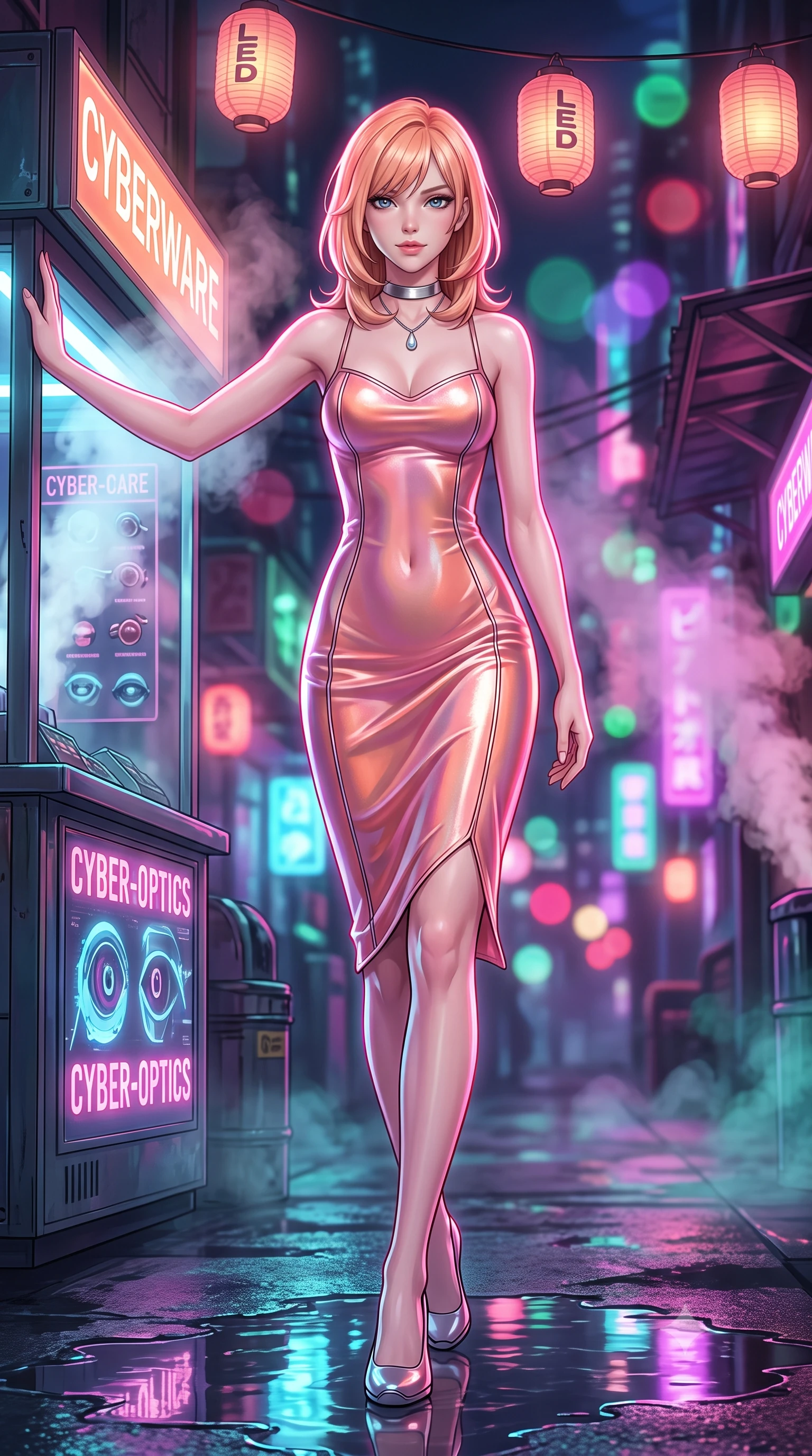score_9, masterpiece, best quality, ultra-detailed, high-budget anime keyframe, semi-realistic 3D game render, editorial fashion photography, tasteful artistic composition, Japanese woman. low angle full-body shot from head to toe showing her feet, filling the entire 9:16 vertical frame with her statuesque presence, stretching her vertical silhouette. stepping forward in a confident stride, her long slender legs and curvaceous hips creating a dynamic, sweeping vertical line while leaning against the illuminated cyberware merchant stall with hips cocked back, looking through rising steam plumes with dangerous bedroom-eyes. The background shows a soft-focus glowing neon signs for illegal cyber-optics, paper lanterns retrofitted with LEDs, and dense steam vents blurred into ruby, emerald, and violet bokeh. She has an exceptionally tall and slender model-like 8.5-heads proportion, an ultra-slim waist, a flat toned midriff, narrow delicate ribcage, and beautifully sculpted feminine hips creating a graceful, slim hourglass silhouette without any bulky heaviness, with impossibly long slender legs. sharp v-shaped jawline, high-bridge nose, intricate jewel-like sparkling eyes with depth, thick eyelashes, glossy parted lips with a natural peach sheen, bright cheerful beaming smile with an enchanting and coquettish sensual glint, exuding both youthful cute charm and seductive allure, flawlessly proportioned anatomical accuracy, strict slender model proportions, natural body alignment, perfectly sculpted long slender limbs, ultra-slim waistline, clean dynamic posture without body distortion. wearing a tailored liquid velvet combat sheath dress with subtle metallic piping following her feminine curves without bulk in Solaris liquid rose-quartz and alien peach, made of fluid liquid jersey with seamless sculpting hold and smooth contours, finished with a minimalist chrome choker and a single teardrop diamond pendant, the bespoke structured tailoring following the natural line of her 8.5-heads silhouette with refined elegance. illuminated by puddle reflection bounce and sharp neon-pink rim lights sculpting her jawline, narrow waist, and curvy hips. highly saturated vibrant anime colors, detailed shading with soft gradients, rich glossy textures, high-contrast stereoscopic depth, volumetric dynamic lighting, master piece, 9:16 ratio