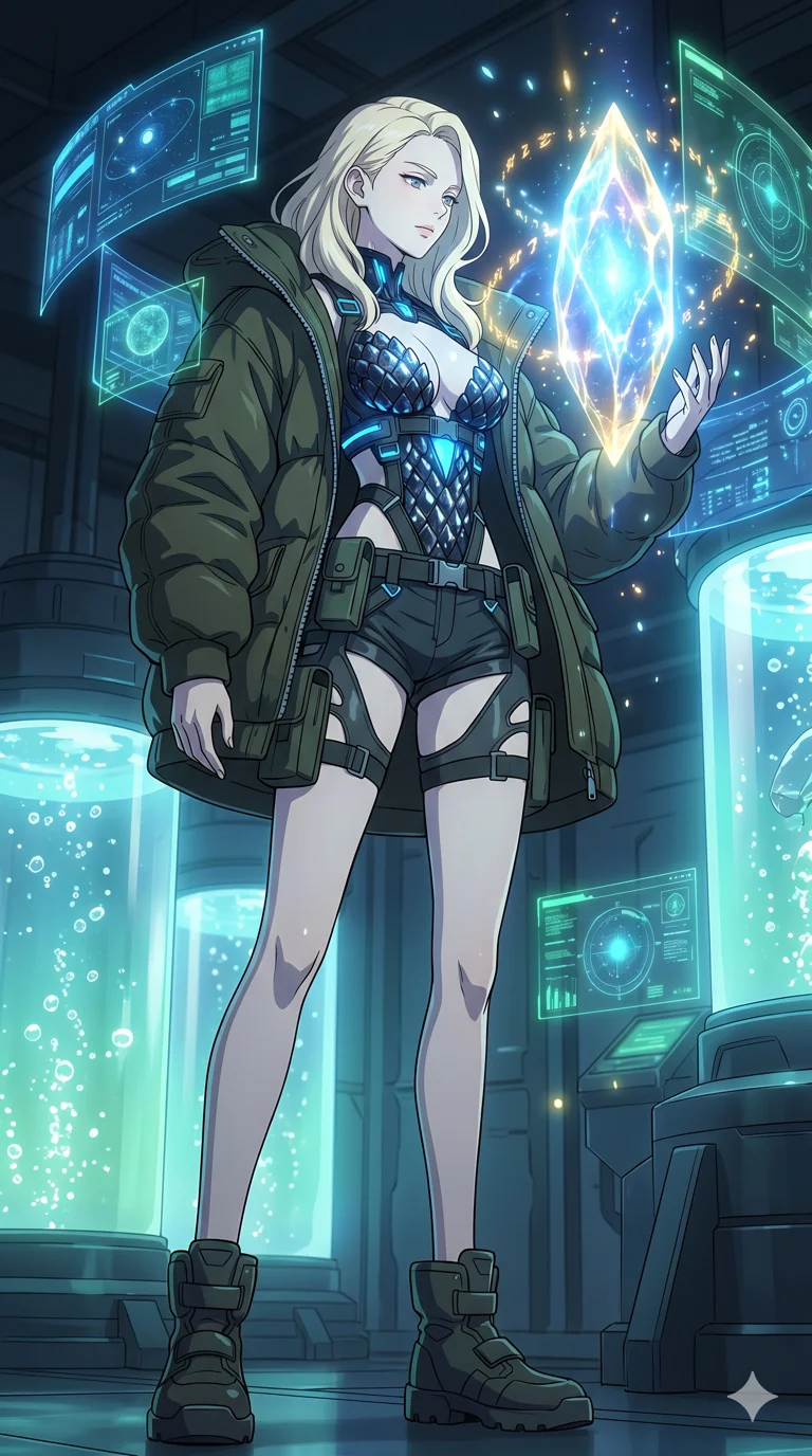 score_9, masterpiece, best quality, ultra-detailed, High-budget Anime Keyframe, vibrant colors, fluid line-art, expressive lighting, cinematic composition, Ufotable-style visual effects, top-tier animation quality, Caucasian woman with pale skin, blonde hair, and (strictly human ears). Dramatic low angle looking up at her majestic stature, dominating the vertical space of the composition. Communicating with ancient celestial beings via a massive glowing crystal core that pulses with divine energy. She has an absolutely perfect 8-heads proportion, an exceptionally tall and slender female figure with impossibly long slender legs and an ultra-slim waist, her statuesque height and towering silhouette dominating the vertical 9:16 frame. Her face is a masterpiece featuring a sharp v-shaped jawline, high-bridge nose, intricate jewel-like eyes with depth, thick eyelashes, and glossy lips with a natural sheen. She is wearing a Oversized puffer jacket worn over a micro-shorts and harness set, unzipped to reveal her chest crafted from Obsidian-glass scales that shimmer with a dark, crystalline brilliance, with integrated neon-lit tactical gear and suggestive cutouts on the thighs. The scene is set in a high-tech research laboratory with glowing glass tanks and complex holographic interfaces, illuminated by soft bioluminescent glow from the environment casting ethereal colors on her skin. 2k, ultra detail, master piece, 9:16 ratio