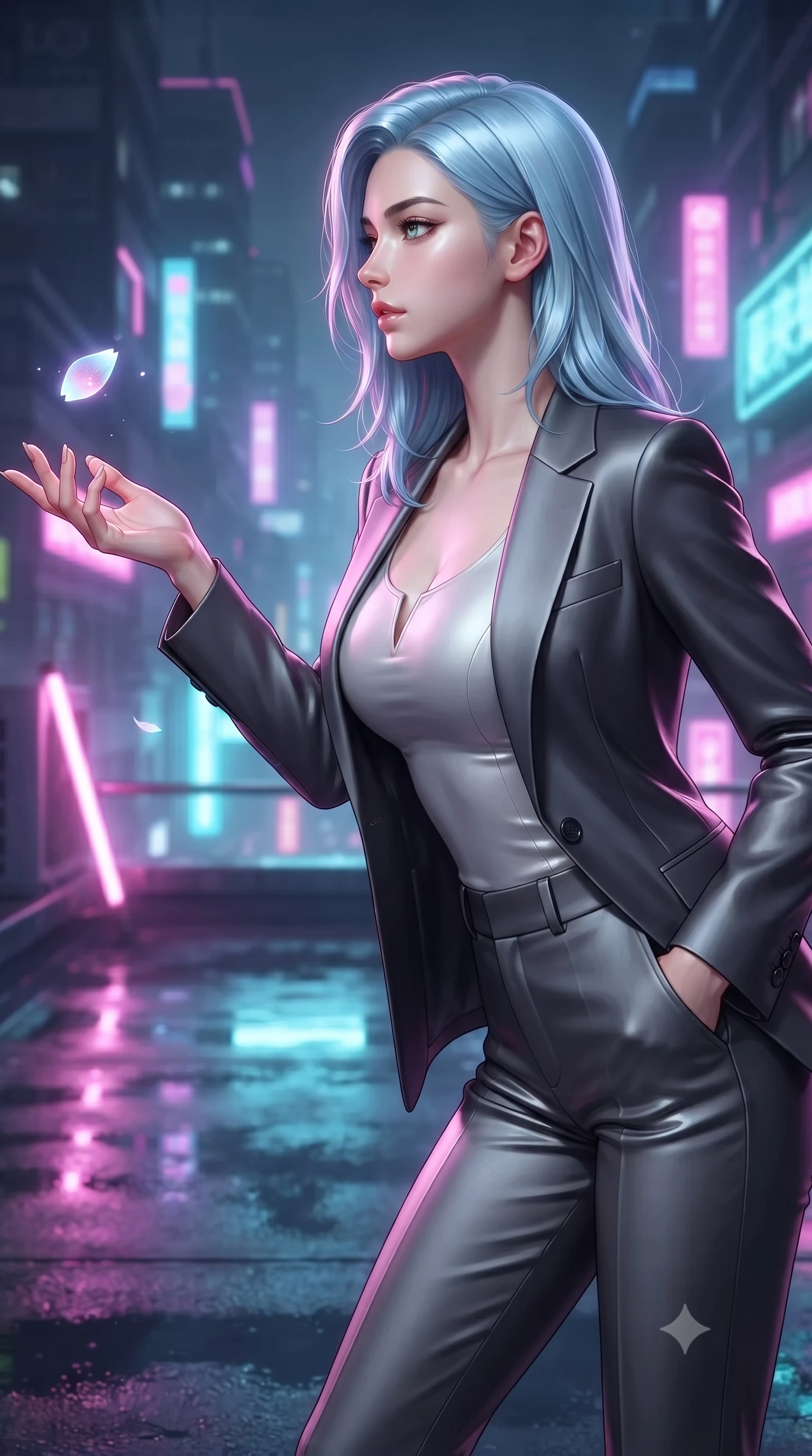 score_9, masterpiece, best quality, ultra-detailed, high-budget anime keyframe, editorial fashion photography, tasteful artistic composition, Korean woman. close-up cowboy shot from the waist and thighs up, the character dominates the composition, filling the frame with her large presence, background elements kept in soft focus. Turning her face in sharp profile while her upper body leans forward with poised athletic grace while reaching forward with one hand to catch a glowing holographic sakura petal, wet rooftop surfaces reflecting glowing pink, purple, and cyan neon light bars. She has an exceptionally elegant, slender, and willowy female figure with an ultra-slim waist, a gracefully sculpted slender torso, and a refined silhouette. sharp v-shaped jawline, high-bridge nose, intricate jewel-like eyes with depth, thick eyelashes, glossy lips with a natural sheen, flawlessly proportioned anatomical accuracy, natural body alignment, perfectly sculpted elegant limbs, clean dynamic posture without body distortion. wearing a tailored silk blazer over a form-contouring scoop-neck top and slacks in charcoal grey and platinum, formed from sleek second-skin neoprene, accented with a Tasteful chest slit framing her clavicle gracefully, the elegant draped fit framing her graceful clavicle and slender torso. surrounded by a high-energy futuristic cityscape atmosphere. ultra-reflective glossy finish, specular highlights, metallic sheen, high-contrast stereoscopic depth, volumetric dynamic lighting, 2k, ultra detail, master piece, 9:16 ratio