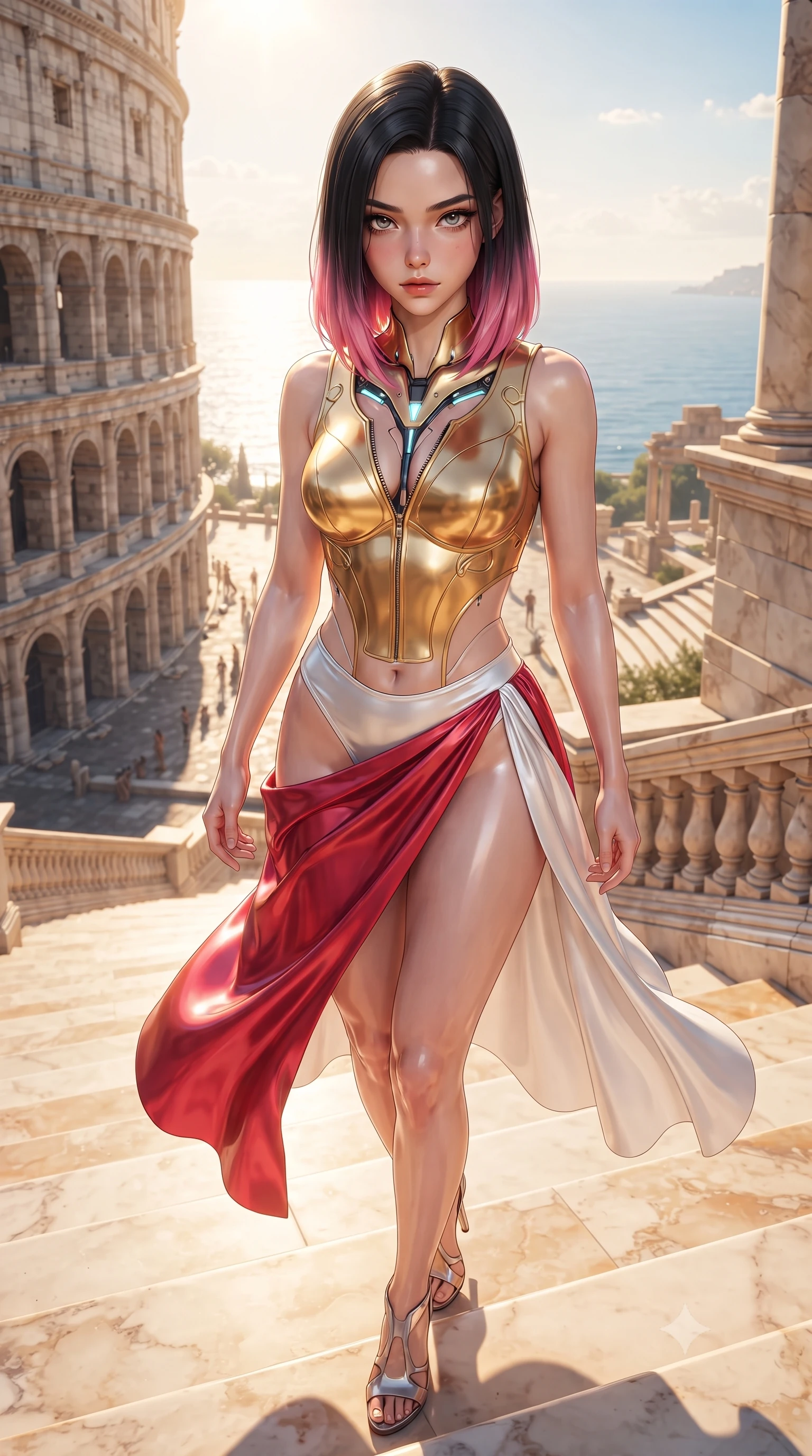 score_9, masterpiece, best quality, ultra-detailed, high-budget anime keyframe, editorial fashion photography, tasteful artistic composition, Korean woman. close-up cowboy shot from the waist and thighs up, the character dominates the composition, filling the frame with her large presence. gazing directly into the lens with bedroom eyes and a breathtaking, dangerous allure that commands the entire composition while pivoting dynamically on the sun-bleached marble steps of a grand colosseum overlooking glistening Mediterranean seas. The surrounding environment is rendered in vivid detail and crisp panoramic clarity. intense natural daylight refractions and panoramic monumental architecture captured with environmental sharpness. She has an exceptionally elegant, slender, and willowy female figure with an ultra-slim waist, a gracefully sculpted slender torso, toned flat midriff, and a refined slim silhouette. sharp v-shaped jawline, high-bridge nose, intricate jewel-like eyes with depth, thick eyelashes, glossy lips with a natural sheen, flawlessly proportioned anatomical accuracy, strict slender model proportions, natural body alignment, perfectly sculpted long slender limbs, ultra-slim waistline, clean dynamic posture without body distortion. wearing a sculpted golden breastplate bodice paired with high-cut white satin briefs and a fluid draped side skirt in radiant crimson silk and crisp snow white, crafted from ultra-reflective second-skin latex with a high-gloss glass-like polish, featuring a dangerously unzipped neckline framed by glowing cybernetic accents, the precision-cut daring openings accentuating her delicate midriff, graceful bare collarbones, and ultra-slim feminine waistline. bathed in dazzling golden hour sunbursts and rich amber marble surface reflections. ultra-reflective glossy finish, specular highlights, metallic sheen, high-contrast stereoscopic depth, volumetric dynamic lighting, 2k, ultra detail, master piece, 9:16 ratio