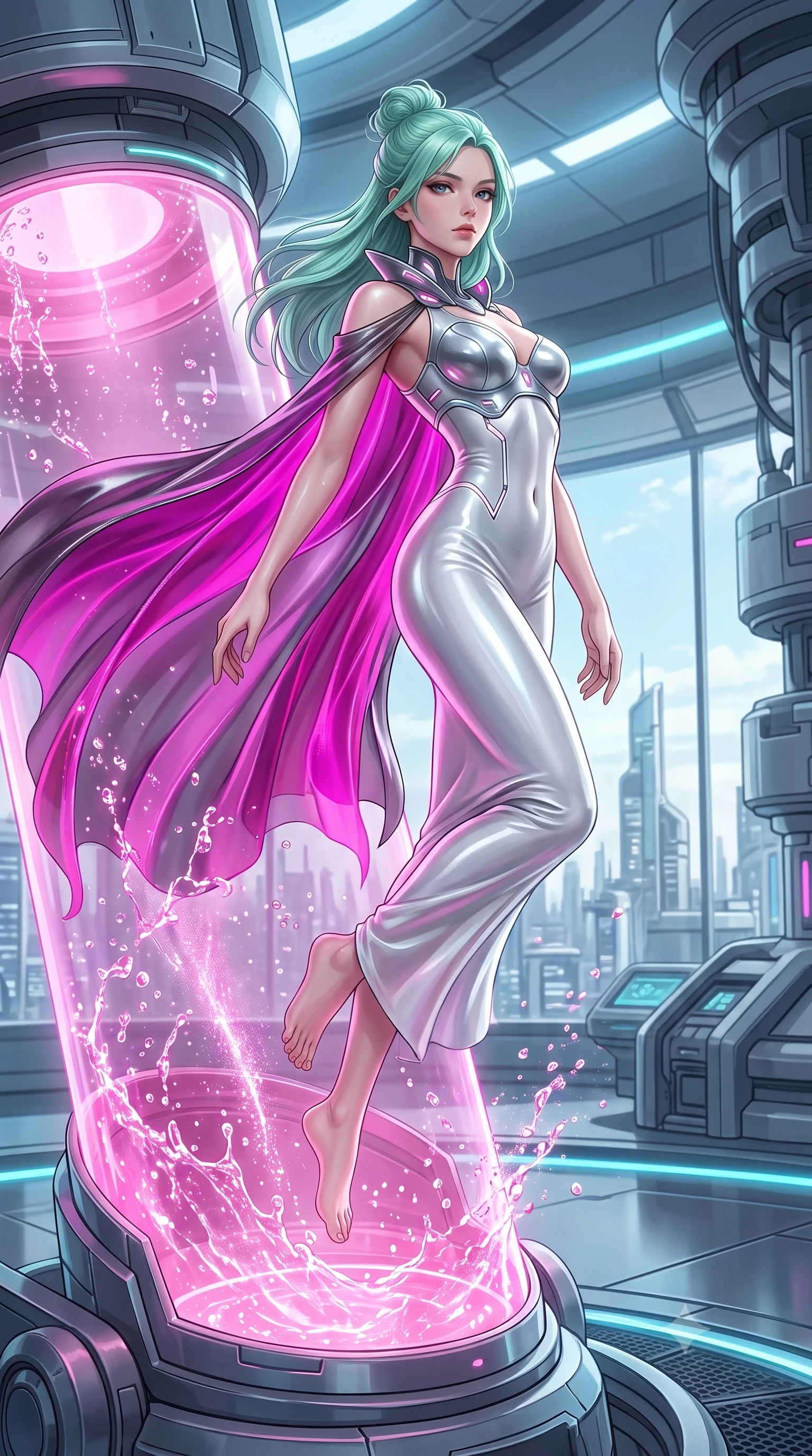score_9, masterpiece, best quality, ultra-detailed, high-budget anime keyframe, semi-realistic 3D game render, editorial fashion photography, tasteful artistic composition, Japanese woman. low angle full-body shot from head to toe showing her feet, filling the entire 9:16 vertical frame with her statuesque presence, stretching her vertical silhouette. arching her spine in a fluid zero-gravity turn with sovereign grace, her long slender legs and sculpted torso creating a sweeping line while stepping gracefully out of a soaring crystal incubator cylinder filled with glowing pink nanotech stasis fluid. The surrounding environment is rendered in vivid detail and crisp panoramic clarity. high-key pristine laboratory luxury and cyber-genesis aesthetics captured with environmental precision. She has an absolutely perfect, statuesque 8.5-heads proportion, an exceptionally tall and slender model-like female figure with impossibly long slender legs, a toned flat midriff, and an ultra-slim waist. sharp v-shaped jawline, high-bridge nose, intricate jewel-like eyes with depth, thick eyelashes, glossy lips with a natural sheen, flawlessly proportioned anatomical accuracy, strict slender model proportions, natural body alignment, perfectly sculpted long slender limbs, ultra-slim waistline, clean dynamic posture without body distortion. wearing a form-contouring white liquid-mercury gown with polished silver biomechanical breastplate and flowing luminescent chiffon cape in vibrant electric magenta and ultra-reflective dark titanium, crafted from delicate iridescent organza interwoven with luminescent micro-fibers, featuring a sleek aerodynamic collar framed by subtle glowing cybernetic accents, the sleek second-skin cut tightly hugging her graceful clavicle, narrow waist, and feminine curves with athletic precision. illuminated by sparkling fluid droplet refractions and crisp specular highlights tracing her slender curves. rich saturated anime colors with glowing neon highlights, detailed shading with soft gradients, rich glossy textures, high-contrast stereoscopic depth, volumetric dynamic lighting, master piece, 9:16 ratio