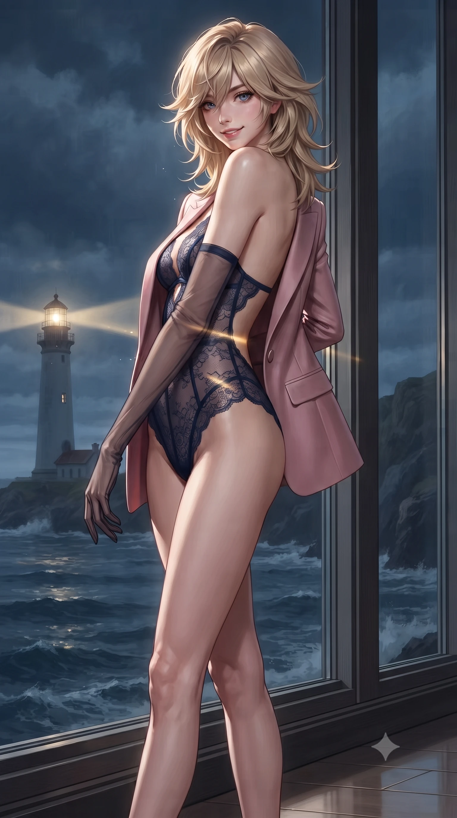 score_9, masterpiece, best quality, ultra-detailed, high-budget anime keyframe, editorial fashion photography, tasteful artistic composition, Japanese woman. low angle full-body shot from head to toe showing her feet, filling the entire 9:16 vertical frame with her statuesque presence, stretching her vertical silhouette. posing in a classic haute-couture S-curve stance beside the floor-to-ceiling window, looking over a bare shoulder with magnetic presence while twisting her slender torso in an alluring contrapposto stance, sweeping lighthouse beacon light casting dramatic flashes across her flat midriff. The surrounding environment is rendered in vivid detail and crisp panoramic clarity: detailed garment cut, tailored or sheer accents, and maritime engineering in high resolution. She has an exceptionally tall and slender model-like 8.5-heads proportion, an ultra-slim waist, a flat toned midriff, narrow delicate ribcage, and beautifully sculpted feminine hips creating a graceful, slim hourglass silhouette without any bulky heaviness, with impossibly long slender legs. sharp v-shaped jawline, high-bridge nose, intricate jewel-like sparkling eyes with depth, thick eyelashes, glossy parted lips with a natural peach sheen, bright cheerful beaming smile with an enchanting and coquettish sensual glint, exuding both youthful cute charm and seductive allure, flawlessly proportioned anatomical accuracy, strict slender model proportions, natural body alignment, perfectly sculpted long slender limbs, ultra-slim waistline, clean dynamic posture without body distortion. wearing a delicate sheer French Chantilly lace teddy layered under an open tailored tuxedo blazer draped over bare shoulders in Brittany pink granite rose and deep Atlantic navy, made of fluid liquid jersey with seamless sculpting hold and smooth contours, complemented by sheer opera-length evening gloves tracing her slender arms, the precision-cut side openings and low-back scoop framing her graceful spine and the sensual sweep of her slim, toned hips. bathed in periodic sweeping golden lighthouse lamp beams contrasted with deep navy ocean ambient and moonlight. ultra-reflective glossy finish, specular highlights, rich textural contrasts, high-contrast stereoscopic depth, volumetric dynamic lighting, 2k, ultra detail, master piece, 9:16 ratio