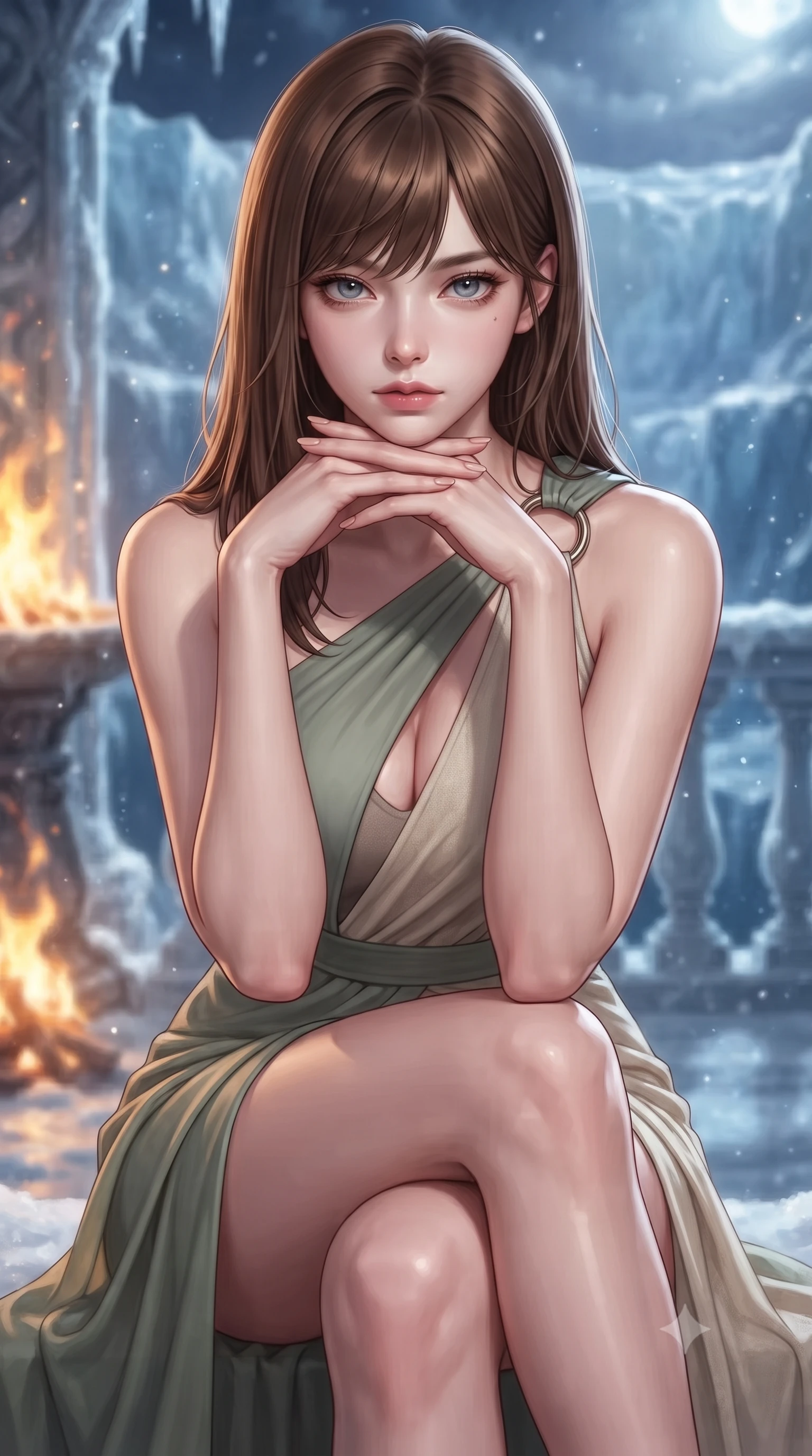 score_9, masterpiece, best quality, ultra-detailed, high-budget anime keyframe, editorial fashion photography, tasteful artistic composition, Korean woman. close-up cowboy shot from the waist and thighs up, the character dominates the composition, filling the frame with her large presence, background elements kept in soft focus. Resting her chin on the backs of her fingers, casting a sharp, mysterious gaze poised on a frost-carved terrace overlooking a vast glittering glacier at midnight, warm golden firelight clashing dramatically with cool silver moonbeams. She has an exceptionally elegant, slender, and willowy female figure with an ultra-slim waist, a gracefully sculpted slender torso, and a refined silhouette. sharp v-shaped jawline, high-bridge nose, intricate jewel-like eyes with depth, thick eyelashes, glossy lips with a natural sheen. wearing an asymmetrical Grecian draped chiffon gown with a metallic shoulder ring in sage green and oatmeal, formed from sleek second-skin neoprene, accented with a Tasteful chest slit framing her clavicle gracefully, the form-contouring material highlighting her ultra-slim waist and long lines. surrounded by an opulent, frozen fairytale ambiance with high specular shine. highly saturated vibrant anime colors, detailed shading with soft gradients, rich glossy textures, high-contrast stereoscopic depth, volumetric dynamic lighting, master piece, 9:16 ratio