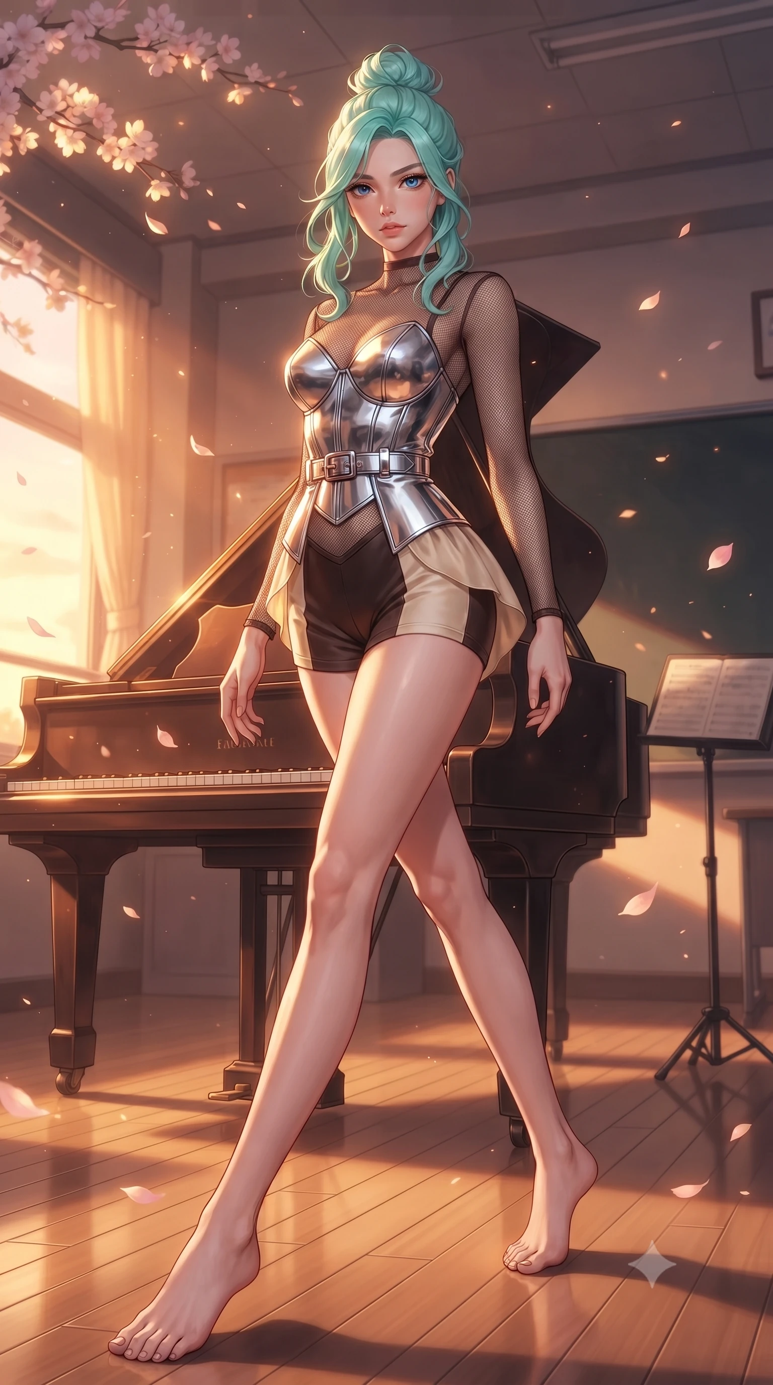 score_9, masterpiece, best quality, ultra-detailed, high-budget anime keyframe, editorial fashion photography, tasteful artistic composition, Japanese woman. low angle full-body shot from head to toe showing her feet, filling the entire 9:16 vertical frame with her statuesque presence, stretching her vertical silhouette. forging dynamically through the scene, her vertical silhouette beautifully stretched poised beside an antique grand piano in an empty music classroom at dusk, fluttering cherry blossom petals catching warm golden sunset highlights. She has an absolutely perfect, statuesque 8.5-heads proportion, an exceptionally tall and slender model-like female figure with impossibly long slender legs and an ultra-slim waist. sharp v-shaped jawline, high-bridge nose, intricate jewel-like eyes with depth, thick eyelashes, glossy lips with a natural sheen. wearing a chrome-plated structured bodice worn over a sheer mesh top and micro-shorts in espresso brown and warm cream, crafted from smooth liquid silk, detailed with polished silver buckles along the waistline, the elegant draped fit framing her graceful clavicle and slender torso. bathed in brilliant golden hour sunset rays and warm amber ambient light. highly saturated vibrant anime colors, detailed shading with soft gradients, rich glossy textures, high-contrast stereoscopic depth, volumetric dynamic lighting, master piece, 9:16 ratio