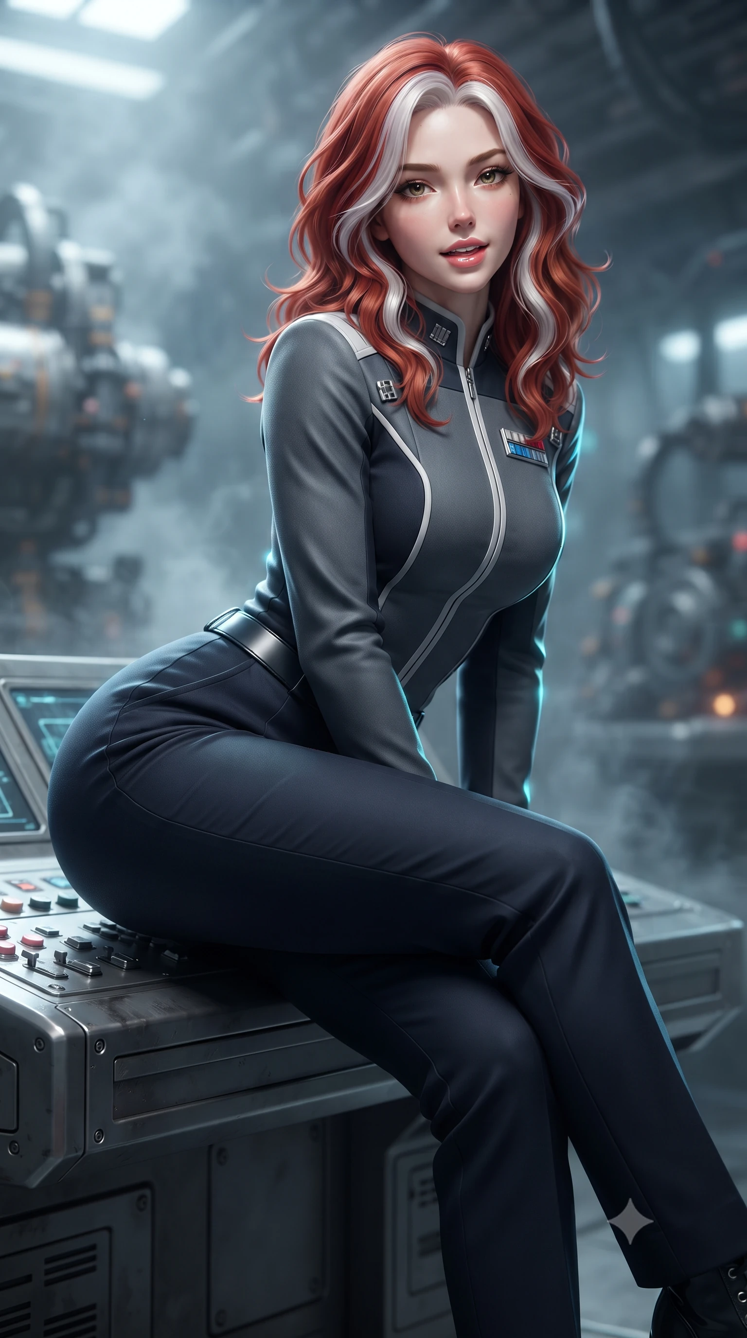score_9, masterpiece, best quality, ultra-detailed, high-budget anime keyframe, editorial fashion photography, tasteful artistic composition, Caucasian woman. close-up cowboy shot from the waist and thighs up, the character dominates the composition, filling the frame with her large presence. leaning forward while arching her lower back to accentuate her curvy hips, looking into the camera with an intoxicating smoldering gaze and bedroom-eyes while sitting gracefully on the industrial control station console with legs crossed, flashing a teasing smile with parted glossy lips. The background shows a soft-focus industrial ozone haze softened in subterranean transit hub shallow focus. She has an exceptionally elegant, slender, and willowy female figure with an ultra-slim waist, flat toned midriff, narrow ribcage, and sculpted feminine hips creating an alluring, slim hourglass silhouette without bulk. sharp v-shaped jawline, high-bridge nose, intricate jewel-like sparkling eyes with depth, thick eyelashes, glossy parted lips with a natural peach sheen, bright cheerful beaming smile with an enchanting and coquettish sensual glint, exuding both youthful cute charm and seductive allure, flawlessly proportioned anatomical accuracy, strict slender model proportions, natural body alignment, perfectly sculpted long slender limbs, ultra-slim waistline, clean dynamic posture without body distortion. wearing a tailored orbital colony command uniform in dark grey and white paneling with rank insignia pins and tailored straight-leg trousers in midnight carbon navy and polished chrome, crafted from bespoke double-faced cashmere with an exceptionally soft tactile finish, finished with sleek magnetic buckle closures fluttering in the breeze, the impeccably tailored cut draping gracefully along her slender figure with aristocratic poise. illuminated by steel catwalk reflection bounce and sharp electric-cyan rim lights sculpting her jawline, narrow waist, and curvy hips. ultra-reflective glossy finish, specular highlights, rich textural contrasts, high-contrast stereoscopic depth, volumetric dynamic lighting, 2k, ultra detail, master piece, 9:16 ratio