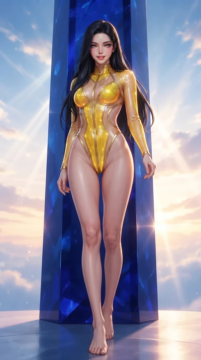 score_9, masterpiece, best quality, ultra-detailed, high-budget anime keyframe, editorial fashion photography, tasteful artistic composition, Korean woman. low angle full-body shot from head to toe showing her feet, filling the entire 9:16 vertical f