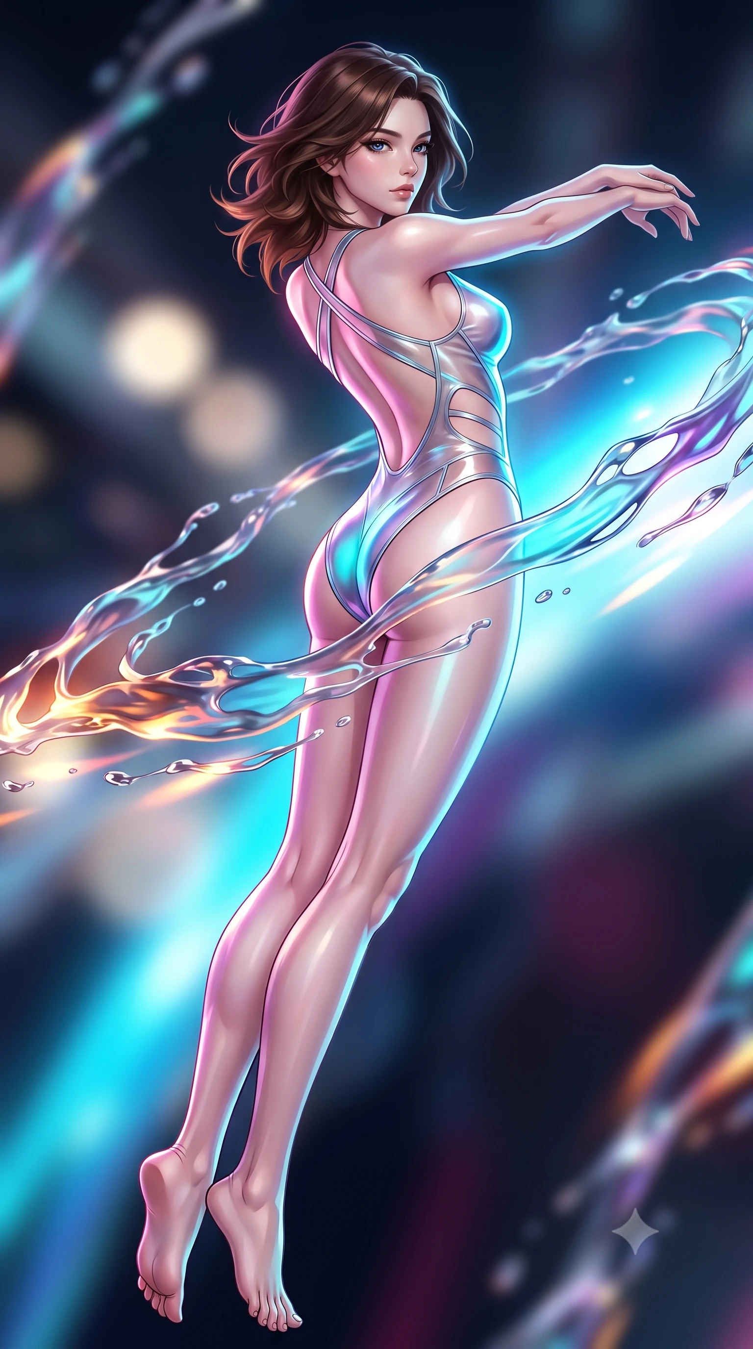 score_9, masterpiece, best quality, ultra-detailed, high-budget anime keyframe, semi-realistic 3D game render, editorial fashion photography, tasteful artistic composition, Korean woman. low angle full-body shot from head to toe showing her feet, filling the entire 9:16 vertical frame with her statuesque presence, stretching her vertical silhouette. arching her back in a fluid zero-gravity turn with sovereign grace, her long slender legs and sculpted torso creating a sweeping line while reaching forward with a dangerous smolder as streams of liquid plasma wrap around her waist. The composition keeps background elements in soft focus with creamy bokeh. molten energy streams blurring smoothly into a high-energy futuristic backdrop. She has an absolutely perfect, statuesque 8.5-heads proportion, an exceptionally tall and slender model-like female figure with impossibly long slender legs and an ultra-slim waist. sharp v-shaped jawline, high-bridge nose, intricate jewel-like eyes with depth, thick eyelashes, glossy lips with a natural sheen, flawlessly proportioned anatomical accuracy, natural body alignment, perfectly sculpted elegant limbs, clean dynamic posture without body distortion. wearing a high-cut translucent vinyl leotard with front paneling, exposed side-rib cutouts, and an open back in liquid mercury silver and glowing electric cyan, made of smooth iridescent silk chiffon that shifts colors with movement, complemented by criss-cross back straps highlighting her completely bare spine, the form-contouring second-skin material highlighting her ultra-slim waist and long lines. illuminated by intense volumetric energy beams and high-contrast specular reflections. highly saturated vibrant anime colors, detailed shading with soft gradients, rich glossy textures, high-contrast stereoscopic depth, volumetric dynamic lighting, master piece, 9:16 ratio