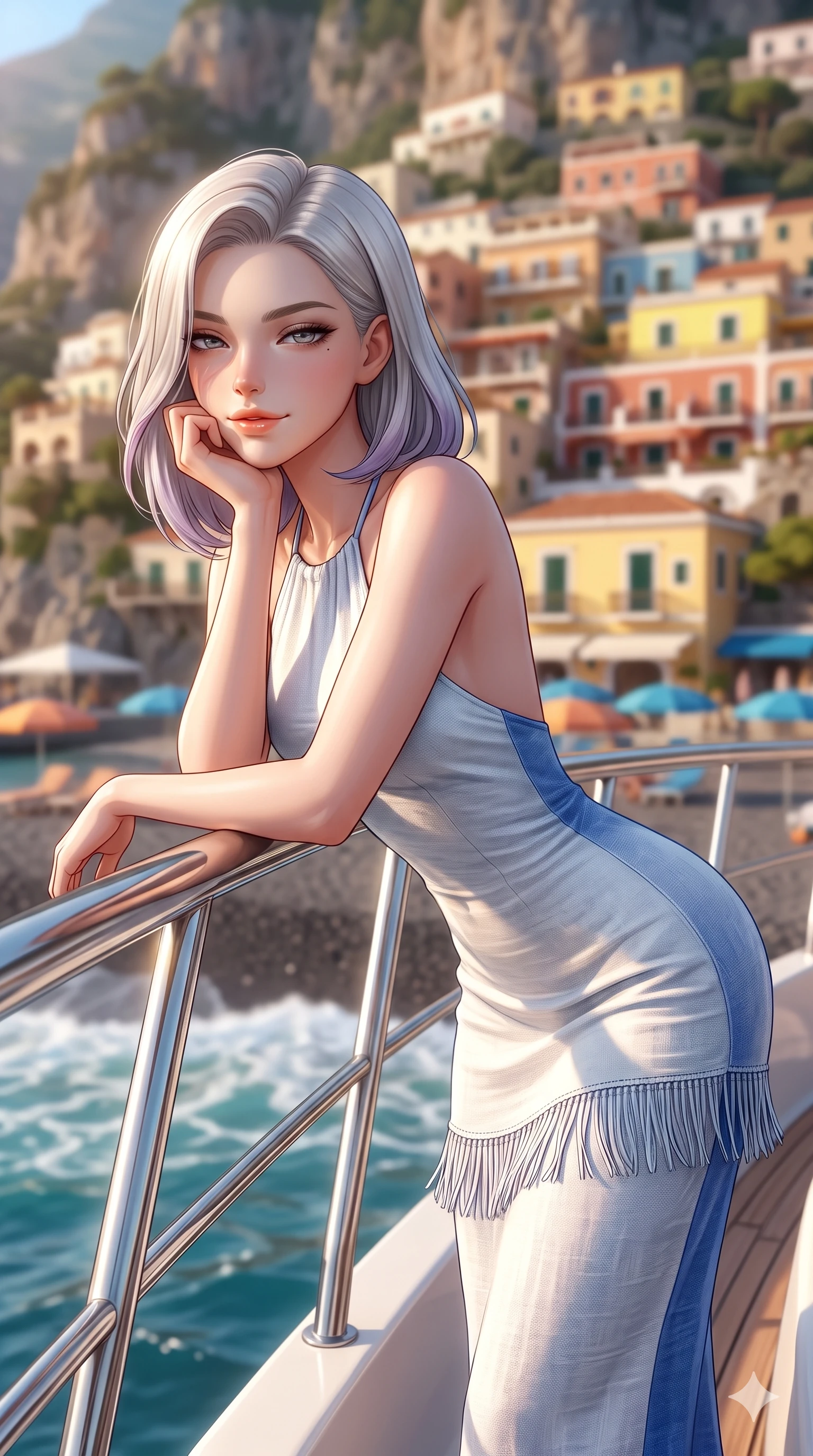 score_9, masterpiece, best quality, ultra-detailed, high-budget anime keyframe, semi-realistic 3D game render, editorial fashion photography, tasteful artistic composition, Caucasian woman. close-up cowboy shot from the waist and thighs up, the character dominates the composition, filling the frame with her large presence. resting one elbow on the yacht railing and supporting her chin, leaning close to the camera with heavy-lidded sparkling eyes and parted lips while standing poised on the dark volcanic pebble beach as turquoise surf washes around her ankles, arching her lower back with sovereign supermodel grace. The background shows a soft-focus the dramatic vertical cliff of colorful Positano villas, stacked parasols, and turquoise sea blurred into terracotta, lemon, and azure bokeh. She has an exceptionally elegant, slender, and willowy female figure with an ultra-slim waist, flat toned midriff, narrow ribcage, and sculpted feminine hips creating an alluring, slim hourglass silhouette without bulk. sharp v-shaped jawline, high-bridge nose, sparkling eyes with hypnotic seductive depth, thick curled eyelashes, glossy parted lips with a natural dewy peach sheen, alluring bedroom-eyes with an enchanting coquettish smile, exuding magnetic siren charisma and sophisticated glamour, flawlessly proportioned anatomical accuracy, strict slender model proportions, natural body alignment, perfectly sculpted long slender limbs, ultra-slim waistline, clean dynamic posture without body distortion. wearing a form-fitting liquid mercury jersey halter dress clinging smoothly to her narrow waist and rounded hips in Mykonos whitewash and cobalt blue, woven from bespoke sun-bleached selvedge linen with rich tactile slub texture, finished with a delicate silk fringe trim fluttering along her hip line with kinetic charm, the bespoke structured tailoring following the natural line of her 8.5-heads silhouette with refined elegance. bathed in brilliant Mediterranean late afternoon sunshine reflecting off the vertical cliff face and turquoise sea. highly saturated vibrant anime colors, detailed shading with soft gradients, rich glossy textures, high-contrast stereoscopic depth, volumetric dynamic lighting, master piece, 9:16 ratio
