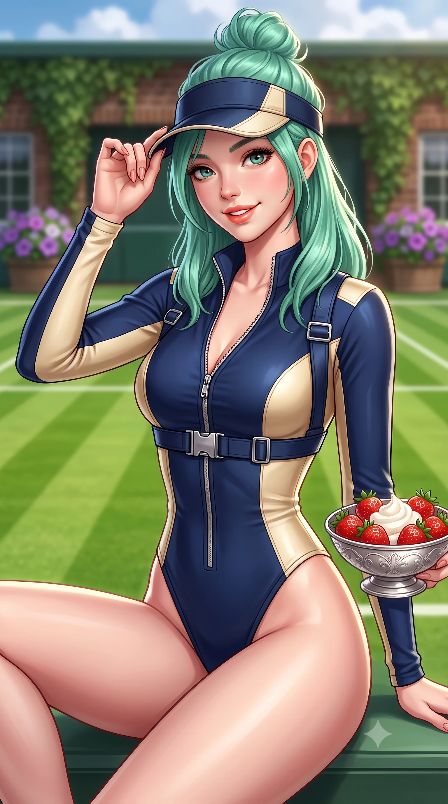 score_9, masterpiece, best quality, ultra-detailed, high-budget anime keyframe, semi-realistic 3D game render, editorial fashion photography, tasteful artistic composition, Japanese woman. close-up cowboy shot from the waist and thighs up, the character dominates the composition, filling the frame with her large presence. tilting her head with a cute beaming smile while arching her spine with athletic poise, one hand adjusting her racing visor in a flirtatious S-curve while sitting gracefully on the grass court roller with legs extended, holding a bowl of fresh strawberries and cream with effortless old-money charm. The background shows a soft-focus striped emerald green lawn tennis courts, ivy-covered clubhouse brick walls, and purple petunia planters blurred into emerald, plum, and cloud-white bokeh. She has an exceptionally elegant, slender, and willowy female figure with an ultra-slim waist, flat toned midriff, narrow ribcage, and sculpted feminine hips creating an alluring, slim hourglass silhouette without bulk. sharp v-shaped jawline, high-bridge nose, sparkling eyes with athletic focus and depth, thick curled eyelashes, glossy parted lips with a natural coral-peach sheen, bright confident and coquettish smile with alluring bedroom-eyes, exuding both youthful sporty vigor and sovereign high-society glamour, flawlessly proportioned anatomical accuracy, strict slender model proportions, natural body alignment, perfectly sculpted long slender limbs, ultra-slim waistline, clean dynamic posture without body distortion. wearing a modern paddock jumpsuit with zip-down front collar and high-cut leg openings in sleek stretch jersey in Monaco navy blue and cream champagne gold, tailored from crisp cotton poplin with clean aerodynamic structural lines, finished with polished chrome zipper pulls and racing harness buckle hardware, the form-contouring athletic cut accentuating her sculpted flat midriff, narrow delicate ribcage, and gracefully curvy hips with supermodel precision. illuminated by emerald grass bounce fill and crisp white-gold rim lighting defining her sculpted collarbones, ultra-slim waist, and curvy hips. highly saturated vibrant anime colors, detailed shading with soft gradients, rich glossy textures, high-contrast stereoscopic depth, volumetric dynamic lighting, master piece, 9:16 ratio