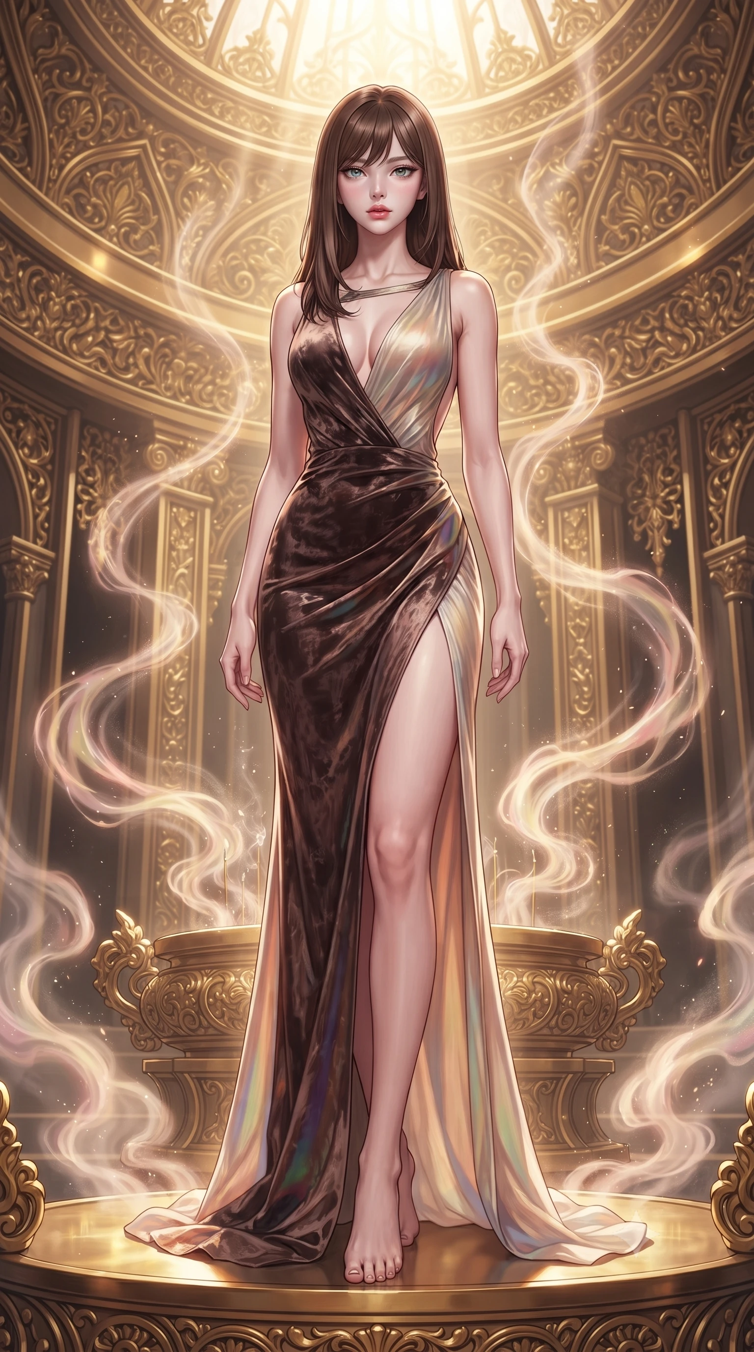score_9, masterpiece, best quality, ultra-detailed, high-budget anime keyframe, editorial fashion photography, tasteful artistic composition, Korean woman. low angle full-body shot from head to toe showing her feet, filling the entire 9:16 vertical frame with her statuesque presence, stretching her vertical silhouette. navigating the luminous space with effortless poise, displaying her perfect model proportions poised on a golden filigree altar surrounded by glowing incense vapors, golden filigree details on the architecture shining with brilliant luster. She has an absolutely perfect, statuesque 8.5-heads proportion, an exceptionally tall and slender model-like female figure with impossibly long slender legs and an ultra-slim waist. sharp v-shaped jawline, high-bridge nose, intricate jewel-like eyes with depth, thick eyelashes, glossy lips with a natural sheen. wearing a backless crushed velvet gown with a deep V-neckline and high thigh slit in espresso brown and warm cream, crafted from iridescent chiffon that shifts colors in the light, accented with a Tasteful chest slit framing her clavicle gracefully, the form-contouring material highlighting her ultra-slim waist and long lines. surrounded by a glowing divine aura of sunbeams and incense radiance. highly saturated vibrant anime colors, detailed shading with soft gradients, rich glossy textures, high-contrast stereoscopic depth, volumetric dynamic lighting, master piece, 9:16 ratio