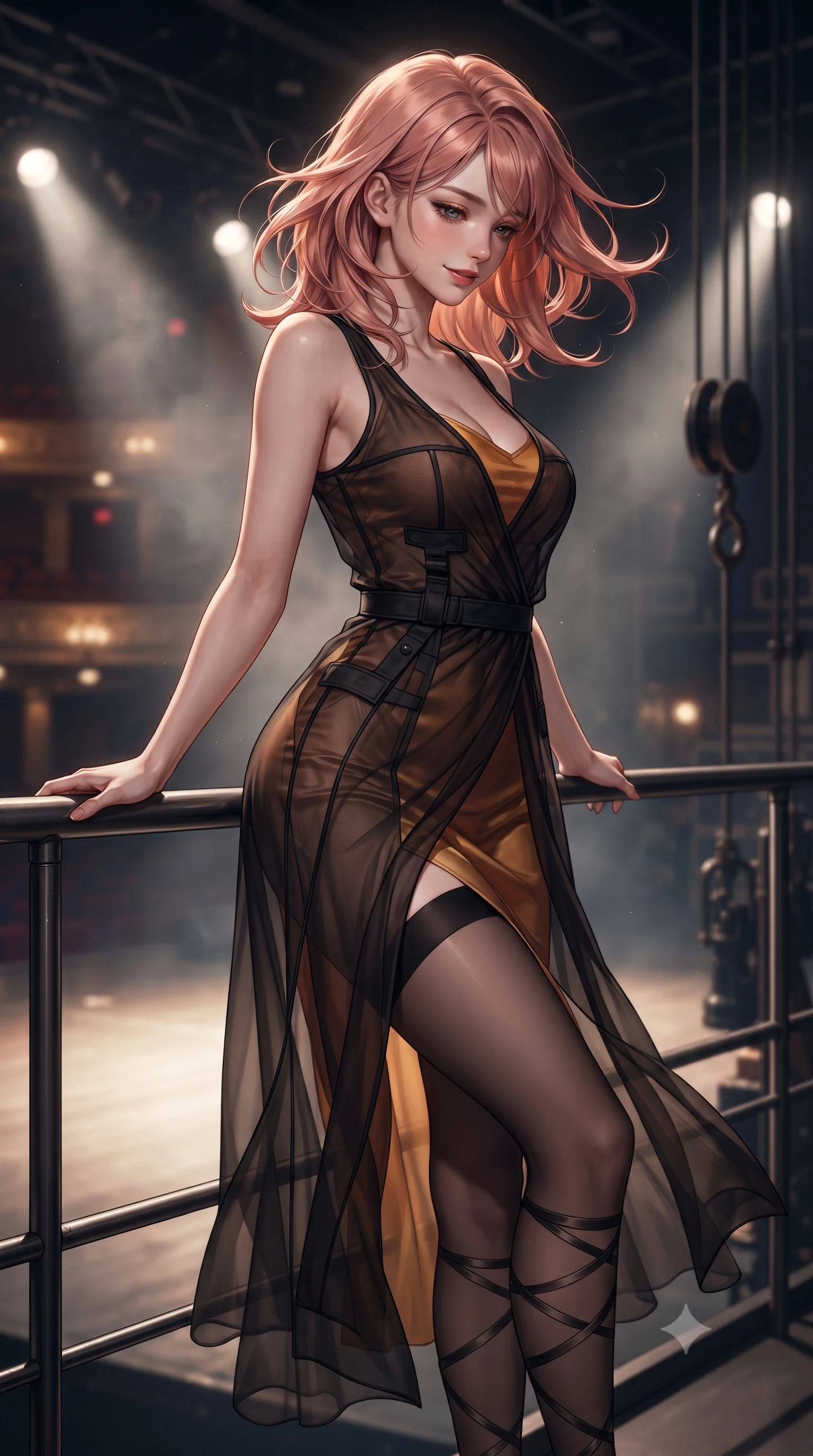 score_9, masterpiece, best quality, ultra-detailed, high-budget anime keyframe, editorial fashion photography, tasteful artistic composition, Japanese woman. close-up cowboy shot from the waist and thighs up, the character dominates the composition, filling the frame with her large presence. turning slowly with an enchanting smoldering smile, her glossy hair tossing in the breeze as her hips angle gracefully in a captivating contrapposto while leaning against the fly gallery railing with hips cocked back, looking down onto the illuminated empty stage with smoldering eyes. The background shows a soft-focus stage spotlights, counterweight pulleys, and distant auditorium rows below blurred into amber, cobalt, and smoky charcoal bokeh. She has an exceptionally elegant, slender, and willowy female figure with an ultra-slim waist, flat toned midriff, narrow ribcage, and sculpted feminine hips creating an alluring, slim hourglass silhouette without bulk. sharp v-shaped jawline, high-bridge nose, sparkling eyes with hypnotic seductive depth, thick curled eyelashes, glossy parted lips with a natural dewy peach sheen, alluring bedroom-eyes with an enchanting coquettish smile, exuding magnetic siren charisma and sophisticated glamour, flawlessly proportioned anatomical accuracy, strict slender model proportions, natural body alignment, perfectly sculpted long slender limbs, ultra-slim waistline, clean dynamic posture without body distortion. wearing a sheer black tactical gauze slip dress worn over a liquid satin undergarment, hugging her flat midriff and hips in warm amber honey and antique gold leaf, made of sheer gossamer chiffon that drapes softly against skin with airy translucence, finished with delicate satin ballet ribbon ties criss-crossing up her slender calves to the knee, the high-slit wrap tailoring accentuating her ultra-slim waistline and the enchanting curve of her feminine hips with alluring seductive charm. bathed in dramatic theatrical follow-spotlight beams cutting through hazy stage air. ultra-reflective glossy finish, specular highlights, rich textural contrasts, high-contrast stereoscopic depth, volumetric dynamic lighting, 2k, ultra detail, master piece, 9:16 ratio