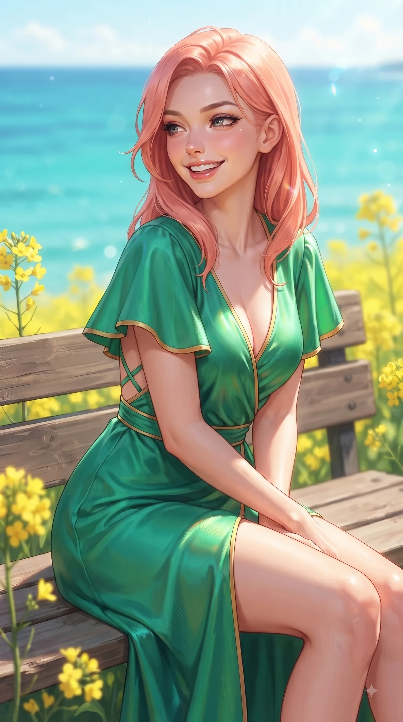 score_9, masterpiece, best quality, ultra-detailed, high-budget anime keyframe, editorial fashion photography, tasteful artistic composition, Japanese woman. close-up cowboy shot from the waist and thighs up, the character dominates the composition, filling the frame with her large presence. Radiant youthful grin reflecting girlhood charm while casting a playful, joyful side-gaze with heavy lashes while sitting playfully on a wooden bench framed by yellow canola flowers with a radiant smile. The composition keeps background elements in soft focus with dreamy bokeh. crystal-clear turquoise sea waves and yellow canola fields blurred into dreamy ocean bokeh. She has an exceptionally elegant, slender, and willowy female figure with an ultra-slim waist, a gracefully sculpted slender torso, and a refined silhouette. sharp v-shaped jawline, high-bridge nose, intricate jewel-like eyes with depth, thick eyelashes, glossy lips with a natural sheen, flawlessly proportioned anatomical accuracy, natural body alignment, perfectly sculpted elegant limbs, clean dynamic posture without body distortion. wearing an elegant V-neck silk wrap dress with fluttery short sleeves and a cinched waist in bright emerald green and warm gold trim, tailored from fine wool crepe with clean lines, finished with delicate criss-cross back straps highlighting her bare shoulders, the tailored fabric tightly following every curve of her athletic build. bathed in bright tropical sunshine and glittering ocean water refractions. ultra-reflective glossy finish, specular highlights, metallic sheen, high-contrast stereoscopic depth, volumetric dynamic lighting, 2k, ultra detail, master piece, 9:16 ratio