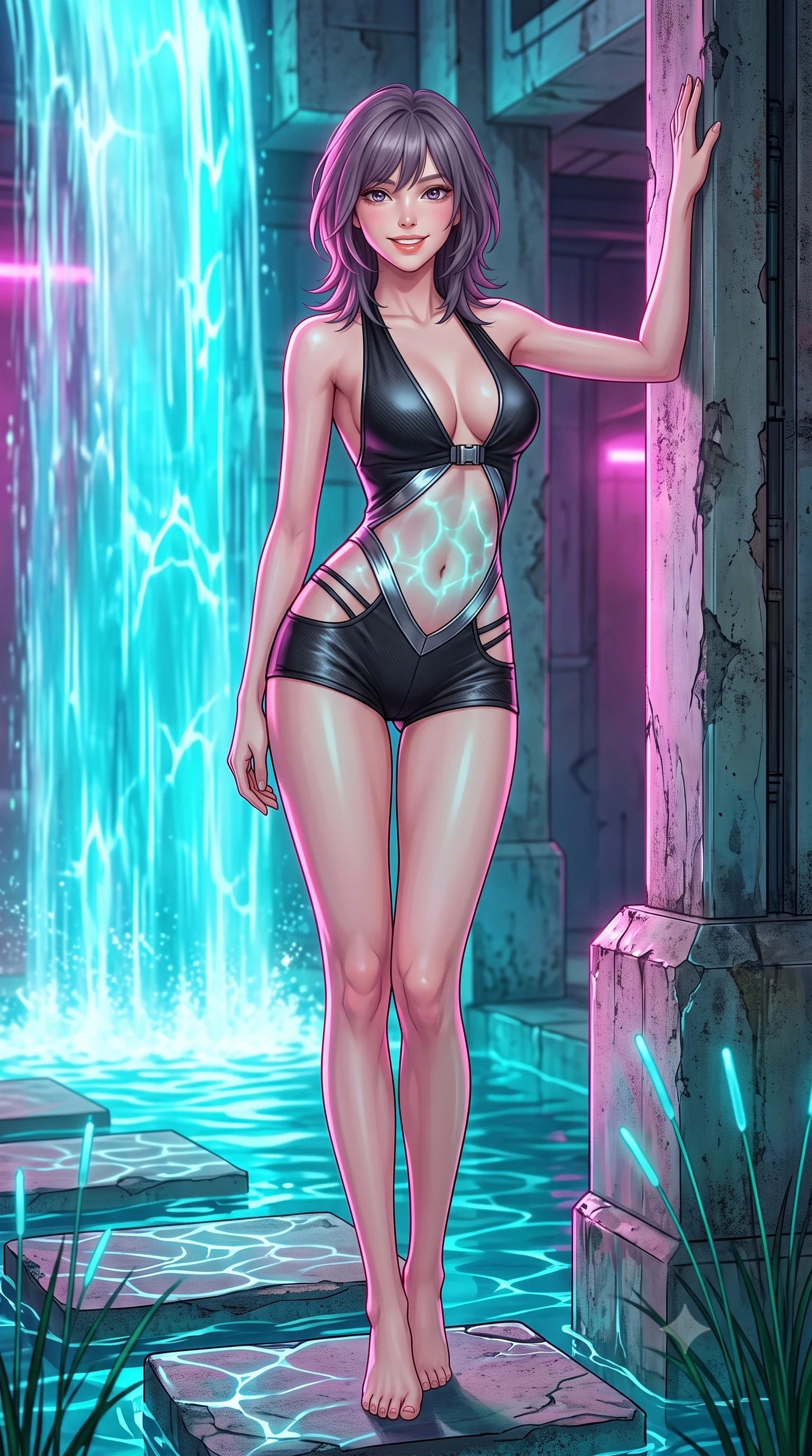 score_9, masterpiece, best quality, ultra-detailed, high-budget anime keyframe, semi-realistic 3D game render, editorial fashion photography, tasteful artistic composition, Japanese woman. low angle full-body shot from head to toe showing her feet, filling the entire 9:16 vertical frame with her statuesque presence, stretching her vertical silhouette. standing tall beside the architectural column, one hand resting high while arching her lower back to emphasize her sculpted feminine hips and slender waist while twisting her slender torso in an alluring S-curve beside the cascading neon waterfall, vibrant aqua caustics playing across her flat midriff and hips. The surrounding environment is rendered in vivid detail and crisp panoramic clarity: sharp water ripple reflections on stepping stones, weathered cyber-concrete textures, and fiber-optic reed stems in deep focus. She has an exceptionally tall and slender model-like 8.5-heads proportion, an ultra-slim waist, a flat toned midriff, narrow delicate ribcage, and beautifully sculpted feminine hips creating a graceful, slim hourglass silhouette without any bulky heaviness, with impossibly long slender legs. sharp v-shaped jawline, high-bridge nose, intricate jewel-like sparkling eyes with depth, thick eyelashes, glossy parted lips with a natural peach sheen, bright cheerful beaming smile with an enchanting and coquettish sensual glint, exuding both youthful cute charm and seductive allure, flawlessly proportioned anatomical accuracy, strict slender model proportions, natural body alignment, perfectly sculpted long slender limbs, ultra-slim waistline, clean dynamic posture without body distortion. wearing a daring low-cut halterneck romper with exposed midriff and strappy hip cutouts in matte carbon fiber black and polished chrome, made of fluid liquid jersey with seamless sculpting hold and smooth contours, finished with sleek magnetic buckle closures fluttering in the breeze, the liquid-tight tailored fabric clinging flawlessly to her narrow waist and rounded feminine hips, emphasizing every millimeter of her sculpted slim hourglass curves without any bulky heaviness. illuminated by canal water reflection bounce and sharp neon-pink rim lights sculpting her jawline, narrow waist, and curvy hips. highly saturated vibrant anime colors, detailed shading with soft gradients, rich glossy textures, high-contrast stereoscopic depth, volumetric dynamic lighting, master piece, 9:16 ratio
