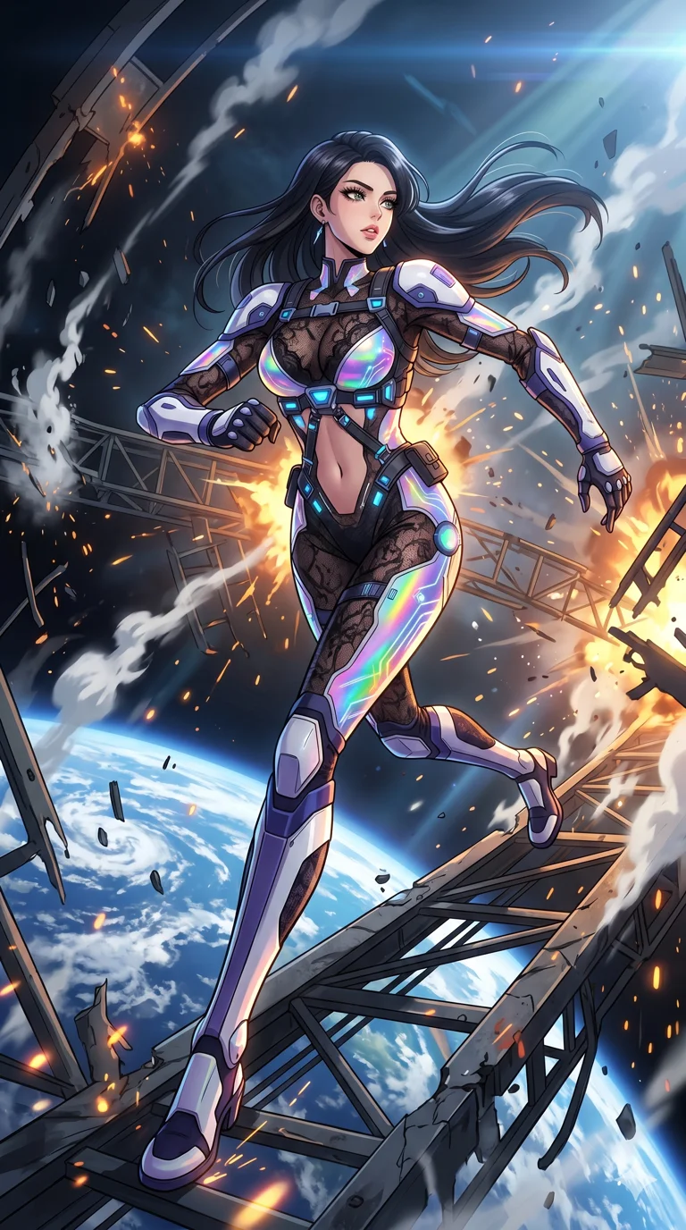 score_9, masterpiece, best quality, ultra-detailed, High-budget Anime Keyframe, vibrant colors, fluid line-art, expressive lighting, cinematic composition, Ufotable-style visual effects, top-tier animation quality, Korean woman with idol-like refined features. Wide-angle low shot emphasizing her impossibly long slender legs and commanding stature. Escaping a crumbling orbital space station amidst falling debris and venting atmosphere, the earth visible as a beautiful blue marble below. She has an absolutely perfect 8-heads proportion, an exceptionally tall and slender female figure with impossibly long slender legs and an ultra-slim waist, her statuesque height and towering silhouette dominating the vertical 9:16 frame. Her face is a masterpiece featuring a sharp v-shaped jawline, high-bridge nose, intricate jewel-like eyes with depth, thick eyelashes, and glossy lips with a natural sheen. She is wearing a Sheer lace catsuit with strategically placed armor plating and glowing energy nodes crafted from Holographic chiffon that changes color with every movement, creating a rainbow effect, with an exposed midriff and a complex harness system that draws the eye. The scene is set in a serene Zen garden with metallic sand, glowing stones, and a holographic waterfall, illuminated by volumetric light beams cutting through a hazy atmosphere, creating a sense of depth. 2k, ultra detail, master piece, 9:16 ratio