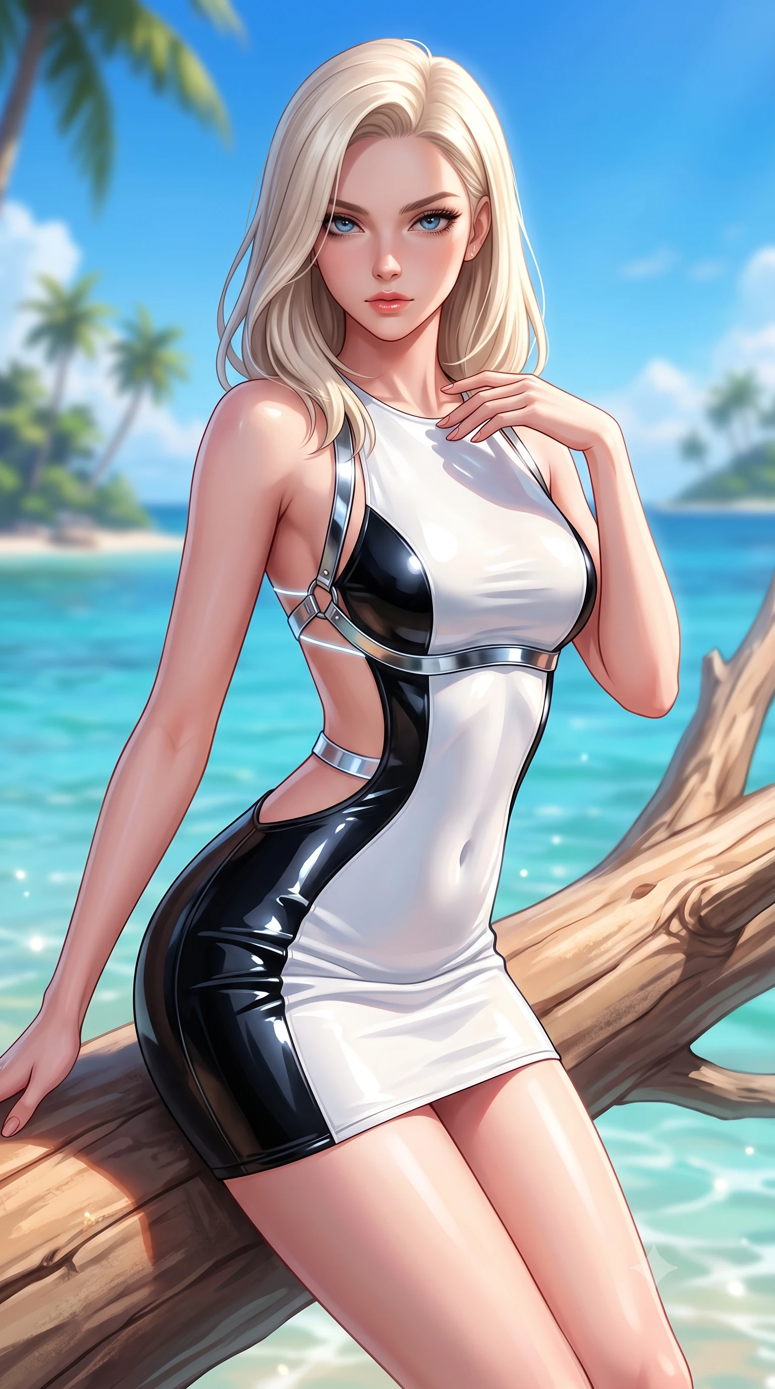 score_9, masterpiece, best quality, ultra-detailed, high-budget anime keyframe, semi-realistic 3D game render, editorial fashion photography, tasteful artistic composition, Caucasian woman. close-up cowboy shot from the waist and thighs up, the character dominates the composition, filling the frame with her large presence. leaning forward with a dangerous, enticing smolder, resting one hand near her collarbone while casting a fiery, magnetic direct gaze while arching her back gracefully on a sun-warmed driftwood branch with the sparkling coral sea stretching behind. The composition keeps background elements in soft focus with creamy bokeh. distant palm-lined islands and vibrant blue sky softened by shallow atmospheric focus. She has an exceptionally elegant, slender, and willowy female figure with an ultra-slim waist, a gracefully sculpted slender torso, toned flat midriff, and a refined slim silhouette. sharp v-shaped jawline, high-bridge nose, intricate jewel-like eyes with depth, thick eyelashes, glossy lips with a natural sheen, flawlessly proportioned anatomical accuracy, strict slender model proportions, natural body alignment, perfectly sculpted long slender limbs, ultra-slim waistline, clean dynamic posture without body distortion. wearing a second-skin fashion-latex mini dress with a clean architectural front, featuring an open-back design that wraps around the sides of her waist, showcasing her slender silhouette in high-gloss monochrome white and sharp black contrast, formed from high-gloss patent material with specular light reflections, reinforced by a sleek metallic chrome harness and delicate glowing micro-straps, the sleek second-skin cut tightly hugging her graceful clavicle, narrow waist, and feminine curves with athletic precision. surrounded by a fresh, sun-soaked, and breathtakingly sensual tropical paradise ambiance. highly saturated vibrant anime colors, detailed shading with soft gradients, rich glossy textures, high-contrast stereoscopic depth, volumetric dynamic lighting, master piece, 9:16 ratio