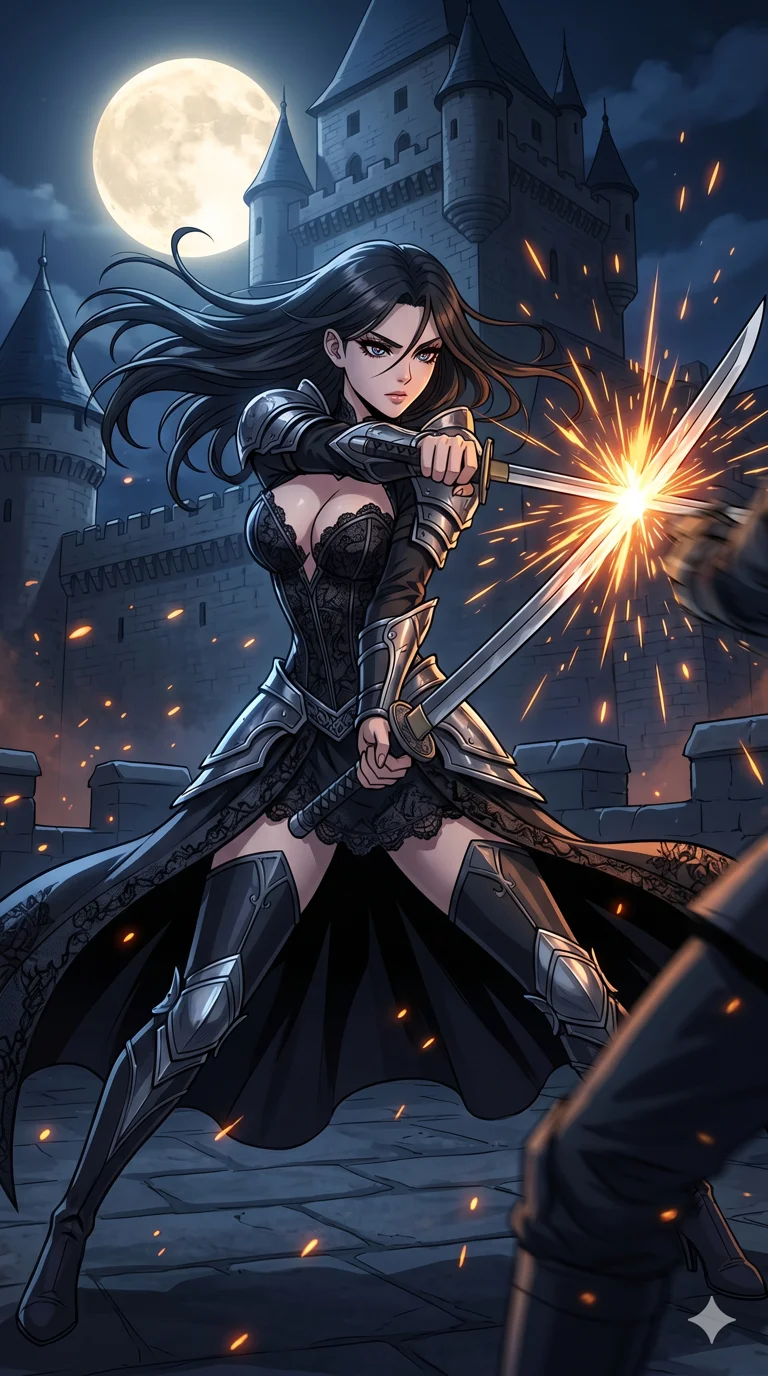 score_9, masterpiece, best quality, ultra-detailed, High-budget Anime Keyframe, beautiful Caucasian anime girl (strictly human ears). Low angle cowboy shot filling the entire 9:16 frame with her statuesque presence. Engaging in a silent, high-speed sword duel on the ramparts of a castle as sparks fly from the clashing steel. She has an absolutely perfect 8-heads proportion, an exceptionally tall and slender female figure with impossibly long slender legs and an ultra-slim waist. Sharp v-shaped jawline, high-bridge nose, intricate jewel-like eyes with depth, thick eyelashes, glossy lips with a natural sheen. Wearing a Dark Fantasy outfit: gothic black lace corset gown with silver armor and a plunging neckline. Background is a fortress at night with a full moon and flying sparks in the air. 2k, ultra detail, master piece, 9:16 ratio