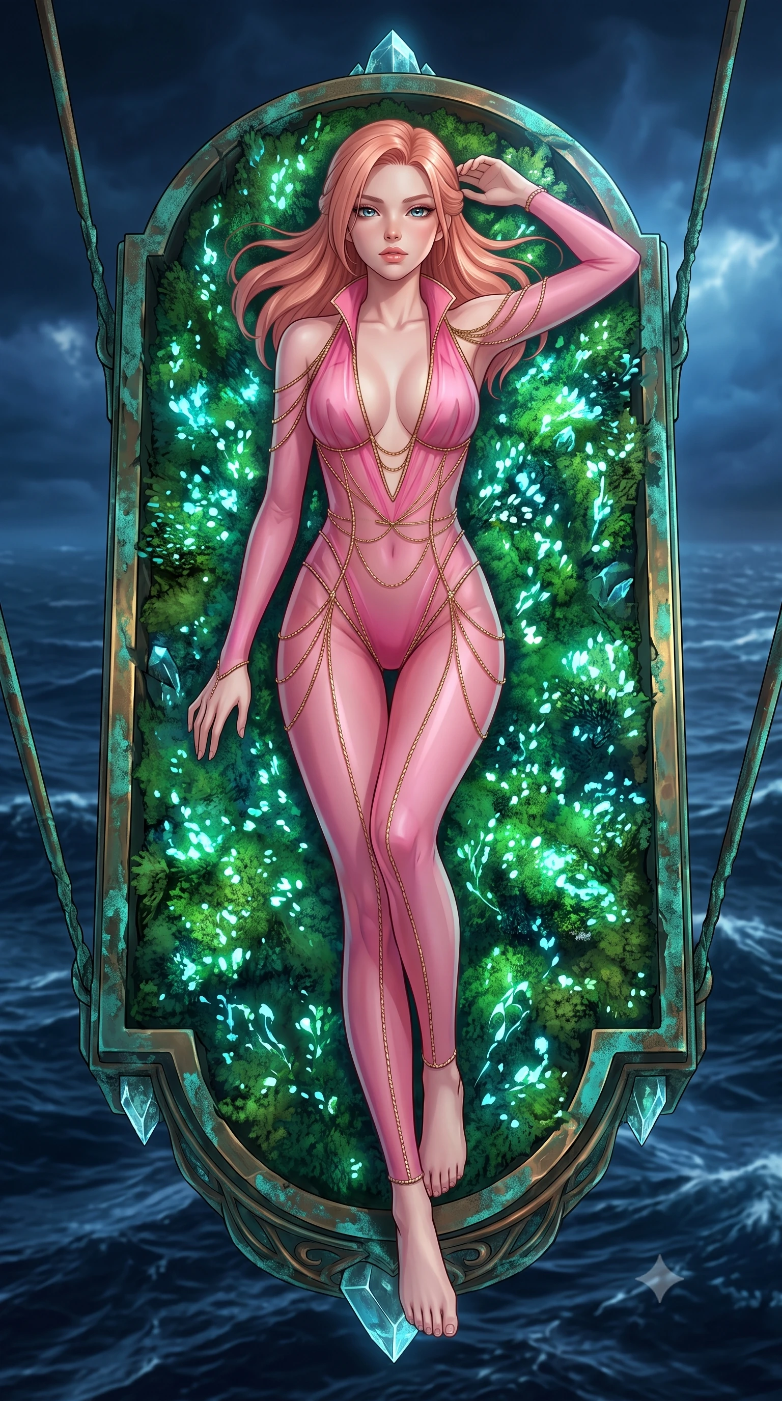 score_9, masterpiece, best quality, ultra-detailed, High-budget Anime Keyframe, East Asian woman. Dynamic full-body shot stretching the vertical silhouette to the limit. Scenario 460: lying gracefully on a bed of bioluminescent moss inside a floating platform suspended over a stormy sea of dark blue water. Her presence is magnetic and overpowering in this high-budget anime scene. Outfit 460: a slim-fit hot pink sheer organza bodysuit featuring an elegant plunging collar and fine gold chains. The clothing is designed to emphasize her exceptionally tall and slender 8-heads proportion. 8-heads proportion, towering silhouette, ultra-slim waist. sharp v-shaped jawline, intricate jewel-like eyes with depth, thick eyelashes, glossy lips. 2k, ultra detail, master piece, 9:16 ratio