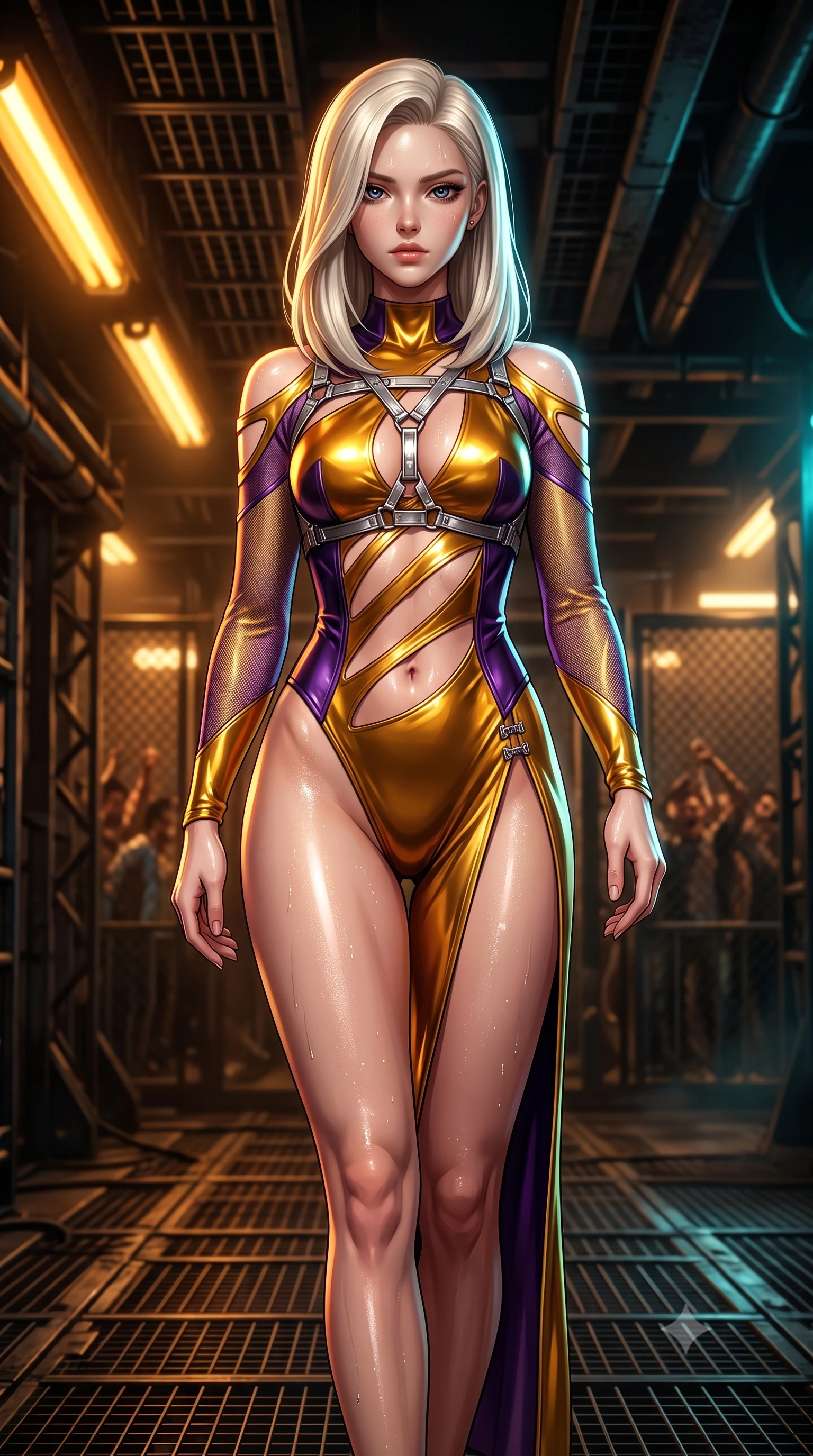 score_9, masterpiece, best quality, ultra-detailed, high-budget anime keyframe, semi-realistic 3D game render, editorial fashion photography, tasteful artistic composition, Caucasian woman. close-up cowboy shot from the waist and thighs up, the character dominates the composition, filling the frame with her large presence. gazing directly into the lens with bedroom eyes and a breathtaking, dangerous allure that commands the entire composition while striding through an underground steel corridor as amber warning lights illuminate glistening perspiration. The composition keeps background elements in soft focus with creamy bokeh. distant cage meshes and roaring underground crowds softened by shallow atmospheric focus. She has an exceptionally elegant, slender, and willowy female figure with an ultra-slim waist, a gracefully sculpted slender torso, and a refined silhouette. sharp v-shaped jawline, high-bridge nose, intricate jewel-like eyes with depth, thick eyelashes, glossy lips with a natural sheen, flawlessly proportioned anatomical accuracy, natural body alignment, perfectly sculpted elegant limbs, clean dynamic posture without body distortion. wearing an ultra-sleek high-cut tech-bodysuit featuring dangerous diagonal slitted cutouts on the midriff and shoulders, reinforced by a metallic silver harness and sheer mesh sleeves in lustrous molten gold and pure deep violet, made of liquid metal jersey that clings flawlessly to every contour of her build, finished with an ultra-high side slit secured by miniature magnetic clasps, the sleek aerodynamic cut emphasizing her magnetic presence and alluring physical grace. bathed in blazing amber sodium vapor lights and sharp electric cyan arena rim spotlights. highly saturated vibrant anime colors, detailed shading with soft gradients, rich glossy textures, high-contrast stereoscopic depth, volumetric dynamic lighting, master piece, 9:16 ratio