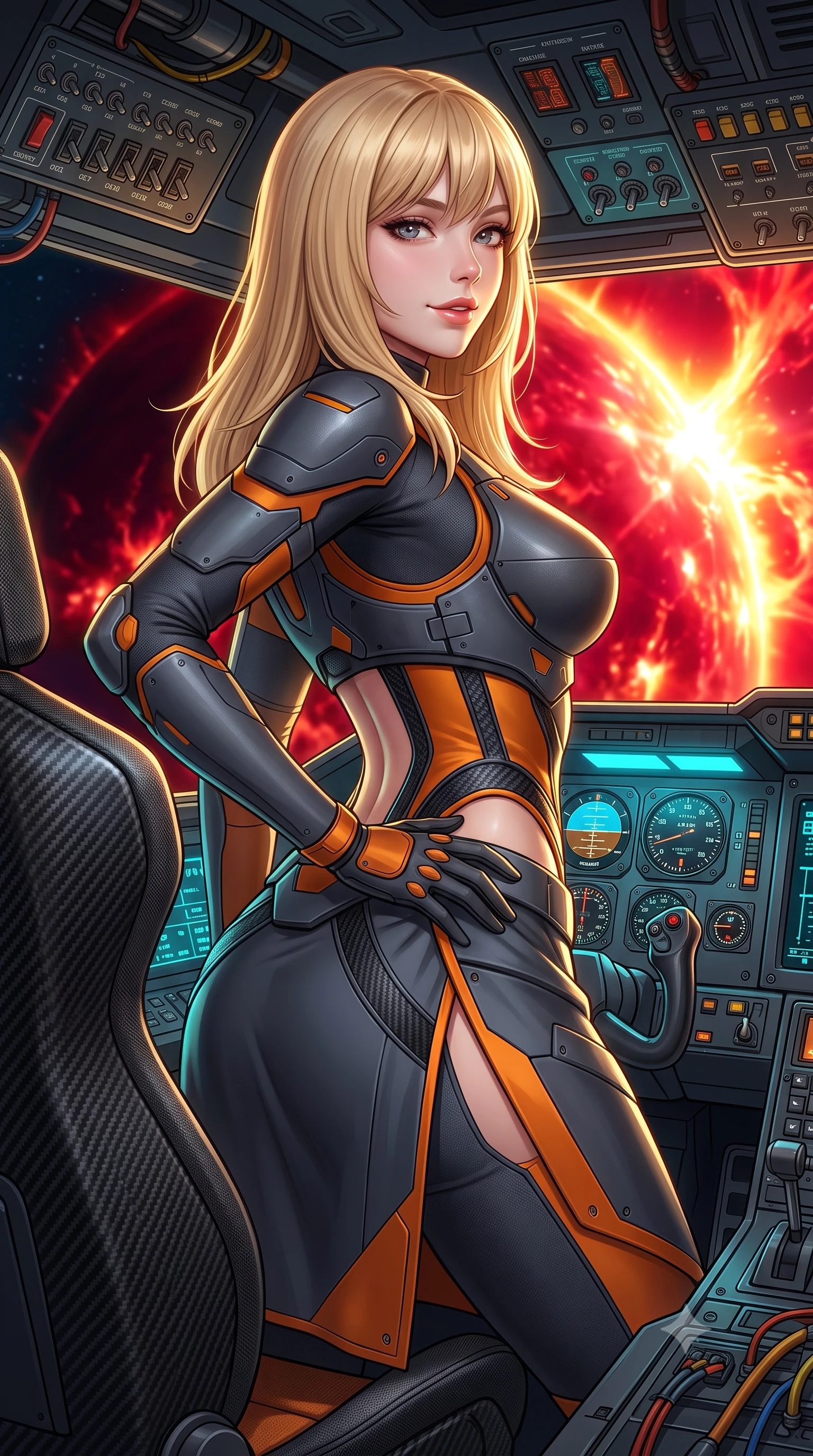 score_9, masterpiece, best quality, ultra-detailed, high-budget anime keyframe, semi-realistic 3D game render, editorial fashion photography, tasteful artistic composition, Japanese woman. close-up cowboy shot from the waist and thighs up, the character dominates the composition, filling the frame with her large presence. twisting her slender torso in an alluring contrapposto stance, one hand resting on her sculpted hip armor while glancing back with effortless sovereign poise while strapped into the ergonomic pilot flight seat, arching her spine with sovereign composure as blinding crimson and gold solar flares erupt outside. The surrounding environment is rendered in vivid detail and crisp panoramic clarity: sharp toggle switches, illuminated cockpit instrumentation dials, and carbon fiber flight seat weave in deep focus. She has an exceptionally elegant, slender, and willowy female figure with an ultra-slim waist, flat toned midriff, narrow ribcage, and sculpted feminine hips creating an alluring, slim hourglass silhouette without bulk. sharp v-shaped jawline, high-bridge nose, intricate jewel-like sparkling eyes with depth, thick eyelashes, glossy parted lips with a natural sheen, bright confident smile with an enchanting and coquettish sensual glint, exuding both youthful magnetic charm and sovereign high-tech allure, flawlessly proportioned anatomical accuracy, strict slender model proportions, natural body alignment, perfectly sculpted long slender limbs, ultra-slim waistline, clean dynamic posture without body distortion. wearing a cyber-samurai tactical suit featuring a shortened carbon chestplate and high-slit armored wrap skirt in stealth charcoal slate and molten laser orange, made of supple second-skin compression stretch jersey clinging flawlessly to her form, finished with delicate carbon-fiber boning framing the narrow waistline, the aerodynamic second-skin silhouette tightly following the natural contour of her hips and long slender legs with youthful 8.5-heads elegance. illuminated by instrument panel cyan bounce and sharp golden rim lights sculpting her sculpted collarbones, ultra-slim waist, and curvy hips. highly saturated vibrant anime colors, detailed shading with soft gradients, rich glossy textures, high-contrast stereoscopic depth, volumetric dynamic lighting, master piece, 9:16 ratio