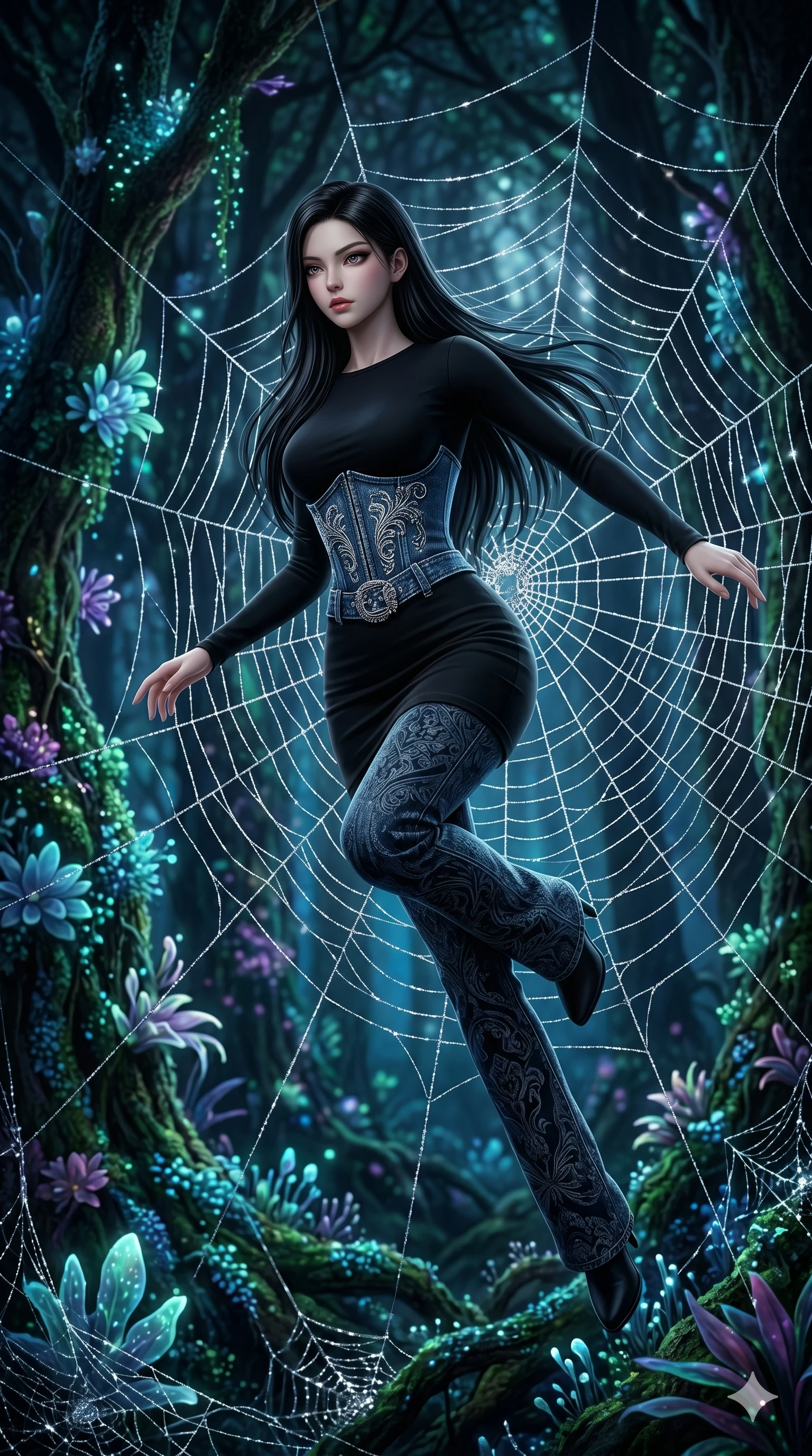 score_9, masterpiece, best quality, ultra-detailed, Set A: Photorealistic 8k CG, Japanese woman. Low angle cowboy shot filling the entire 9:16 frame with her statuesque presence. Leaping through a giant spiderweb made of silver silk. She has an absolutely perfect 8-heads proportion, an exceptionally tall and slender female figure with elegant long slender legs and an slender waist. Sharp v-shaped jawline, high-bridge nose, intricate jewel-like eyes with depth, thick eyelashes, glossy lips. Wearing an Urban Trendsetter outfit: elegant form-fitting dress with high-waist denim and ornate corset. Background is a bright and colorful dark forest with glowing plants and sparkling silver webs. 2k, ultra detail, master piece, 9:16 ratio