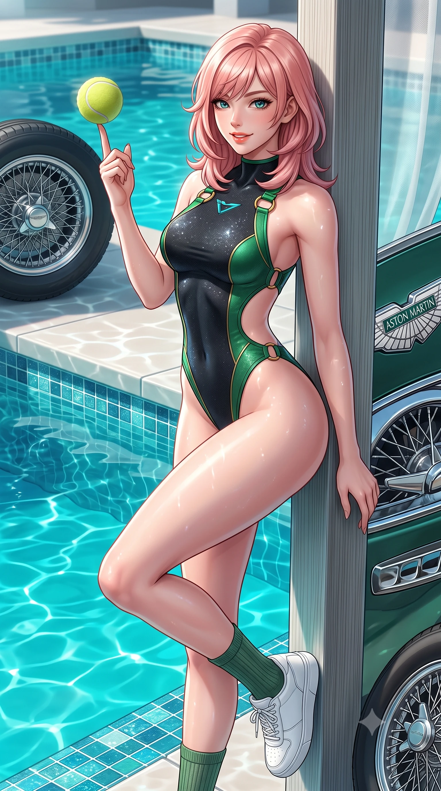 score_9, masterpiece, best quality, ultra-detailed, high-budget anime keyframe, semi-realistic 3D game render, editorial fashion photography, tasteful artistic composition, Japanese woman. close-up cowboy shot from the waist and thighs up, the character dominates the composition, filling the frame with her large presence. playfully spinning a tennis ball on her fingertips, her radiant smile capturing fresh girlhood charm while her arched torso reveals an intoxicating hip contour while leaning against the poolside cabana post with hips cocked back, casting an alluring bedroom-gaze past floating turquoise pool water. The surrounding environment is rendered in vivid detail and crisp panoramic clarity: sharp Aston Martin wire wheel spoke clarity, polished chrome badge reliefs, and sparkling pool waterline tile in deep focus. She has an exceptionally elegant, slender, and willowy female figure with an ultra-slim waist, flat toned midriff, narrow ribcage, and sculpted feminine hips creating an alluring, slim hourglass silhouette without bulk. sharp v-shaped jawline, high-bridge nose, sparkling eyes with athletic focus and depth, thick curled eyelashes, glossy parted lips with a natural coral-peach sheen, bright confident and coquettish smile with alluring bedroom-eyes, exuding both youthful sporty vigor and sovereign high-society glamour, flawlessly proportioned anatomical accuracy, strict slender model proportions, natural body alignment, perfectly sculpted long slender limbs, ultra-slim waistline, clean dynamic posture without body distortion. wearing a high-performance speeder racing suit in matte black and Wimbledon green with gold hardware rings in metallic liquid silver and electric cyan, woven from metallic lurex and technical nylon with subtle starlight glints, complemented by ribbed knit crew socks and clean white designer court sneakers, the precision-cut side openings and low-back scoop framing her graceful spine and the sensual sweep of her slim, athletic hips. illuminated by water caustic bounce and sharp platinum rim lights defining her sculpted collarbones, ultra-slim waist, and curvy hips. highly saturated vibrant anime colors, detailed shading with soft gradients, rich glossy textures, high-contrast stereoscopic depth, volumetric dynamic lighting, master piece, 9:16 ratio