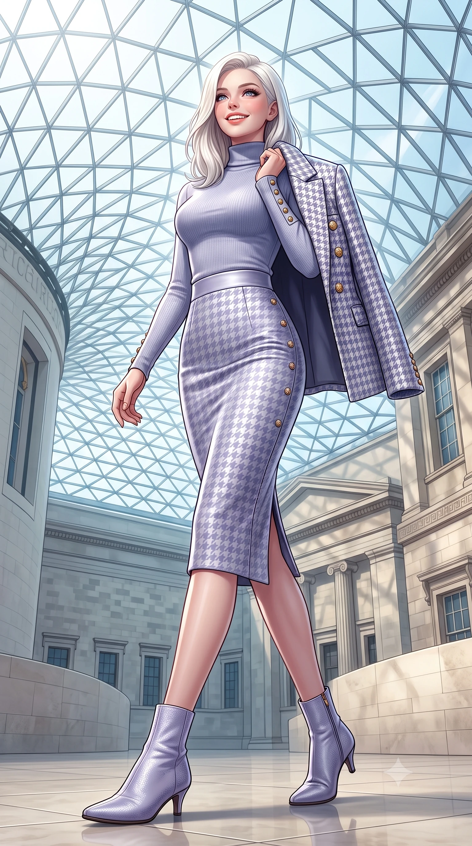score_9, masterpiece, best quality, ultra-detailed, high-budget anime keyframe, semi-realistic 3D game render, editorial fashion photography, tasteful artistic composition, Caucasian woman. low angle full-body shot from head to toe showing her feet, filling the entire 9:16 vertical frame with her statuesque presence, stretching her vertical silhouette. stepping forward in a confident stride, her long slender legs and curvaceous hips creating a dynamic, sweeping vertical line while standing poised beneath the monumental geodesic glass roof canopy, gazing upward with an inspired, breathtaking smile. The surrounding environment is rendered in vivid detail and crisp panoramic clarity: detailed houndstooth tweed jacket weave, gold embossed coin buttons, and monumental British architecture in high resolution. She has an exceptionally tall and slender model-like 8.5-heads proportion, an ultra-slim waist, a flat toned midriff, narrow delicate ribcage, and beautifully sculpted feminine hips creating a graceful, slim hourglass silhouette without any bulky heaviness, with impossibly long slender legs. sharp v-shaped jawline, high-bridge nose, intricate jewel-like sparkling eyes with depth, thick eyelashes, glossy parted lips with a natural peach sheen, bright cheerful beaming smile with an enchanting and coquettish sensual glint, exuding both youthful cute charm and seductive allure, flawlessly proportioned anatomical accuracy, strict slender model proportions, natural body alignment, perfectly sculpted long slender limbs, ultra-slim waistline, clean dynamic posture without body distortion. wearing a body-hugging fine-knit merino turtleneck tucked seamlessly into a high-waisted tailored houndstooth pencil midi skirt in frosted mountain lavender and shimmering ice silver, crafted from buttery-soft stretch lambskin leather adhering to her body like a second skin, accented with delicate gold button studs trailing down the snug sleeve cuffs, the body-conscious tailored knit hugging her sculpted torso and curvaceous hips in a seamless, fluid line that highlights her statuesque model proportions. bathed in voluminous pure white zenithal daylight filtering through the vast geometric glass skylight canopy. highly saturated vibrant anime colors, detailed shading with soft gradients, rich glossy textures, high-contrast stereoscopic depth, volumetric dynamic lighting, master piece, 9:16 ratio