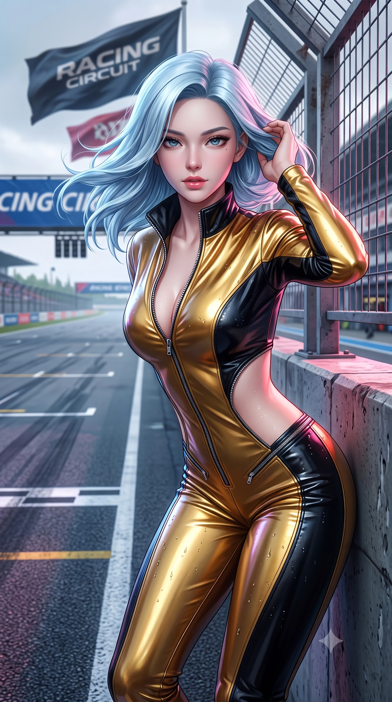 score_9, masterpiece, best quality, ultra-detailed, high-budget anime keyframe, semi-realistic 3D game render, editorial fashion photography, tasteful artistic composition, Korean woman. close-up cowboy shot from the waist and thighs up, the character dominates the composition, filling the frame with her large presence. leaning forward toward the camera with playful, breathtaking intimacy, eyes locked onto the viewer with irresistible charisma while leaning against a heavy track barrier, tossing her hair over one shoulder as wind whips the racing circuit banners. The surrounding environment is rendered in vivid detail and crisp panoramic clarity. crisp starting grid painted lines, rain droplet beads on leather jacket, and circuit fencing in deep focus. She has an exceptionally elegant, slender, and willowy female figure with an ultra-slim waist, a gracefully sculpted slender torso, toned flat midriff, and a refined slim silhouette. sharp v-shaped jawline, high-bridge nose, intricate jewel-like eyes with depth, thick eyelashes, glossy parted lips with a natural sheen, intensely captivating and seductive expression, flawlessly proportioned anatomical accuracy, strict slender model proportions, natural body alignment, perfectly sculpted long slender limbs, ultra-slim waistline, clean dynamic posture without body distortion. wearing a high-gloss patent leather racing catsuit with an open front zipper and high stand collar in metallic liquid gold and obsidian black, made of durable ripstop technical nylon with metallic zipper teeth, accented with diagonal metal zippers running across the side-waist cutouts, the precision-cut daring openings accentuating her delicate midriff, graceful bare collarbones, and ultra-slim feminine waistline. bathed in dynamic color-shifting LED race lights and sweeping white spotlight fill. highly saturated vibrant anime colors, detailed shading with soft gradients, rich glossy textures, high-contrast stereoscopic depth, volumetric dynamic lighting, master piece, 9:16 ratio