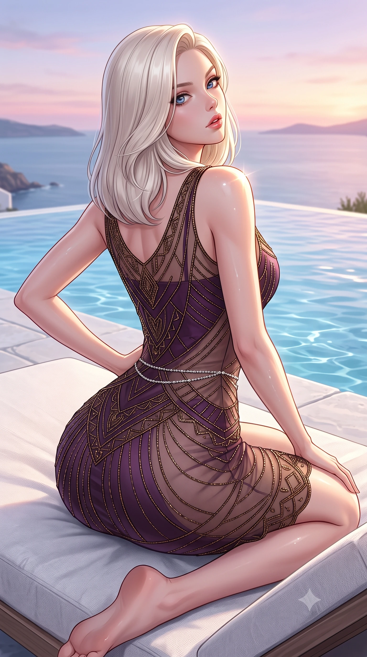 score_9, masterpiece, best quality, ultra-detailed, high-budget anime keyframe, semi-realistic 3D game render, editorial fashion photography, tasteful artistic composition, Caucasian woman. close-up cowboy shot from the waist and thighs up, the character dominates the composition, filling the frame with her large presence. posing in an alluring rear three-quarter angle, arching her lower back in a pronounced S-curve with one hand on her hip, glancing seductively over her bare shoulder with parted glossy lips while reclining languidly on a white stone sunbed with one knee raised, head tilted back toward the pastel Aegean skies with parted lips. The surrounding environment is rendered in vivid detail and crisp panoramic clarity. detailed linen dress weave, pool water ripple clarity, and sunset horizon gradients in high resolution. She has an exceptionally elegant, slender, and willowy female figure with an ultra-slim waist, flat toned midriff, narrow ribcage, and sculpted feminine hips creating an alluring, slim hourglass silhouette without bulk. sharp v-shaped jawline, high-bridge nose, intricate jewel-like eyes with depth, thick eyelashes, glossy parted lips with a natural sheen, intensely captivating and seductive bedroom-eyes expression, flawlessly proportioned anatomical accuracy, strict slender model proportions, natural body alignment, perfectly sculpted long slender limbs, ultra-slim waistline, clean dynamic posture without body distortion. wearing a sheer vintage mesh flapper dress adorned with intricate geometric beadwork over an opaque silk slip in deep plum violet and antique bronze, made of fluid silk crepe with delicate inner corsetry boning, accented with a dainty diamond waist chain catching the ambient light reflections, the glove-like aerodynamic silhouette tightly following the natural contour of her hips and long slender legs with statuesque 8.5-heads elegance. illuminated by glowing specular sun glints defining her sculpted collarbones, narrow waist, and rounded hips. highly saturated vibrant anime colors, detailed shading with soft gradients, rich glossy textures, high-contrast stereoscopic depth, volumetric dynamic lighting, master piece, 9:16 ratio
