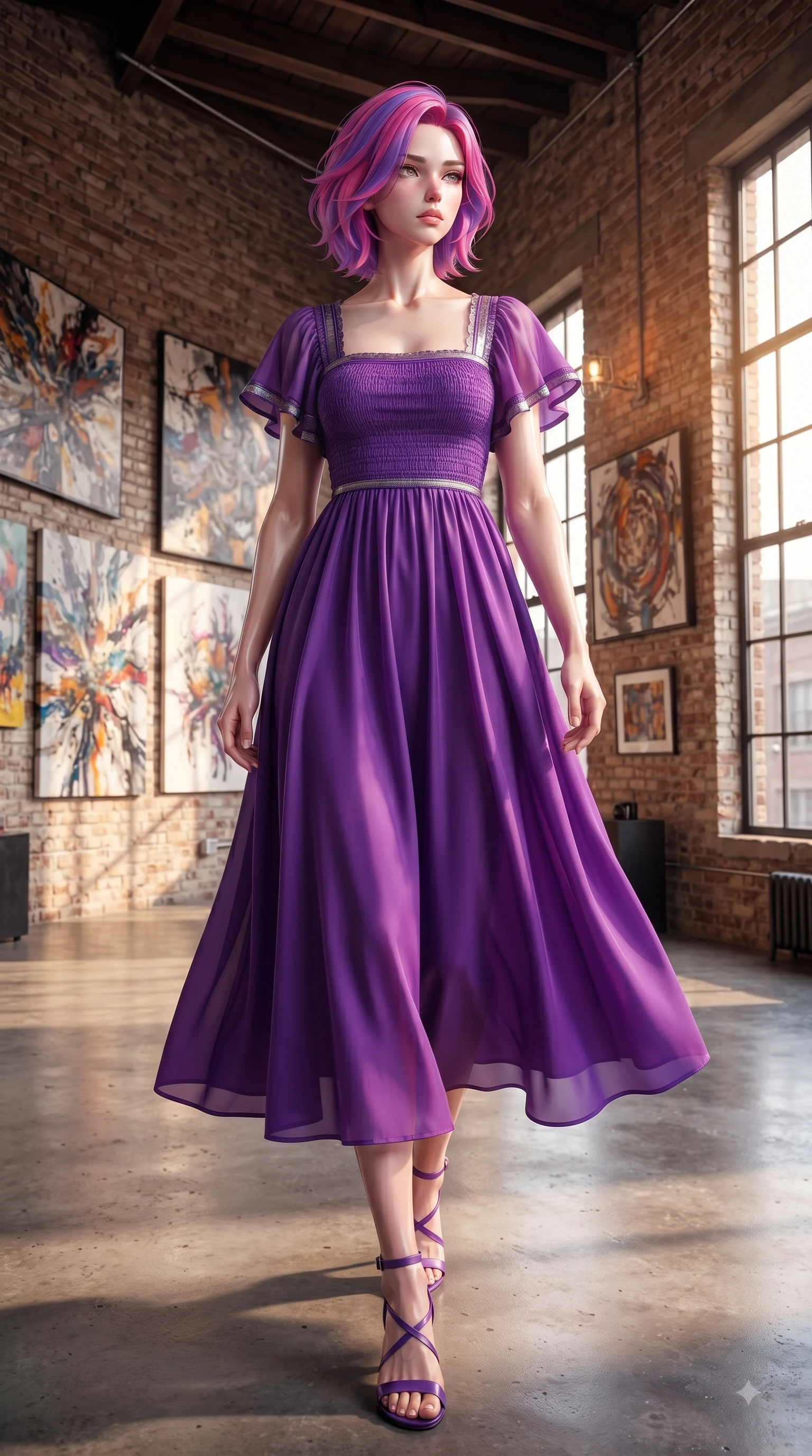 score_9, masterpiece, best quality, ultra-detailed, high-budget anime keyframe, editorial fashion photography, tasteful artistic composition, Caucasian woman. low angle full-body shot from head to toe showing her feet, filling the entire 9:16 vertical frame with her statuesque presence, stretching her vertical silhouette. Wistful sorrowful gaze looking distant with a delicate melancholy and emotional depth in her eyes while walking gracefully through a sun-drenched art gallery inside a converted industrial loft. The surrounding environment is rendered in vivid detail and crisp panoramic clarity. raw exposed brick walls, polished concrete floors, and detailed gallery artwork in high clarity. She has an absolutely perfect, statuesque 8.5-heads proportion, an exceptionally tall and slender model-like female figure with impossibly long slender legs and an ultra-slim waist. sharp v-shaped jawline, high-bridge nose, intricate jewel-like eyes with depth, thick eyelashes, glossy lips with a natural sheen, flawlessly proportioned anatomical accuracy, natural body alignment, perfectly sculpted elegant limbs, clean dynamic posture without body distortion. wearing a vivid violet chiffon gown with delicate smocked details and flutter sleeves in rich plum violet and metallic platinum, tailored from crisp high-density cotton poplin, featuring elegant flutter sleeves and a graceful square neckline, the tailored fit highlighting her statuesque and model-like silhouette. surrounded by a chic, intellectual, and artistic urban editorial atmosphere. ultra-reflective glossy finish, specular highlights, metallic sheen, high-contrast stereoscopic depth, volumetric dynamic lighting, 2k, ultra detail, master piece, 9:16 ratio