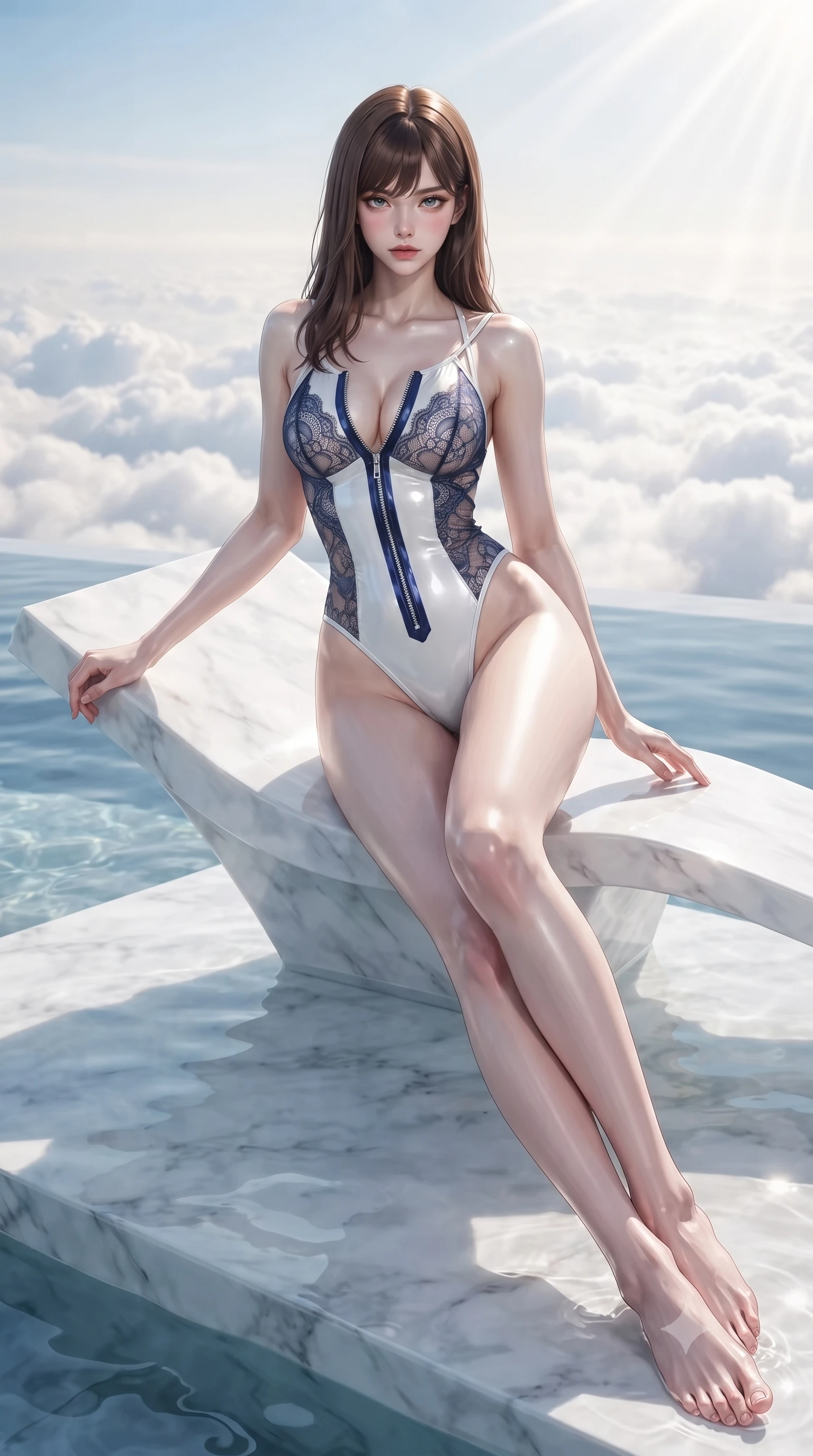 score_9, masterpiece, best quality, ultra-detailed, high-budget anime keyframe, editorial fashion photography, tasteful artistic composition, Korean woman. low angle full-body shot from head to toe showing her feet, filling the entire 9:16 vertical frame with her statuesque presence, stretching her vertical silhouette. pivoting dynamically in mid-motion with a breathtakingly alluring posture, displaying her flawless model proportions and ultra-slim waist while reclining on a submerged white marble lounger inside a 150th-floor infinity pool overlooking a sea of clouds. The composition keeps background elements in soft focus with creamy bokeh. brilliant high-noon sunrays scattering radiant light curtains across a bright backdrop. She has an absolutely perfect, statuesque 8.5-heads proportion, an exceptionally tall and slender model-like female figure with impossibly long slender legs, a toned flat midriff, and an ultra-slim waist. sharp v-shaped jawline, high-bridge nose, intricate jewel-like eyes with depth, thick eyelashes, glossy lips with a natural sheen, flawlessly proportioned anatomical accuracy, strict slender model proportions, natural body alignment, perfectly sculpted long slender limbs, ultra-slim waistline, clean dynamic posture without body distortion. wearing a glossy white second-skin latex bodysuit with high-thigh cuts, exposed clavicle neckline, and gleaming zipper details in deep royal navy blue and specular chrome, crafted from delicate dark lace interwoven with luminescent micro-fibers, complemented by criss-cross back straps highlighting her completely bare spine, the liquid-tight tailored fabric emphasizing every curve of her tall, slender model proportions and sculptured silhouette during dynamic movement. illuminated by crisp specular highlights tracing her sculpted collarbones and waistline. ultra-reflective glossy finish, specular highlights, metallic sheen, high-contrast stereoscopic depth, volumetric dynamic lighting, 2k, ultra detail, master piece, 9:16 ratio