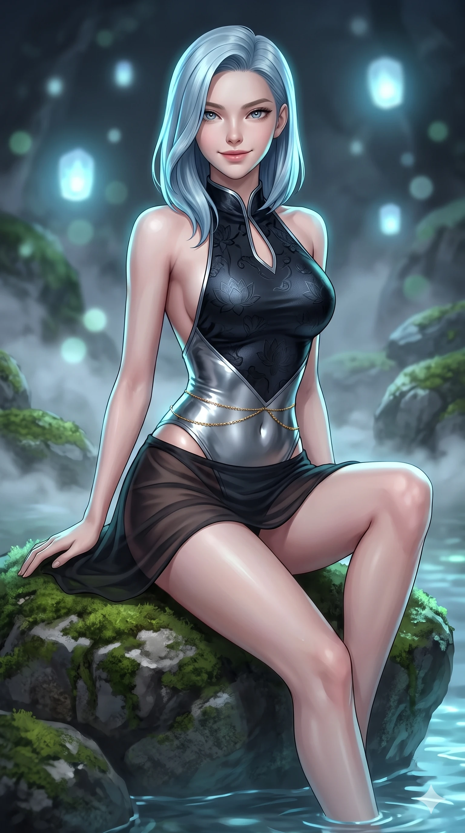score_9, masterpiece, best quality, ultra-detailed, high-budget anime keyframe, semi-realistic 3D game render, editorial fashion photography, tasteful artistic composition, Korean woman. close-up cowboy shot from the waist and thighs up, the character dominates the composition, filling the frame with her large presence. smiling with quiet, magnetic self-assurance directly into the camera, her sculpted waistline catching specular moonbeam highlights while perched sideways on the mossy boulder at the water's edge, one knee drawn up to showcase her slender leg line while her arched back accentuates her curves. The background shows a soft-focus floating pale blue spirit lanterns, moss-covered boulders, and swirling mountain spring mist blurred into pale cyan, emerald, and charcoal bokeh. She has an exceptionally elegant, slender, and willowy female figure with an ultra-slim waist, flat toned midriff, narrow ribcage, and sculpted feminine hips creating an alluring, slim hourglass silhouette without bulk. sharp v-shaped jawline, high-bridge nose, sparkling eyes with hypnotic seductive depth, thick curled eyelashes, glossy parted lips with a natural dewy peach sheen, alluring bedroom-eyes with an enchanting coquettish smile, exuding magnetic siren charisma and sophisticated glamour, flawlessly proportioned anatomical accuracy, strict slender model proportions, natural body alignment, perfectly sculpted long slender limbs, ultra-slim waistline, clean dynamic posture without body distortion. wearing a liquid-tight backless silk halter leotard styled with a sheer wrap overskirt revealing her hip curve in liquid mercury chrome and deep ink black, tailored from rich silk jacquard with subtle embossed lotus blossom patterns, finished with a dainty gold belly chain resting across her flat midriff and curving hips, the form-fitting cut adhering flawlessly to her sculpted flat midriff and slender torso, emphasizing her long leg lines and perfectly proportioned willowy build. illuminated by spring water surface bounce and sharp cyan-aquamarine rim lights defining her razor-sharp jawline, narrow waist, and curvy hips. highly saturated vibrant anime colors, detailed shading with soft gradients, rich glossy textures, high-contrast stereoscopic depth, volumetric dynamic lighting, master piece, 9:16 ratio