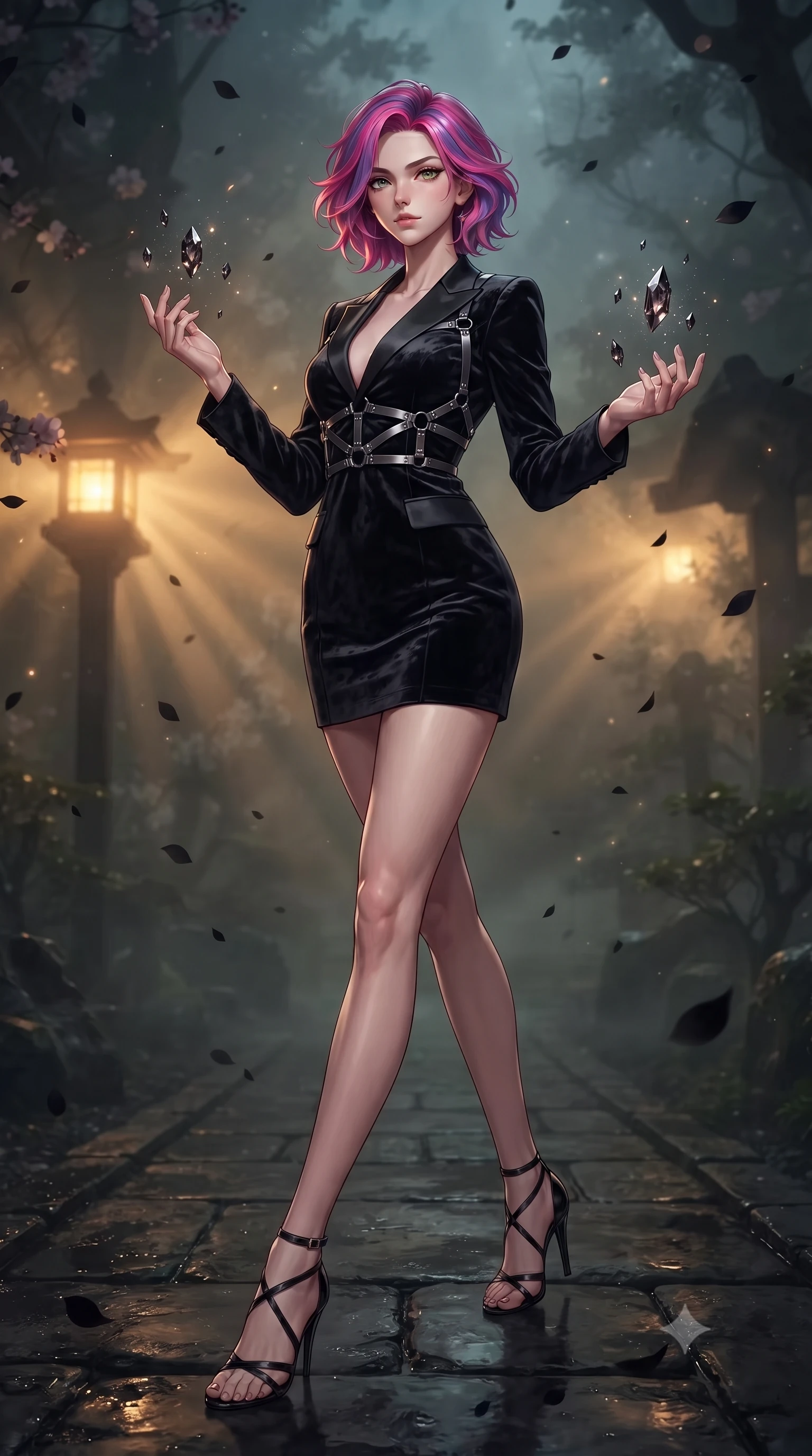 score_9, masterpiece, best quality, ultra-detailed, high-budget anime keyframe, editorial fashion photography, tasteful artistic composition, Caucasian woman. low angle full-body shot from head to toe showing her feet, filling the entire 9:16 vertical frame with her statuesque presence, stretching her vertical silhouette. interacting with floating dark crystal particles, her long slender legs poised in motion, poised on a dark wet stone pathway under falling black sakura petals, dim gold lantern light casting warm dramatic rays through thick midnight mist. She has an absolutely perfect, statuesque 8.5-heads proportion, an exceptionally tall and slender model-like female figure with impossibly long slender legs and an ultra-slim waist. sharp v-shaped jawline, high-bridge nose, intricate jewel-like eyes with depth, thick eyelashes, glossy lips with a natural sheen. wearing tailored onyx black tux dress with silk lapels and fitted waist in obsidian black, made of crushed dark silk velvet, highlighted by a gunmetal metallic harness structure, contouring every curve with an exceptionally elegant silhouette. bathed in eerie gold mist glow and deep dark shadow silhouettes. highly saturated vibrant anime colors, detailed shading with soft gradients, rich glossy textures, high-contrast stereoscopic depth, volumetric dynamic lighting, master piece, 9:16 ratio