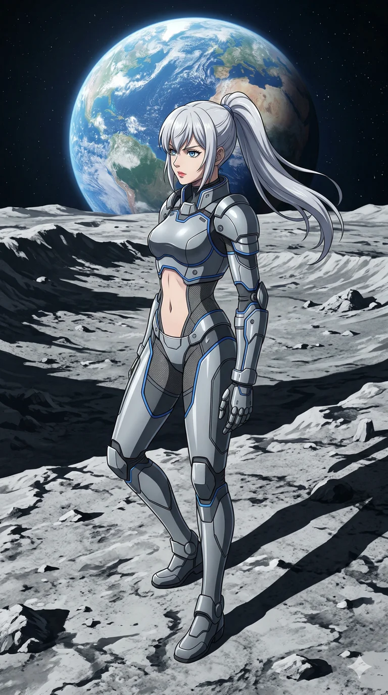 score_9, masterpiece, best quality, ultra-detailed, high-budget anime keyframe, an incredibly beautiful Caucasian woman (strictly human ears). Full-body shot stretching the vertical silhouette, dominating the 9:16 frame. She is a lunar guardian standing on a crater. Her figure boasts an absolutely perfect 8-heads proportion, an exceptionally tall and slender build emphasizing a delicate skinny aesthetic. Her face is a highly detailed masterpiece featuring a sharp v-shaped jawline, high-bridge nose, intricate jewel-like eyes, thick eyelashes, and glossy lips. She is wearing a sleek silver cybernetic suit with exposed midriff. A desolate lunar landscape with the Earth rising in the background, sharp cinematic shadows., 2k, ultra detail, master piece, 9:16 ratio