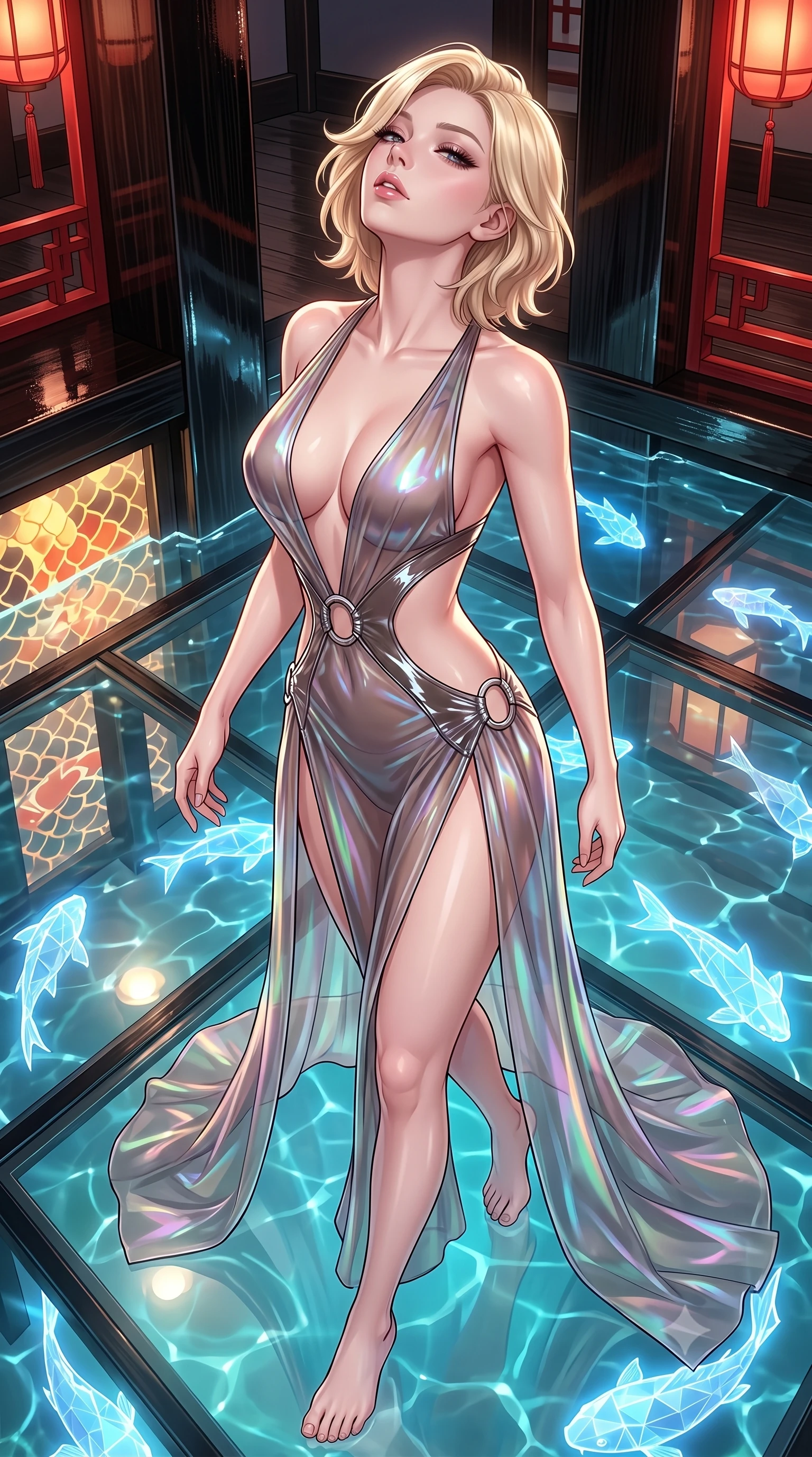 score_9, masterpiece, best quality, ultra-detailed, high-budget anime keyframe, semi-realistic 3D game render, editorial fashion photography, tasteful artistic composition, Caucasian woman. close-up cowboy shot from the waist and thighs up, the character dominates the composition, filling the frame with her large presence. tilting her head back with a sensual alluring expression, exposing her throat and shoulders to the camera with heavy lashes and softly parted glossy lips while stepping along a floating glass bridge over an illuminated pond filled with swimming light fish. The surrounding environment is rendered in vivid detail and crisp panoramic clarity. polished black lacquer wood grain, glowing koi scales, and red lantern frame details in deep focus. She has an exceptionally elegant, slender, and willowy female figure with an ultra-slim waist, a gracefully sculpted slender torso, and a refined silhouette. sharp v-shaped jawline, high-bridge nose, intricate jewel-like eyes with depth, thick eyelashes, glossy lips with a natural sheen, flawlessly proportioned anatomical accuracy, natural body alignment, perfectly sculpted elegant limbs, clean dynamic posture without body distortion. wearing a translucent iridescent chiffon gown with a plunging neckline, high dual thigh slits, and an open back in translucent smoky quartz and iridescent holographic sheen, formed from high-gloss patent material with specular light reflections, detailed with polished silver rings connecting the daring side-waist cutouts, the glove-like fit tightly following every curve of her statuesque athletic build. illuminated by soft glowing floor uplights and sharp specular highlights on wet lacquer. highly saturated vibrant anime colors, detailed shading with soft gradients, rich glossy textures, high-contrast stereoscopic depth, volumetric dynamic lighting, master piece, 9:16 ratio