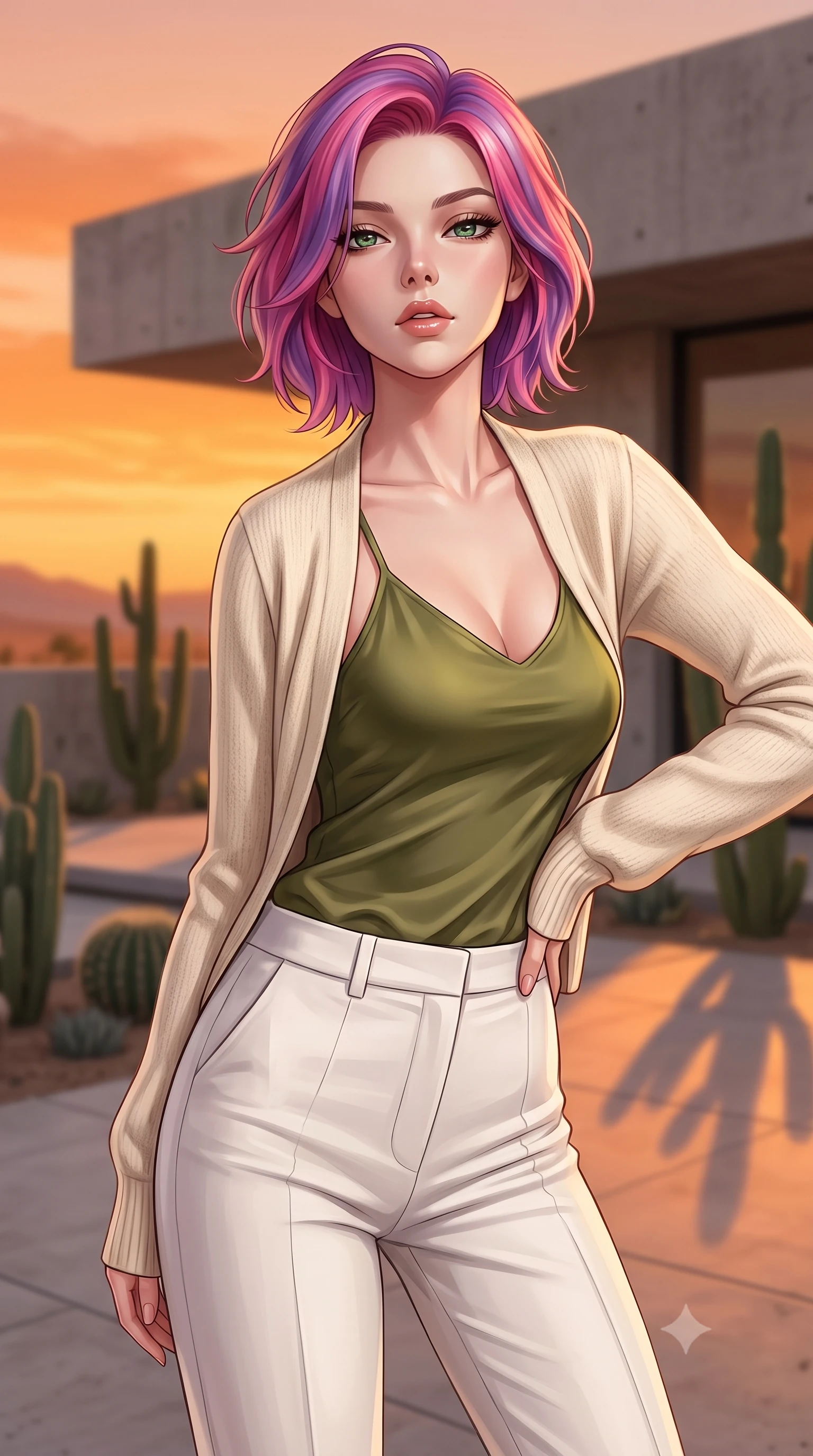 score_9, masterpiece, best quality, ultra-detailed, high-budget anime keyframe, editorial fashion photography, tasteful artistic composition, Caucasian woman woman. close-up cowboy shot from the waist and thighs up, the character dominates the composition, filling the frame with her large presence, background elements kept in soft focus. tilting her chin up slightly with lips parted in a composed, provocative expression the background shows a soft-focus a patio of a modern concrete villa in the desert, with minimalist cacti landscaping. She has an exceptionally elegant, slender, and willowy female figure with an ultra-slim waist, a gracefully sculpted slender torso, and a refined silhouette. sharp v-shaped jawline, high-bridge nose, intricate jewel-like eyes with depth, thick eyelashes, glossy lips with a natural sheen. wearing a form-contouring cozy cream cardigan worn over an olive green silk camisole and tailored white trousers. the dramatic orange glow of a desert sunset casting long shadows of the cacti. 2k, ultra detail, master piece, 9:16 ratio