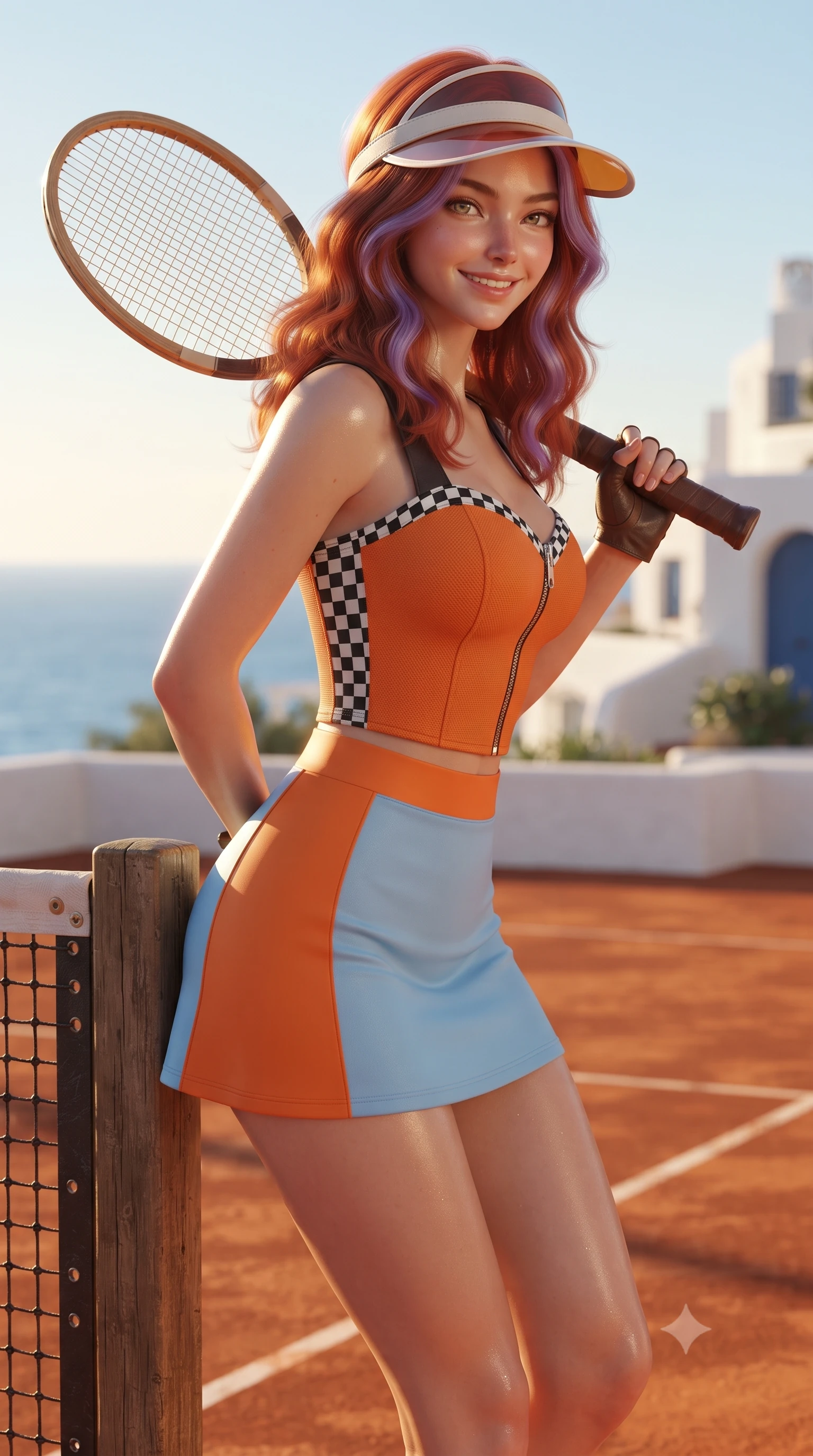 score_9, masterpiece, best quality, ultra-detailed, high-budget anime keyframe, editorial fashion photography, tasteful artistic composition, Caucasian woman. close-up cowboy shot from the waist and thighs up, the character dominates the composition, filling the frame with her large presence. resting both hands lightly behind her back while leaning toward the lens with a cheerful, teasing grin, her form-fitting athletic suit hugging her narrow waist and hip curve while leaning against the tennis net post with a wooden racket resting on her shoulder, arching her spine with athletic supermodel grace overlooking the Mediterranean. The surrounding environment is rendered in vivid detail and crisp panoramic clarity: detailed piqué knit texture, dewy post-match glow on skin, and legendary Mediterranean tennis architecture in high resolution. She has an exceptionally elegant, slender, and willowy female figure with an ultra-slim waist, flat toned midriff, narrow ribcage, and sculpted feminine hips creating an alluring, slim hourglass silhouette without bulk. sharp v-shaped jawline, high-bridge nose, sparkling eyes with athletic focus and depth, thick curled eyelashes, glossy parted lips with a natural coral-peach sheen, bright confident and coquettish smile with alluring bedroom-eyes, exuding both youthful sporty vigor and sovereign high-society glamour, flawlessly proportioned anatomical accuracy, strict slender model proportions, natural body alignment, perfectly sculpted long slender limbs, ultra-slim waistline, clean dynamic posture without body distortion. wearing a chic leather bustier top with checkered flag trim paired with an ultra-short A-line tennis skirt in vintage Porsche Gulf blue and vibrant race orange, made of smooth liquid-tight stretch jersey emphasizing every curve of her body, accented with a sporty retro tennis visor and fingerless leather driving gloves, the precision-cut side openings and low-back scoop framing her graceful spine and the sensual sweep of her slim, athletic hips. bathed in warm sunny afternoon light reflecting off the red clay surface and whitewashed club walls. ultra-reflective glossy finish, specular highlights, rich textural contrasts, high-contrast stereoscopic depth, volumetric dynamic lighting, 2k, ultra detail, master piece, 9:16 ratio
