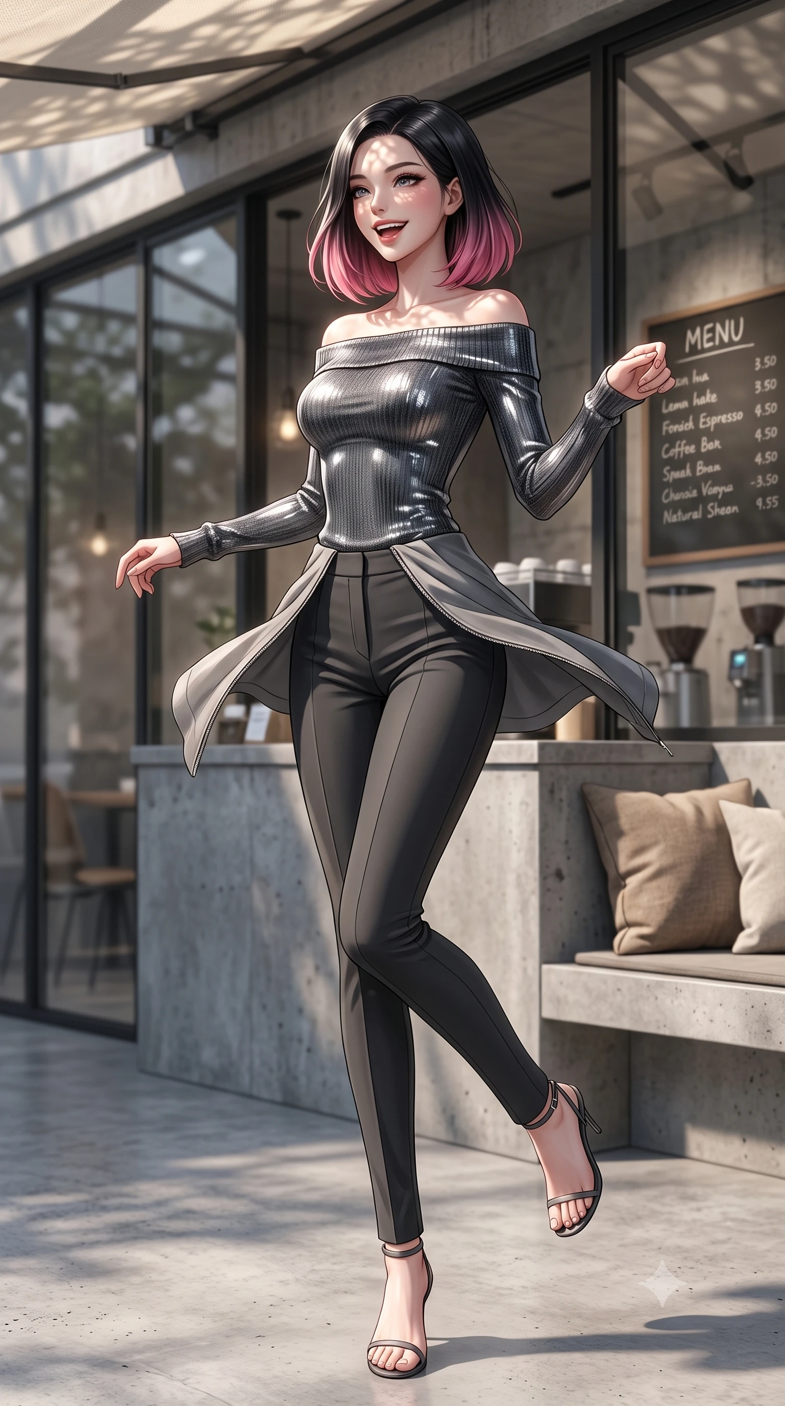 score_9, masterpiece, best quality, ultra-detailed, high-budget anime keyframe, editorial fashion photography, tasteful artistic composition, Korean woman. low angle full-body shot from head to toe showing her feet, filling the entire 9:16 vertical frame with her statuesque presence, stretching her vertical silhouette. twirling around with a playful, sensual laugh, her dress fluttering elegantly to accent her waistline set against a soft-focus background of inside a modern minimalist espresso bar with sleek glass windows and concrete counters with a handwritten menu board and cozy cushions on the chairs. She has an absolutely perfect, statuesque 8.5-heads proportion, an exceptionally tall and slender model-like female figure with impossibly long slender legs and an ultra-slim waist. sharp v-shaped jawline, high-bridge nose, intricate jewel-like eyes with depth, thick eyelashes, glossy lips with a natural sheen. wearing form-contouring body-hugging off-shoulder knit top in charcoal, paired with tailored slim pants. dappled sunlight filtering through the outdoor awning onto her face. ultra-reflective glossy finish, specular highlights, metallic sheen, high-contrast stereoscopic depth, volumetric dynamic lighting, 2k, ultra detail, master piece, 9:16 ratio