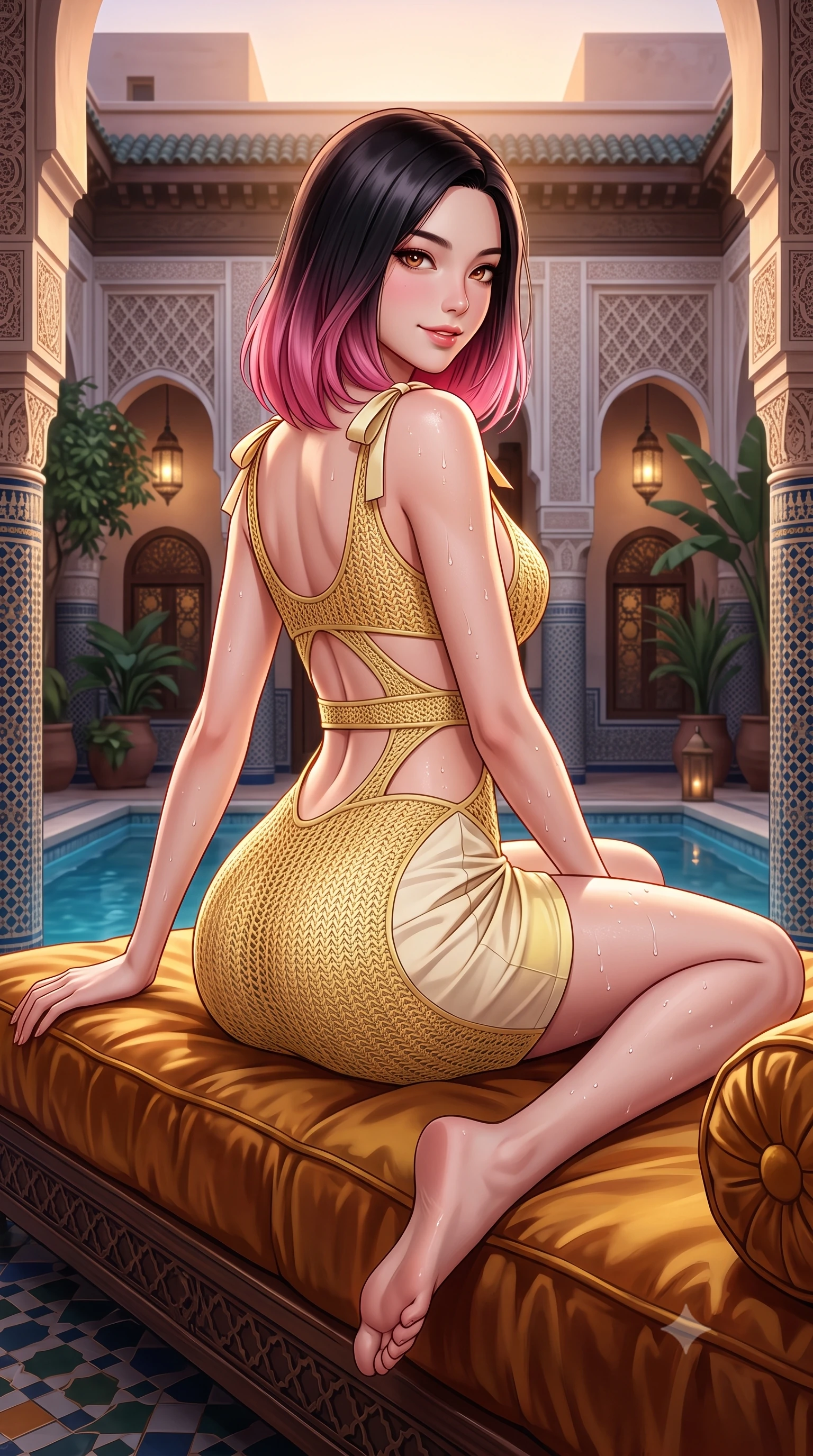 score_9, masterpiece, best quality, ultra-detailed, high-budget anime keyframe, semi-realistic 3D game render, editorial fashion photography, tasteful artistic composition, Korean woman. low angle full-body shot from head to toe showing her feet, filling the entire 9:16 vertical frame with her statuesque presence, stretching her vertical silhouette. posing with back turned slightly to the lens, glancing back with an enchanting, playful smile as she arches her lower back to emphasize her sculpted feminine hips and slender waist while lounging across an oversized velvet-cushioned daybed, one knee drawn up, displaying her long slender limbs and toned flat midriff with regal charm. The surrounding environment is rendered in vivid detail and crisp panoramic clarity. detailed resort crochet weave, water droplets on skin, and authentic Moroccan palace craftsmanship in high resolution. She has an exceptionally tall and slender model-like 8.5-heads proportion, an ultra-slim waist, a flat toned midriff, narrow delicate ribcage, and beautifully sculpted feminine hips creating a graceful, slim hourglass silhouette without any bulky heaviness, with impossibly long slender legs. sharp v-shaped jawline, high-bridge nose, sparkling amber-hazel eyes with depth, long lush eyelashes, glossy sun-kissed lips with a warm coral glaze, radiant teasing smile with sensual sunlit bedroom-eyes, exuding effortless old-money elegance and intoxicating sun-drenched allure, flawlessly proportioned anatomical accuracy, strict slender model proportions, natural body alignment, perfectly sculpted long slender limbs, ultra-slim waistline, clean dynamic posture without body distortion. wearing a cut-out golden metallic knit mini dress with open-waist architecture emphasizing her hourglass curves in pastel limoncello yellow and vanilla cream, tailored from crisp cotton poplin with clean structural architectural lines, finished with cute satin bow ribbons tying at the shoulders, the liquid-tight tailored fabric clinging flawlessly to her narrow waist and rounded feminine hips, emphasizing every millimeter of her sculpted slim hourglass curves without any bulky heaviness. bathed in warm ambient evening light filtering down into the tranquil open-air courtyard. highly saturated vibrant anime colors, detailed shading with soft gradients, rich glossy textures, high-contrast stereoscopic depth, volumetric dynamic lighting, master piece, 9:16 ratio