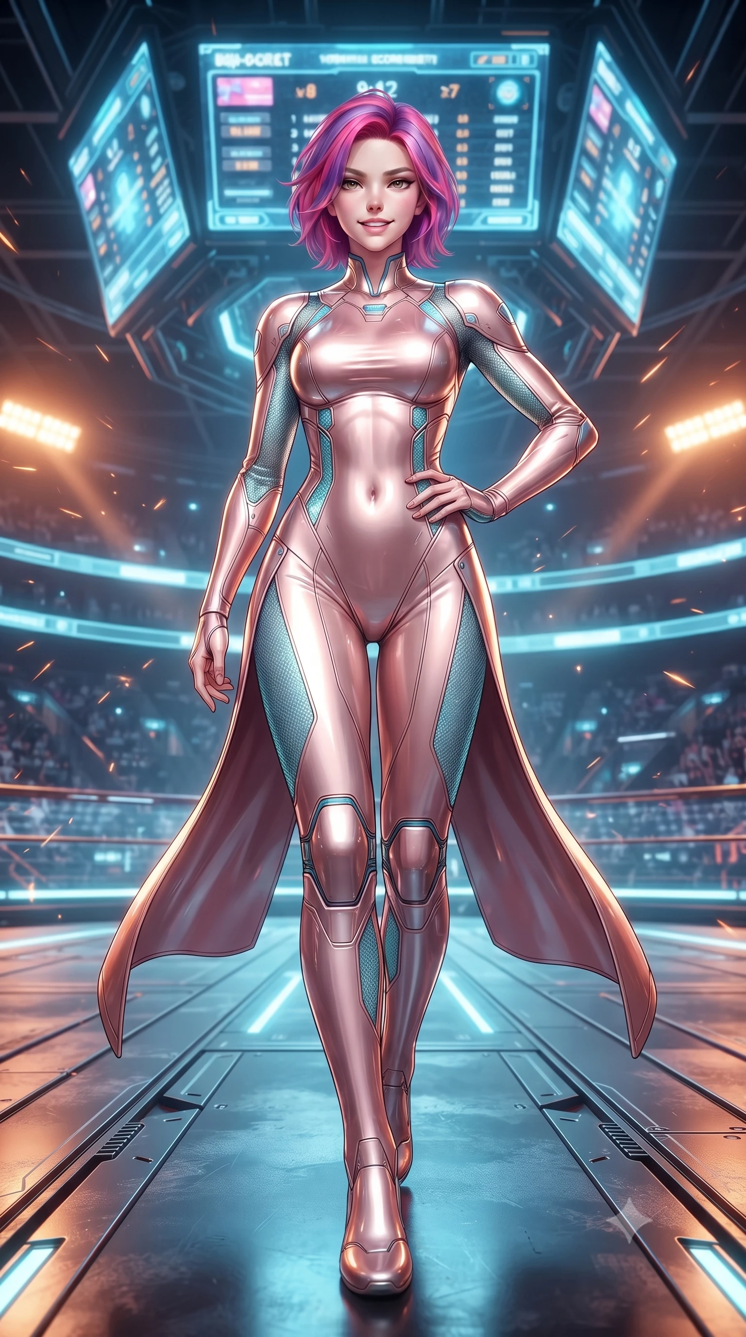 score_9, masterpiece, best quality, ultra-detailed, high-budget anime keyframe, editorial fashion photography, tasteful artistic composition, Caucasian woman. low angle full-body shot from head to toe showing her feet, filling the entire 9:16 vertical frame with her statuesque presence, stretching her vertical silhouette. striding forward with sovereign warrior elegance in a low, predatory combat advance, hips swaying with fierce athletic poise from head to toe while resting one hand on her hip with a fearless, captivating battle smile as giant holographic arena scoreboards flash overhead. The surrounding environment is rendered in vivid detail and crisp panoramic clarity. sharp carbon-fiber armor weave, glowing kinetic knuckle damper coils, and scratched steel track plates in deep focus. She has an absolutely perfect, statuesque 8.5-heads proportion, an exceptionally tall and slender model-like female figure with impossibly long slender legs, a toned flat midriff, and an ultra-slim waist. sharp v-shaped jawline, high-bridge nose, intricate jewel-like eyes with depth, thick eyelashes, glossy lips with a natural sheen, flawlessly proportioned anatomical accuracy, strict slender model proportions, natural body alignment, perfectly sculpted long slender limbs, ultra-slim waistline, clean dynamic posture without body distortion. wearing a form-fitting luminous rose-gold carbon combat gown with tactical high leg slits and flexible kinetic knee articulation in glacial ice-cyan carbon mesh with pure white armor plates, made of liquid carbon-jersey fabric adhering flawlessly to her sculpted silhouette, finished with high-mobility flexible limb seams and miniature magnetic armor locks, the glove-like aerodynamic second-skin fit tightly clinging to her ultra-slender waist and athletic curves without adding bulk, accentuating her razor-sharp statuesque lines and slim hourglass silhouette. bathed in vivid high-contrast amber and cyan arena floodlights with electric friction spark glints. ultra-reflective glossy finish, specular highlights, dark metallic sheen, high-contrast stereoscopic depth, volumetric dynamic lighting, 2k, ultra detail, master piece, 9:16 ratio