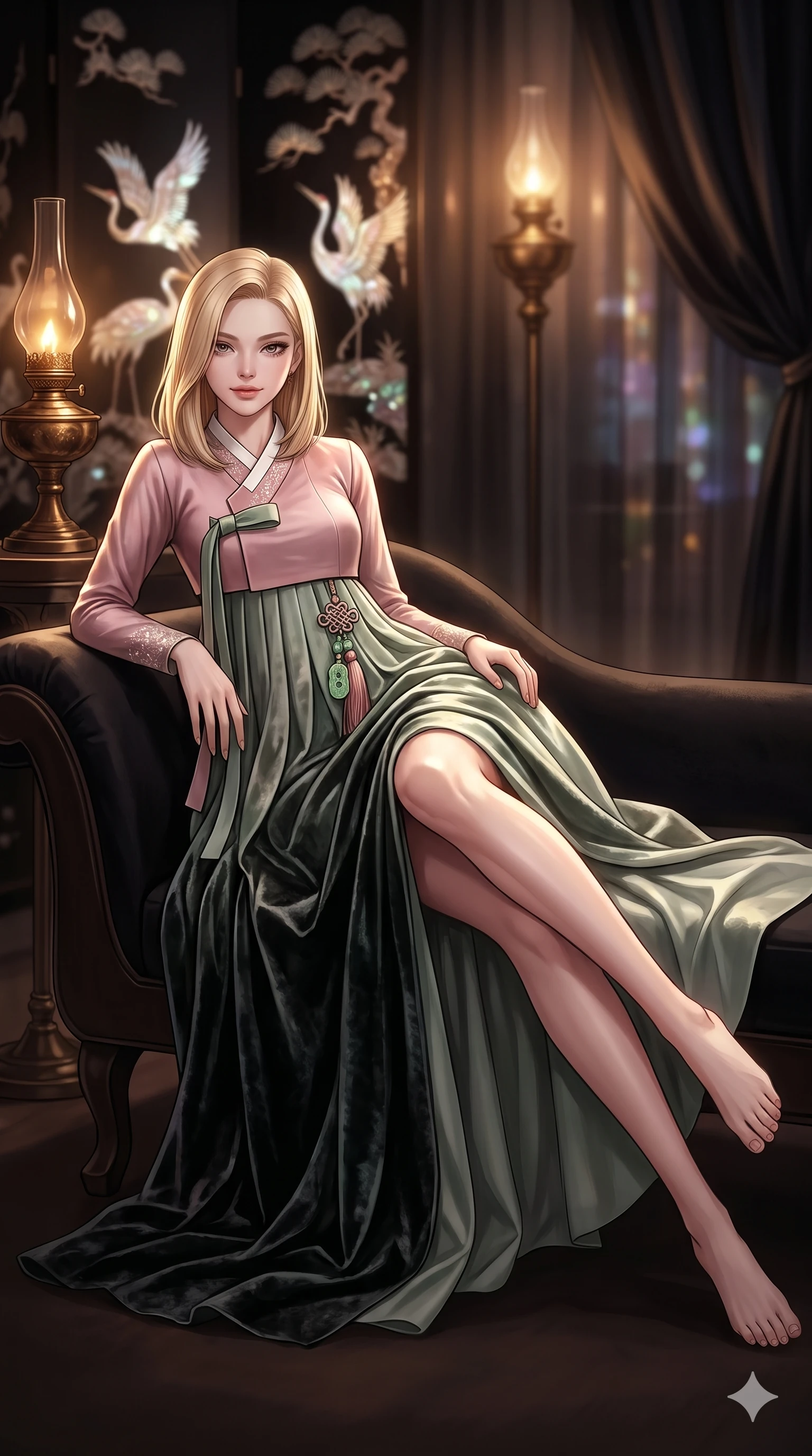score_9, masterpiece, best quality, ultra-detailed, high-budget anime keyframe, editorial fashion photography, tasteful artistic composition, Korean woman. low angle full-body shot from head to toe showing her feet, filling the entire 9:16 vertical frame with her statuesque presence, stretching her vertical silhouette. reclining gracefully across the plush chaise lounge with one leg extended, her sculpted silhouette and flat midriff radiating magnetic nocturnal glamour while twisting her slender torso in an alluring contrapposto stance, rainbow mother-of-pearl reflections contouring her waist and hips. The background shows a soft-focus glistening mother-of-pearl cranes and pine inlay patterns, bronze floor lamps, and silk drapes blurred into iridescent pearl, amber, and obsidian bokeh. She has an absolutely perfect, statuesque 8.5-heads proportion, an exceptionally tall and slender model-like female figure with impossibly long slender legs, an ultra-slim waist, a flat toned midriff, narrow delicate ribcage, and beautifully sculpted feminine hips creating a graceful, slim hourglass silhouette without any bulky heaviness. sharp v-shaped jawline, high-bridge nose, sparkling eyes with hypnotic seductive depth, thick curled eyelashes, glossy parted lips with a natural dewy peach sheen, alluring bedroom-eyes with an enchanting coquettish smile, exuding magnetic siren charisma and sophisticated glamour, flawlessly proportioned anatomical accuracy, strict slender model proportions, natural body alignment, perfectly sculpted long slender limbs, ultra-slim waistline, clean dynamic posture without body distortion. wearing an elegant long-sleeve embroidered silk chima gown with a structured jeogori bodice and graceful pleated drape in soft lotus rose and morning dew sage green, tailored from crushed dark velvet with deep light-absorbing plush texture, finished with authentic carved jade pendants and traditional norigae knots, the impeccably tailored cut draping gracefully along her slender figure with aristocratic eastern poise. bathed in soft moody amber chiaroscuro lighting spilling from ornate bronze oil lamps. ultra-reflective glossy finish, specular highlights, rich textural contrasts, high-contrast stereoscopic depth, volumetric dynamic lighting, 2k, ultra detail, master piece, 9:16 ratio