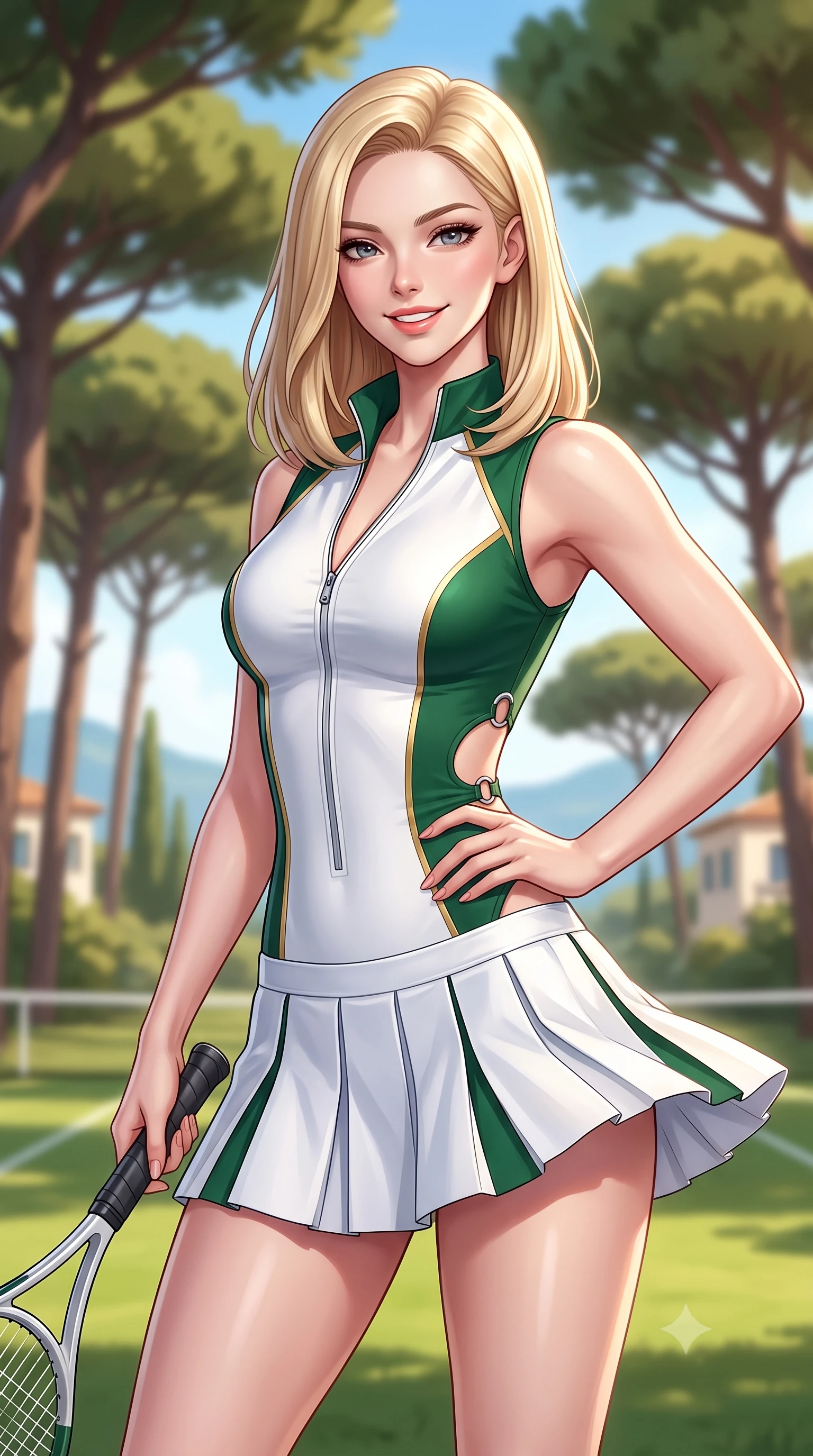 score_9, masterpiece, best quality, ultra-detailed, high-budget anime keyframe, semi-realistic 3D game render, editorial fashion photography, tasteful artistic composition, Korean woman. close-up cowboy shot from the waist and thighs up, the character dominates the composition, filling the frame with her large presence. twisting her slender torso in an alluring contrapposto stance, one hand resting on her sculpted hip while holding a tennis racket with effortless poise while twisting her slender torso in an alluring contrapposto stance among maritime pines, coastal breezes fluttering her pleated tennis skirt. The background shows a soft-focus soaring umbrella pine canopies, sunlit Mediterranean polo lawns, and coastal villas blurred into olive green, champagne, and azure bokeh. She has an exceptionally elegant, slender, and willowy female figure with an ultra-slim waist, flat toned midriff, narrow ribcage, and sculpted feminine hips creating an alluring, slim hourglass silhouette without bulk. sharp v-shaped jawline, high-bridge nose, sparkling eyes with athletic focus and depth, thick curled eyelashes, glossy parted lips with a natural coral-peach sheen, bright confident and coquettish smile with alluring bedroom-eyes, exuding both youthful sporty vigor and sovereign high-society glamour, flawlessly proportioned anatomical accuracy, strict slender model proportions, natural body alignment, perfectly sculpted long slender limbs, ultra-slim waistline, clean dynamic posture without body distortion. wearing a modern paddock jumpsuit with zip-down front collar and high-cut leg openings in sleek stretch jersey in crisp Wimbledon white and British racing green with gold accents, made of smooth liquid-tight stretch jersey emphasizing every curve of her body, finished with sharp laser-cut side ventilation cutouts framed by chrome rings, the liquid-tight tailored fabric clinging flawlessly to her narrow waist and rounded feminine hips, emphasizing every millimeter of her sculpted slim hourglass curves without any bulky heaviness. illuminated by polished car aluminum bounce and sharp platinum rim lights defining her razor-sharp jawline, narrow waist, and curvy hips. highly saturated vibrant anime colors, detailed shading with soft gradients, rich glossy textures, high-contrast stereoscopic depth, volumetric dynamic lighting, master piece, 9:16 ratio