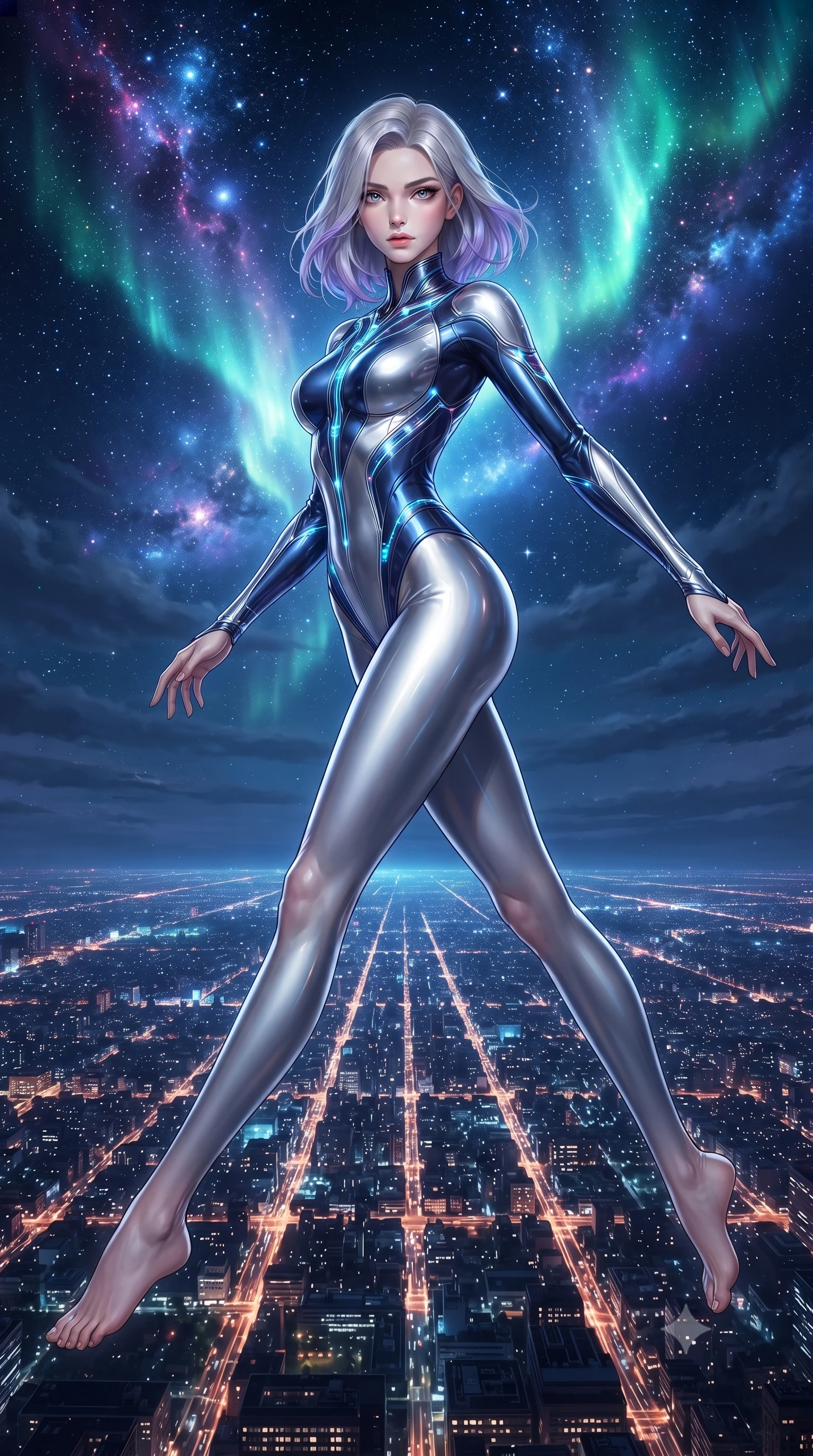 score_9, masterpiece, best quality, ultra-detailed, high-budget anime keyframe, editorial fashion photography, tasteful artistic composition, Caucasian woman. low angle full-body shot from head to toe showing her feet, filling the entire 9:16 vertical frame with her statuesque presence, stretching her vertical silhouette. performing an alluring mid-air vault with flawless poise, looking directly into the camera with regal, divine intensity while arching her spine in a fluid stretch under the vast cosmic aurora with endless city light grids stretching below. The surrounding environment is rendered in vivid detail and crisp panoramic clarity. vibrant high-contrast night skyline and electrifying cosmic phenomena rendered in panoramic precision. She has an absolutely perfect, statuesque 8.5-heads proportion, an exceptionally tall and slender model-like female figure with impossibly long slender legs, a toned flat midriff, and an ultra-slim waist. sharp v-shaped jawline, high-bridge nose, intricate jewel-like eyes with depth, thick eyelashes, glossy lips with a natural sheen, flawlessly proportioned anatomical accuracy, strict slender model proportions, natural body alignment, perfectly sculpted long slender limbs, ultra-slim waistline, clean dynamic posture without body distortion. wearing an aerodynamic sculpted liquid-chrome bodysuit with glowing neon fiber-optic circuitry and an elegant high-fashion cut in liquid platinum silver and deep sapphire blue LED filaments, made of smooth flowing silk chiffon that shifts colors with movement, featuring a sleek aerodynamic collar framed by subtle glowing cybernetic accents, the glove-like aerodynamic second-skin fit tightly clinging to her ultra-slender waist and athletic curves without adding bulk, accentuating her razor-sharp statuesque lines and slim hourglass silhouette. illuminated by crisp white key lighting with sharp specular highlights tracing her ultra-slim waist and long legs. ultra-reflective glossy finish, specular highlights, dark metallic sheen, high-contrast stereoscopic depth, volumetric dynamic lighting, 2k, ultra detail, master piece, 9:16 ratio